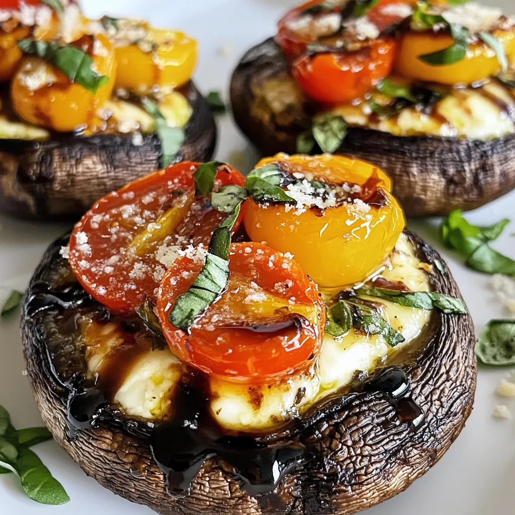 - 4 large portobello mushrooms - 2 cups cherry tomatoes - 1 cup fresh mozzarella balls - 1/4 cup fresh basil leaves - 2 tablespoons balsamic vinegar - 2 tablespoons olive oil - Salt and pepper - 1 clove garlic - 1/4 teaspoon red pepper flakes - 1/4 cup grated Parmesan cheese To make Caprese stuffed portobellos, you need fresh ingredients. Start with large portobello mushrooms. These mushrooms are meaty and hold flavors well. Next, grab cherry tomatoes. They add sweetness and color. Fresh mozzarella balls bring creaminess. Use basil for a fresh, herby taste. Balsamic vinegar and olive oil are key for a tangy kick. Don't forget salt and pepper for seasoning. Minced garlic adds depth. If you like heat, include red pepper flakes. Lastly, grated Parmesan cheese creates a delicious crust on top. Gather these ingredients, and you are ready to create a dish that is both tasty and beautiful! {{ingredient_image_1}} First, preheat your oven to 375°F (190°C). This helps cook the mushrooms evenly. Next, take your large portobello mushrooms. Gently remove the stems with your hands. Make sure to keep the caps whole. Set them aside on a baking sheet lined with parchment paper. This will keep them from sticking. Now, grab a large mixing bowl. In it, combine the halved cherry tomatoes, mozzarella balls, and torn basil leaves. Add minced garlic, balsamic vinegar, and olive oil. If you like a little heat, add red pepper flakes. Season this mixture with salt and pepper. Gently toss everything together until it is well mixed. It’s time to fill the portobello caps. Spoon the Caprese mixture into each mushroom cap. Make sure to fill them generously. Once they are filled, sprinkle grated Parmesan cheese over the top. This adds a tasty finish. Place the baking sheet in the oven. Bake for 20-25 minutes. The mushrooms should be tender, and the cheese should be bubbly and slightly golden. After baking, let them cool for a couple of minutes before serving. When you pick portobello mushrooms, look for ones that are firm and fresh. Check for a smooth cap with no dark spots. The gills should be a nice shade of brown. Fresh mushrooms smell clean and earthy. Avoid any that feel slimy or have wrinkles. To make the flavor pop, add herbs like oregano or thyme. You can also try basil for extra taste. For cheese, fresh mozzarella adds creaminess. If you want a stronger flavor, use goat cheese or feta. A sprinkle of red pepper flakes gives a hint of heat. Serve the stuffed portobellos on a bed of fresh arugula for color. You can drizzle extra balsamic glaze on top for a gourmet touch. Adding a few basil leaves as a garnish looks nice too. This makes your dish not only tasty but also beautiful! Pro Tips Choose the Right Mushrooms: Look for portobello mushrooms that are firm and have a smooth, unblemished surface for the best flavor and texture. Customize Your Fillings: Feel free to add other ingredients like spinach or roasted red peppers to the filling for extra flavor and nutrition. Make Ahead: You can prepare the stuffed mushrooms in advance and refrigerate them. Just bake them right before serving for a quick and easy meal. Serve with a Twist: Try adding a drizzle of pesto on top just before serving for an extra burst of flavor that complements the Caprese ingredients. {{image_2}} For a tasty twist, you can use other veggies. Zucchini or eggplant work well as substitutes. Slice them thick, then stuff just like portobellos. You can also try bell peppers. Their sweet taste pairs great with the Caprese filling. Want to make your dish heartier? Add cooked chicken or shrimp. Simply dice the cooked meat and mix it into the filling. This adds flavor and extra protein. Shrimp adds a nice seafood twist, while chicken keeps it classic. If you're going vegan, it's easy to swap out dairy. Use vegan cheese or skip it altogether. For the mozzarella, try cashew-based cheese. It melts well and tastes great. Instead of Parmesan, use nutritional yeast for a cheesy flavor. Just remember to check all labels for dairy ingredients. To keep your Caprese stuffed portobellos fresh, store them in the fridge. Use an airtight container. They will stay good for up to three days. Make sure they cool down before sealing. This helps avoid extra moisture. You can also layer them with parchment paper to keep them from sticking. When you want to enjoy leftovers, reheat them carefully. The oven is the best choice. Set it to 350°F (175°C). Place the portobellos on a baking sheet. Cover them with foil to keep moisture in. Heat for about 10-15 minutes. This way, the mushrooms stay tender, and the cheese melts again. You can also use a microwave for quick reheating, but the texture may change. You can freeze stuffed portobellos for later. First, let them cool completely. Wrap each one in plastic wrap. Then, place them in a freezer bag. They can last up to three months in the freezer. To thaw, move them to the fridge overnight. After that, reheat them in the oven for the best taste and texture. You can prepare the filling a day before. Mix the tomatoes, cheese, basil, garlic, and dressings. Store this mix in your fridge. Assemble the mushrooms right before baking. This keeps them fresh and tasty. Yes, you can! Try using goat cheese for a tangy twist. Feta cheese also works well and adds a salty bite. If you prefer a creamier texture, use ricotta. Be creative with your choices! These stuffed mushrooms pair well with a simple salad. A fresh arugula salad adds a nice crunch. You can also serve them with garlic bread for a hearty meal or a light pasta for balance. Check for tenderness in the mushrooms. They should feel soft when you gently press them. The cheese on top should be melted and golden brown. If you see bubbling, it’s a great sign too! Caprese stuffed portobellos offer a tasty mix of flavors and textures. We covered ingredients, preparation steps, and helpful tips for success. You can adapt the recipe to fit your needs, whether you want vegetarian options or protein additions. Proper storage and reheating keep your dish fresh and delightful. Enjoy making this flavorful meal that is both simple and satisfying. Now, grab those mushrooms and start creating your delicious Caprese hit!