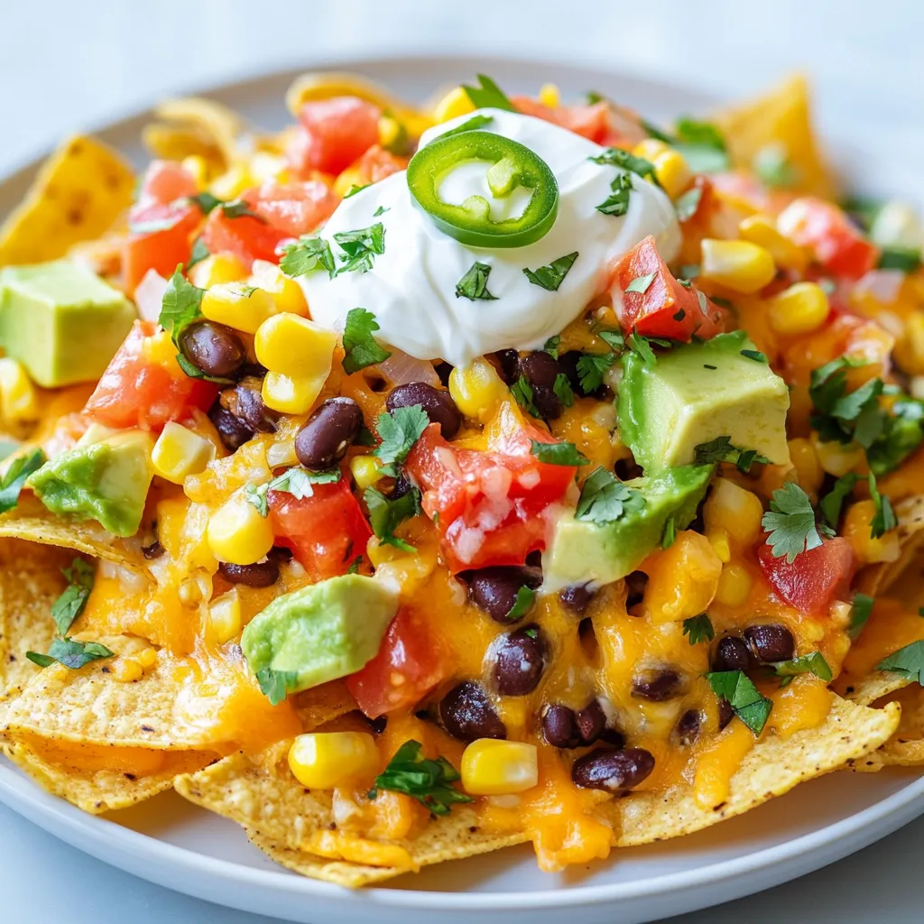 To make loaded veggie nachos, gather these key ingredients: - 1 bag of tortilla chips - 1 cup shredded cheddar cheese - 1 cup black beans, rinsed and drained - 1 cup corn kernels, fresh or canned - 1 medium bell pepper, diced (any color) - 1 jalapeño, sliced (seeds removed for less heat) - 1 ripe avocado, diced - 1/2 cup sour cream or Greek yogurt - 1/4 cup fresh cilantro, chopped - 1 tablespoon olive oil - 1 teaspoon ground cumin - 1 teaspoon chili powder - Salt and pepper to taste These ingredients create a colorful and tasty dish. The cheese melts and binds everything together. The black beans and corn add protein and fiber. Fresh veggies bring crunch and flavor. You can add extra toppings for more flavor. Here are some ideas: - Sliced black olives - Diced tomatoes - Chopped green onions - Sliced radishes - Hot sauce or salsa These toppings let you make each bite unique. Feel free to mix and match for your taste. You will need some simple tools to make these nachos: - Large mixing bowl - Baking sheet - Oven - Knife and cutting board - Spoon for mixing Having the right equipment makes the cooking process easy and fun. Enjoy your cooking! {{ingredient_image_1}} 1. First, preheat your oven to 350°F (175°C). This helps the cheese melt nicely. 2. In a large bowl, mix together black beans, corn, and diced bell pepper. 3. Add jalapeño slices and olive oil to the bowl. Toss it well. 4. Sprinkle in ground cumin, chili powder, salt, and pepper. Stir again until mixed. 5. Spread tortilla chips on a large baking sheet in an even layer. 6. Evenly sprinkle half of the shredded cheddar cheese over the chips. 7. Top the chips with your veggie mixture, spreading it out well. 1. Now, sprinkle the remaining cheddar cheese on top of the veggie layer. 2. Place the baking sheet in the oven. Bake for 10-12 minutes. 3. Keep an eye on it until the cheese is melted and bubbly. 4. Carefully take the nachos out of the oven. Let them cool for a few minutes. 1. Just before serving, add diced avocado on top of the nachos. 2. Spoon sour cream or Greek yogurt over the nachos for creaminess. 3. Finish with a sprinkle of fresh cilantro for a burst of flavor. 4. Serve hot and enjoy with friends or family! You can make your nachos unique. Add any veggies you like. Try black olives, mushrooms, or green onions. You can also switch cheeses. Pepper jack adds a spicy kick. If you love it hot, add more jalapeños. For a sweet touch, try diced pineapple. The options are endless! If you're looking for healthier nachos, swap the chips. Use baked tortilla chips or veggie chips. You can also use whole grain options. Instead of sour cream, use Greek yogurt for a protein boost. Consider adding extra veggies for more nutrients. Spinach or zucchini make tasty choices. To melt cheese perfectly, use shredded cheese instead of slices. Shredded cheese melts better and faster. Spread it evenly over the nachos for great coverage. If you want extra gooeyness, mix cheeses. A blend of cheddar and mozzarella works well. Bake the nachos until the cheese is bubbly, around 10-12 minutes. This will help create that delicious, cheesy layer you crave! Pro Tips Use Fresh Ingredients: Fresh vegetables and ripe avocados will enhance the flavor of your nachos, making them more vibrant and delicious. Layer Wisely: To prevent soggy chips, layer your toppings strategically. Start with cheese, then add the veggie mixture, followed by another layer of cheese. Customize the Heat: Adjust the spiciness to your liking by leaving the seeds in the jalapeño or adding more spicy toppings like diced chili peppers. Make Ahead: You can prepare the veggie mixture in advance and store it in the refrigerator. Assemble and bake the nachos just before serving for a fresh taste. {{image_2}} You can easily change the flavor of your Loaded Veggie Nachos. Try adding some roasted red peppers or olives for a Mediterranean touch. For a sweet twist, add pineapple chunks. You can use different types of cheese, like pepper jack for spice or mozzarella for a milder taste. Want a vegan version? Skip the cheese and sour cream. Instead, use cashew cream or a store-bought vegan cheese. Nutritional yeast adds a cheesy flavor without dairy. You can also swap the sour cream for mashed avocado or a dairy-free yogurt. Adjust the heat to fit your taste. If you love spice, keep the jalapeño seeds in. You can add sliced fresh chili peppers or a spicy salsa. For a milder dish, use bell peppers only. You can also remove the jalapeño altogether for a friendly flavor. To store leftover loaded veggie nachos, place them in an airtight container. Make sure they are cool before sealing. Store them in the fridge. They will keep well for about 2-3 days. If you want to keep the toppings fresh, store them separately. To reheat your nachos, preheat the oven to 350°F (175°C). Spread the nachos on a baking sheet. Bake for about 5-7 minutes. This will help the cheese melt again and make them crispy. You can also use a microwave, but they may get soft. Heat them for 30 seconds to 1 minute. Check often to avoid overcooking. Freezing nachos is not the best option. The chips can get soggy when thawed. If you want to freeze, store the veggie mix and chips separately. Place each in a freezer-safe bag. Use them within a month for the best taste. When ready, thaw the veggie mix and bake fresh chips for a crispy meal. Yes, you can prep the veggie mix ahead. Combine black beans, corn, bell pepper, and jalapeño. Store it in the fridge for up to one day. Keep the chips and cheese separate until you bake. This way, they stay crisp and the cheese melts perfectly. If you want a different cheese, try Monterey Jack or mozzarella. Both melt well. You can also use vegan cheese for a dairy-free option. Nutritional yeast gives a cheesy flavor without dairy. Use gluten-free tortilla chips. Most brands offer these chips. Always check the label for gluten-free certification. This ensures everyone can enjoy your nachos without worry. Absolutely! You can add zucchini, mushrooms, or olives. Even diced tomatoes work well. Feel free to mix your favorite veggies for extra flavor and color. Start with a base of tortilla chips. Sprinkle half the cheese first. Next, add the veggie mix evenly. Finish with the rest of the cheese on top. This layering helps all the flavors blend well and keeps each bite delicious. This post covered all the details to make delicious loaded nachos. We discussed key ingredients, optional toppings, and the gear you need. I shared easy steps for prep, baking, and serving suggestions. You learned tips for customizing flavors and healthier choices, plus how to store and reheat leftovers. Remember, nachos are fun to make any way you like. Enjoy trying out these ideas and impressing your friends with tasty nachos!