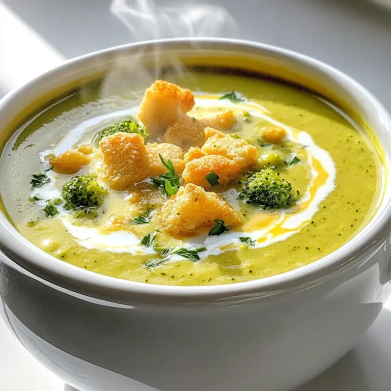 For my creamy broccoli cheddar soup, I use: - 4 cups fresh broccoli florets - 1 medium onion, diced - 2 carrots, diced - 3 cloves garlic, minced These fresh veggies add great flavor and texture. The broccoli gives it that rich green color. Carrots add a slight sweetness, while onion and garlic bring depth. You will also need: - 4 cups vegetable broth - 1 cup heavy cream - 2 cups shredded sharp cheddar cheese - 1 teaspoon dried thyme - 1 teaspoon salt (or to taste) - ½ teaspoon black pepper (or to taste) - 1 tablespoon olive oil These pantry items help create a creamy base. The vegetable broth keeps it light, while the heavy cream makes it rich. Sharp cheddar adds a wonderful cheesy flavor. For a little extra flair, consider: - Croutons - Fresh parsley These garnishes make your soup look beautiful. Croutons add crunch, and parsley brings a fresh touch. Enjoying this soup will feel special with these simple toppings. Start by adding the diced onion, carrots, and minced garlic into your slow cooker. Drizzle the olive oil over them. Mix gently to coat the veggies well. This step adds flavor and helps them cook evenly. Next, place the fresh broccoli florets on top of the onion mixture. The bright green color will stand out and make your soup look inviting. Pour in the vegetable broth. This liquid is key for a rich flavor. Then, sprinkle the dried thyme, salt, and pepper over the top. Stir everything gently to combine. Cover the slow cooker. Cook on low for about 6-7 hours or on high for 3-4 hours. You want the broccoli and other vegetables to be tender. Once the cooking time is up, blend the soup. You can use a hand immersion blender or transfer it to a regular blender in batches. Blend until the soup is smooth and creamy. Now, stir in the heavy cream and shredded cheddar cheese. Let it cook on low for another 30 minutes. This helps the cheese melt and makes the soup rich. Finally, taste the soup and adjust the salt and pepper if needed. Your creamy broccoli cheddar soup is ready to serve. Ladle it into bowls and add croutons and fresh parsley if you like. Enjoy! To boost flavor, try adding spices. A pinch of cayenne can give heat. You can also swap dried thyme for fresh thyme. Fresh herbs add a bright taste. Consider adding a splash of lemon juice at the end. It brightens the soup and adds a fresh twist. Serve your creamy broccoli cheddar soup with crusty bread. A warm baguette or sourdough works great. You can also add croutons for extra crunch. Fresh parsley adds color and freshness. For a fun touch, serve it in a bread bowl! If your soup is too thick, add more broth or cream. Blend it more for a smoother texture. If it’s too thin, let it cook longer to thicken. Adjust salt and pepper after blending for the best taste. Always taste your soup before serving; it makes a big difference! {{image_2}} You can switch up the cheese in your creamy broccoli cheddar soup. If you want a milder taste, try using mozzarella. For a sharper flavor, go with Gruyère. You can also use vegan cheese if you prefer a dairy-free option. Just make sure it melts well for that creamy texture. Feel free to add more veggies to your soup. Cauliflower pairs nicely with broccoli for extra creaminess. Try adding chopped spinach for some color and nutrition. You can also toss in some peas or corn for a touch of sweetness. Just remember to keep the ratios balanced so the soup stays smooth. To make a vegan version, swap the heavy cream for coconut milk or cashew cream. Use vegetable broth that is gluten-free to keep the soup safe for gluten-free diets. For the cheese, choose a plant-based alternative. With these changes, you can enjoy a creamy soup that fits your diet. After enjoying your creamy broccoli cheddar soup, let it cool down. Pour the soup into an airtight container. Make sure to seal it tightly. Store the container in the fridge. Your soup should last for about 3 to 4 days. When you're ready to eat it again, just grab it from the fridge. If you want to keep the soup longer, freezing is a great option. First, let the soup cool completely. Then, use freezer-safe containers or bags. Leave some space at the top for expansion. The soup can stay fresh in the freezer for up to 3 months. When you’re ready to enjoy it again, just take it out and thaw it in the fridge overnight. To warm up your soup, you can use the stove or microwave. If using the stove, pour the soup into a pot. Heat it over medium-low heat. Stir often until it’s hot. If using the microwave, place the soup in a microwave-safe bowl. Cover it loosely and heat in short bursts. Stir between heating to ensure it warms evenly. Enjoy your creamy broccoli cheddar soup again! Yes, you can use frozen broccoli in this soup. Frozen broccoli cooks well in the slow cooker. It saves time and still tastes great. Just add it in the last hour of cooking. This way, it stays bright green and tender. To thicken your soup, there are a few simple tricks. You can add more cheese for a richer flavor. You can also mix in a cornstarch slurry. Just mix one tablespoon of cornstarch with two tablespoons of cold water. Stir this mixture into the soup and cook for 10 more minutes. Blending in more broccoli works too. This adds texture and thickness while keeping the flavor strong. You can add a lot of fun ingredients to this soup. Try adding cooked chicken for extra protein. You can also toss in some cooked bacon for a smoky taste. Want a bit of spice? Add some red pepper flakes or a dash of hot sauce. For extra veggies, try adding peas or corn. All these additions can make your soup even more tasty and unique! This blog post shared key tips for making a tasty creamy soup. We explored fresh ingredients, pantry staples, and optional garnishes to boost flavor. I provided step-by-step instructions for prep, cooking, and getting the creamy texture you desire. You learned helpful tips, variations to customize, and proper storage advice. Embrace your creativity in the kitchen. Enjoy experimenting with flavors and make this soup your own!
