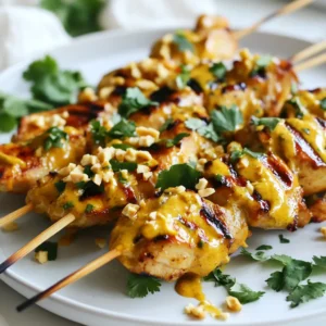 - 500g chicken breast, cut into thin strips - 3 tablespoons soy sauce - 2 tablespoons lime juice - 1 tablespoon brown sugar - 1 tablespoon grated fresh ginger - 2 garlic cloves, minced - 1 teaspoon turmeric powder - Wooden skewers (soaked in water for 30 minutes) For the marinade, I use chicken breast because it cooks quickly and stays juicy. The marinade is a mix of flavors. Soy sauce adds saltiness, while lime juice gives a nice tang. Brown sugar balances these flavors with sweetness. Ginger and garlic add warmth, and turmeric gives a lovely color. - 1/2 cup natural peanut butter - 1/4 cup coconut milk - 2 tablespoons soy sauce - 2 tablespoons lime juice - 1 tablespoon honey or maple syrup - 1 teaspoon chili paste (adjust to taste) - Crushed peanuts and fresh cilantro for garnish For the peanut sauce, natural peanut butter provides creaminess. Coconut milk adds richness. The soy sauce and lime juice here create a savory base. Honey or maple syrup sweetens the sauce, while chili paste adds heat. You can adjust the chili for your taste. Garnishing with crushed peanuts and cilantro enhances both flavor and look. {{ingredient_image_1}} First, gather your marinade ingredients. You need: - 3 tablespoons soy sauce - 2 tablespoons lime juice - 1 tablespoon brown sugar - 1 tablespoon grated fresh ginger - 2 minced garlic cloves - 1 teaspoon turmeric powder In a bowl, mix all these ingredients together. Stir well until the sugar dissolves and the marinade is smooth. This mix gives flavor to the chicken. Next, add the chicken strips to the marinade. Make sure each piece is covered well. Cover the bowl with plastic wrap or a lid. Let it marinate for at least 30 minutes. If you have time, marinate it overnight in the fridge for even more flavor. Now, it’s time to grill! First, preheat your grill or grill pan over medium-high heat. This step is key for getting nice grill marks. While the grill heats, take your soaked wooden skewers. Thread the marinated chicken strips onto the skewers. Pack them closely together, but not too tight. This allows heat to circulate and cook the chicken evenly. Once your grill is hot, place the skewers on it. Grill the chicken for about 5-7 minutes on each side. Look for nice grill marks and check that the chicken is cooked through. It should reach an internal temperature of 165°F. While the chicken grills, let’s make the peanut sauce. Gather these ingredients: - 1/2 cup natural peanut butter - 1/4 cup coconut milk - 2 tablespoons soy sauce - 2 tablespoons lime juice - 1 tablespoon honey or maple syrup - 1 teaspoon chili paste (adjust to taste) In a small saucepan, whisk together the peanut butter, coconut milk, soy sauce, lime juice, honey, and chili paste. Cook this mixture over low heat. Keep whisking until it is smooth. This sauce adds a rich flavor that pairs perfectly with the chicken. Once the chicken is done, take it off the grill. Serve it warm with the peanut sauce drizzled on top or in a bowl for dipping. Enjoy your delicious Thai Peanut Chicken Satay! To get the best flavor, marinate your chicken for at least 30 minutes. If you have time, marinating overnight gives deeper flavor. You can adjust the taste by adding more lime juice for tang or sugar for sweetness. Feel free to play with the garlic or ginger for a stronger kick. For nice grill marks, make sure your grill is hot before adding the skewers. Place the skewers at an angle on the grill. Flip them only once to get good marks. To check if the chicken is done, cut a piece in the thickest part. The meat should be white all the way through with no pink. These skewers pair well with jasmine rice or a fresh cucumber salad. You can also serve with dipping bowls of peanut sauce. For a fun presentation, arrange skewers on a large platter and sprinkle crushed peanuts and cilantro on top. This makes a bright and inviting dish for any table. Pro Tips Marinate Longer for Flavor: For the best taste, marinate the chicken overnight. This allows the flavors to penetrate deeply, resulting in a more flavorful dish. Soak Skewers Properly: Ensure you soak wooden skewers for at least 30 minutes before grilling. This prevents them from burning on the grill and helps your chicken stay secure while cooking. Adjust the Heat: If you prefer a spicier peanut sauce, increase the amount of chili paste gradually. Always taste as you go to find your perfect balance. Garnish for Presentation: Garnishing with crushed peanuts and fresh cilantro not only enhances presentation but also adds texture and freshness to the dish. {{image_2}} You can switch the chicken with shrimp or tofu. Shrimp cooks quick and adds a nice flavor. Simply marinate the shrimp as you would the chicken. For tofu, use firm tofu and press it to remove excess water. Cut it into strips and marinate. Vegetarian options give you great flexibility. You can use vegetables like bell peppers, zucchini, or mushrooms. These can be skewered alongside the tofu or on their own. The marinade works well to infuse flavor. For a spicy kick, you can try a spicier peanut sauce. Just add more chili paste or fresh chilies. This makes the dish more exciting for those who love heat. If you need a nut-free option, you can use sunflower seed butter. It has a similar creamy texture. Mixing it with coconut milk keeps the sauce smooth and tasty. You can serve these skewers as appetizers or as a main course. As appetizers, make smaller skewers for easy eating. For a main dish, serve larger skewers and pair with rice or noodles. Don’t forget to skewer different vegetables. Cherry tomatoes, onions, or eggplant can add color. Grilling these adds a smoky taste that pairs well with the chicken and peanut sauce. To store your leftovers, place the chicken skewers in an airtight container. Make sure they are cool before sealing. This method helps keep them fresh. Store in the fridge for up to three days. If you plan to eat them later, it’s best to freeze them. When reheating, the microwave is quick but may dry out the chicken. Instead, use the oven for a better result. Preheat your oven to 350°F (175°C). Place the skewers on a baking sheet and cover with foil. Heat for about 10-15 minutes. This keeps the chicken juicy and flavorful. To freeze, wrap each chicken skewer tightly in plastic wrap. Place them in a freezer bag, removing as much air as possible. For the peanut sauce, store it in a separate container. It freezes well for up to two months. When you're ready to eat, thaw the skewers in the fridge overnight. Reheat them in the oven as mentioned above. For the sauce, warm it on low heat until smooth. Enjoy your delicious meal again! Yes, you can prepare Thai Peanut Chicken Satay ahead of time. It is great for meal prep. You can marinate the chicken strips the night before. This gives the meat more flavor. Store the marinated chicken in the fridge until you are ready to grill. You can also make the peanut sauce in advance. Just keep it in an airtight container in the fridge. When you are ready to serve, just reheat the sauce and grill the chicken. This way, you save time on busy days. If you have a peanut allergy, you can use sunflower seed butter. It has a similar creamy texture. Almond butter is another good option. It gives a nutty taste that works well. You can also try tahini, which is made from sesame seeds. This will change the flavor, but it still tastes great. Just pick a substitute that you enjoy. Adjust the other sauce ingredients as needed for balance. The spice level really depends on your taste. The recipe calls for chili paste, which adds heat. If you like it mild, start with less chili paste. You can always add more later. If you want it spicier, use more chili paste or add red pepper flakes. Taste the sauce as you mix it. This way, you get the heat just right for you. Remember, everyone’s spice tolerance is different. Adjust to suit your own taste buds. Thai Peanut Chicken Satay is simple and tasty. We reviewed essential ingredients, like chicken and peanut sauce components. We covered making a great marinade, grilling tips, and perfecting your dish. Variations allow you to use different proteins and flavors, while smart storage keeps leftovers fresh. In my experience, try new twists and enjoy the fun. With these tips, you will impress everyone. Enjoy making this dish and share it with friends!