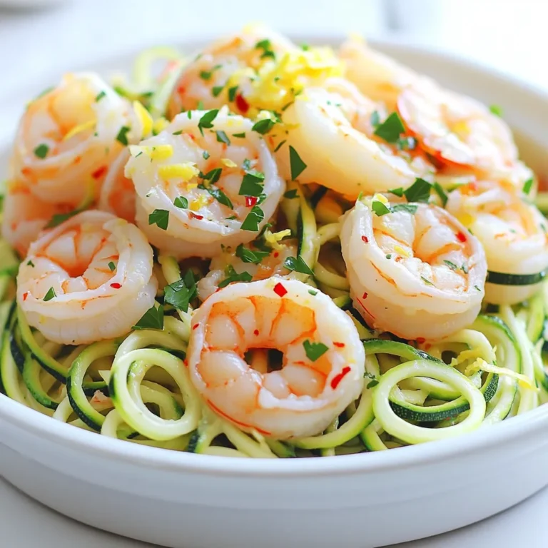 - 2 medium zucchini, spiralized into zoodles - 1 lb shrimp, peeled and deveined - 4 cloves garlic, minced - 1/4 cup vegetable broth - 2 tablespoons olive oil - 1 tablespoon lemon juice - 1 teaspoon red pepper flakes (adjust to taste) - Salt and pepper to taste - Fresh parsley, chopped for garnish - Zest of 1 lemon - Zucchini: Use 2 medium ones for plenty of zoodles. - Shrimp: One pound gives a good amount for two servings. - Garlic: Four cloves add a nice, strong flavor. - Vegetable broth: A quarter cup keeps things moist and tasty. - Olive oil: Two tablespoons help cook the garlic and shrimp. - Lemon juice: One tablespoon brightens the dish. - Red pepper flakes: One teaspoon adds a spicy kick but adjust as needed. - Salt and pepper: Use to taste for a perfect balance. - Fresh parsley: A sprinkle on top makes it pretty. - Lemon zest: One lemon's zest adds freshness and zing. - Zucchini: You can use yellow squash or carrots if you don't have zucchini. - Shrimp: Chicken or tofu works well if you want a different protein. - Garlic: Garlic powder can replace fresh garlic in a pinch. - Vegetable broth: Chicken broth is a great swap for more flavor. - Olive oil: Avocado oil can be used for a different taste. - Lemon juice: Lime juice can give it a fun twist. - Red pepper flakes: Use a dash of hot sauce if you want more heat. - Fresh parsley: Basil or cilantro can add a unique flavor too. 1. Start by spiralizing the zucchini. You want two medium zucchinis. This makes your zoodles. They should look like thin noodles. 2. Next, peel and devein your shrimp. Use about one pound. This step is key for a tender bite. 3. Mince four cloves of garlic. The garlic adds a rich flavor to the dish. 4. Gather your other ingredients: vegetable broth, olive oil, lemon juice, red pepper flakes, salt, pepper, and parsley. You’ll need these for cooking. 1. Heat two tablespoons of olive oil in a large skillet. Use medium heat. 2. Add the minced garlic and one teaspoon of red pepper flakes. Sauté for one minute until fragrant. 3. Turn the heat to medium-high. Add the shrimp to the skillet. Cook for about two to three minutes on each side until they turn pink. 4. Pour in one-fourth cup of vegetable broth. Stir to combine. Let it simmer for two minutes to blend the flavors. 5. Add the spiralized zoodles to the skillet. Toss them in the shrimp and broth mixture. Cook for another two to three minutes. You want them tender but still a bit crunchy. 1. Remove the skillet from heat. Stir in one tablespoon of lemon juice and the zest of one lemon. 2. Season with salt and pepper to taste. This adds a fresh, bright flavor. 3. Serve immediately. Garnish with chopped parsley for a pop of color. Enjoy your delicious Shrimp Scampi Zoodles! To make great zoodles, choose medium zucchini. Look for ones that feel firm. Spiralize them just before cooking. This keeps them fresh and crunchy. Sauté them for only a few minutes. Overcooking makes them mushy. You want a nice bite in every forkful. When cooking shrimp, heat your pan well. Use medium-high heat for best results. Add shrimp in a single layer. This helps them cook evenly. Wait until they turn pink, which takes about 2-3 minutes on each side. If you overcook shrimp, they become tough. Trust me, you don’t want that! Garnish your dish with fresh parsley. It adds color and a burst of flavor. You can also add lemon zest for brightness. For extra heat, sprinkle on more red pepper flakes. If you want, mix in some cherry tomatoes or spinach. These add color and nutrients. Enjoy making it your own! {{image_2}} If you want to keep it low-carb, zoodles are your best friend. You can also use spaghetti squash. It has a nice texture and works well with the sauce. Another option is to use palmini noodles, made from hearts of palm. They are low in carbs and very easy to cook. Just drain and rinse before adding them to your dish. To add some heat, increase the red pepper flakes. You can also add sliced jalapeños or a dash of hot sauce. For a smoky flavor, try adding a bit of smoked paprika. This gives your dish a rich depth. Adjust the spice level to fit your taste buds. You can make it as spicy or mild as you like. If you want a veggie dish, skip the shrimp. You can use mushrooms or tofu instead. Both soak up flavor well and add great texture. Mix in some bell peppers or asparagus for extra crunch. You can also add chickpeas for protein. They make the dish filling and tasty. With these swaps, you can enjoy a delicious meal without meat. After enjoying your shrimp scampi zoodles, you can store leftovers easily. Place any uneaten zoodles and shrimp in an airtight container. Make sure to cool the dish to room temperature first. Store it in the fridge for up to three days. The zoodles may lose some crunch, but the flavor remains tasty. If you want to keep shrimp scampi zoodles longer, freezing is a great option. However, I recommend freezing the shrimp and zoodles separately. This way, you keep the zoodles from getting mushy. For the shrimp, place them in a freezer-safe bag, removing as much air as possible. Freeze for up to three months. For zoodles, place them in another bag or container. Use them within two months for the best flavor. Reheating shrimp scampi zoodles is simple. You can use a skillet or microwave. If you choose a skillet, heat it over medium heat. Add a splash of broth or olive oil to keep things moist. Toss in the zoodles and shrimp, cooking until heated through. If you use a microwave, place the dish in a microwave-safe container. Heat in 30-second intervals, stirring in between, until warm. Enjoy your tasty meal again! Yes, you can use regular pasta. Just cook it according to the package. Zoodles offer a fresh twist and fewer carbs. They’re light and healthy, which is great for a meal. If you prefer pasta, feel free to swap it in. Just remember that cooking times will differ. If you don't want shrimp, try chicken or tofu. Both options work well in this dish. You can also use scallops or fish for a different taste. Each protein will bring unique flavors. Just adjust the cooking time based on what you choose. You can make zoodles using a vegetable peeler. Just peel the zucchini into long strips. Another option is to use a box grater. Grate the zucchini, and you’ll get thin noodles. Both methods give you delicious zoodles without a spiralizer. This blog post covered all you need to know about making zoodles and shrimp. We listed ingredients, measurements, and even some easy swaps. You learned step-by-step instructions to prepare and cook your dish, plus extra tips for perfect flavor. We explored fun variations, storage info, and answered common questions. Enjoy creating this tasty meal, and don’t hesitate to try your own twists! Happy cooking!