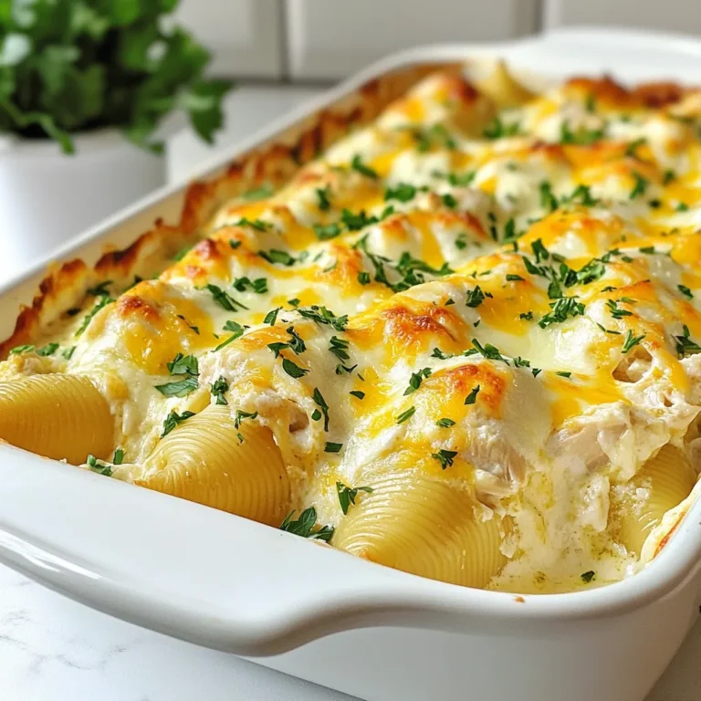 To make Chicken Alfredo Stuffed Shells, you need a few key ingredients: - 12 jumbo pasta shells - 2 cups cooked chicken, shredded - 1 cup ricotta cheese - 1 cup mozzarella cheese, shredded - ½ cup Parmesan cheese, grated - 2 cups Alfredo sauce - 1 teaspoon garlic powder - Salt and pepper to taste These ingredients create a creamy, rich flavor. The chicken brings protein, while the cheeses add creaminess. The jumbo shells hold the filling well and make serving easy. You can add your twist to this dish with optional ingredients: - Fresh spinach or kale for greens - Sun-dried tomatoes for a burst of flavor - Different cheeses like fontina or gouda - Fresh herbs like basil or thyme These options let you customize the recipe to your taste. Adding greens boosts nutrition, while different cheeses can change the flavor profile. Choose fresh ingredients for the best taste. Here are some tips: - Look for pasta shells that are firm and not broken. - Select chicken that is cooked and shredded just before use. - Use whole milk ricotta for a creamier filling. - Choose high-quality cheeses for richer flavor. - Check the Alfredo sauce for simple, clean ingredients. Fresh, quality ingredients make your dish shine. They improve texture and enhance overall flavor. Enjoy the cooking process and feel free to experiment! {{ingredient_image_1}} First, set your oven to 350°F (175°C). This will help cook the shells evenly. Next, fill a large pot with salted water and bring it to a boil. Once boiling, add your jumbo pasta shells. Cook them for about 10-12 minutes until they are al dente. After cooking, drain the shells and let them cool slightly. This step makes them easier to handle later. In a large mixing bowl, combine the cooked chicken and cheeses. Add 1 cup of ricotta cheese, half a cup of shredded mozzarella, and half a cup of grated Parmesan cheese. Then, add 1 teaspoon of garlic powder, along with salt and pepper to taste. Mix everything well until fully combined. This filling will bring rich flavors to your stuffed shells. Take each cooled pasta shell and fill it with the chicken and cheese mixture. Be gentle to avoid tearing the shells. Place the stuffed shells into a greased baking dish. Make sure they fit snugly but aren’t overcrowded. Once all the shells are filled, pour 2 cups of Alfredo sauce evenly over them. This sauce adds creaminess and depth to the dish. Cover the baking dish with aluminum foil and put it in the preheated oven. Bake for 25 minutes. After that, remove the foil and sprinkle the remaining mozzarella and Parmesan on top. Bake for an additional 10-15 minutes until the cheese is bubbly and golden. This will give your dish a delicious, cheesy crust that everyone will love. Making your own Alfredo sauce is easy and fun. Start with these simple steps: - Melt ½ cup of butter in a saucepan over low heat. - Add 1 cup of heavy cream and stir. - Mix in 1 cup of grated Parmesan cheese. - Keep stirring until the cheese melts. - Season with salt, pepper, and garlic powder to taste. This sauce is rich and creamy. It tastes great in the stuffed shells. You can adjust the flavors to your liking. Having the right tools makes cooking easier. Here are some must-haves: - Large pot for boiling pasta. - Large mixing bowl for the filling. - Baking dish for the stuffed shells. - Measuring cups and spoons for accuracy. - Wooden spoon for mixing. - Aluminum foil to cover the dish while baking. These tools help you create the best Chicken Alfredo Stuffed Shells. Avoid these mistakes for perfect stuffed shells: - Overcooking the pasta can make it mushy. Cook it al dente. - Not cooling the shells can lead to messy stuffing. Let them cool a bit. - Skipping seasoning can make the dish bland. Don’t forget salt and pepper. - Using too much sauce can make it soggy. Use just enough to coat. Being aware of these tips will help you make the best Chicken Alfredo Stuffed Shells. Pro Tips Use Fresh Ingredients: Fresh herbs and high-quality cheeses will elevate the flavor of your stuffed shells, making them taste even more delicious. Don’t Overcook the Pasta: Cooking the pasta shells until just al dente ensures that they hold their shape when stuffed and baked, preventing a mushy texture. Experiment with Fillings: Feel free to mix in vegetables like spinach or mushrooms into the filling for added nutrition and flavor. Let it Rest: Allow the dish to cool for a few minutes after baking; this helps the cheese set and makes serving easier. {{image_2}} If you want a meat-free meal, try using spinach and ricotta. Combine 2 cups of fresh spinach with 1 cup of ricotta cheese. Mix in some garlic powder and herbs for added flavor. You can also add mushrooms for a nice texture. This mix fills the shells well and tastes great with Alfredo sauce. For those who like heat, add some spice! Use pepper jack cheese instead of mozzarella. You can mix in diced jalapeños or crushed red pepper flakes into the chicken filling. This adds a nice kick. Another option is to mix in a bit of hot sauce with the Alfredo sauce for a spicy twist. If you're gluten-free, you can still enjoy this dish. Look for gluten-free pasta shells at your store. Many brands offer great options. Make sure your Alfredo sauce is also gluten-free. You can make your own sauce using gluten-free flour or cornstarch. This way, you can enjoy Chicken Alfredo Stuffed Shells without worry. Storing leftover stuffed shells is simple. First, let them cool to room temperature. Then, place them in an airtight container. Be sure to cover the shells with extra Alfredo sauce to keep them moist. Store them in the fridge for up to three days. This keeps the taste fresh and delicious. You can freeze stuffed shells for a quick meal later. Start by preparing the shells as normal. Instead of baking, place them in a freezer-safe dish. Cover them tightly with plastic wrap and foil. They can stay in the freezer for up to three months. When you want to eat them, just thaw in the fridge overnight before baking. Reheating stuffed shells is easy. Preheat your oven to 350°F (175°C). Place the shells on a baking dish. Add a splash of Alfredo sauce to prevent drying. Cover the dish with foil. Bake for about 20 minutes until hot and bubbly. This method keeps the flavors rich and the cheese melty. Enjoy your delicious meal! Yes, you can use different cheeses. Try using cream cheese for a creamier texture. You can also mix in cheddar or gouda for extra flavor. Just keep the total amount the same to maintain balance. To make this dish ahead, prepare everything until the baking step. Stuff the shells and place them in a baking dish. Cover it tightly with foil and store it in the fridge. When ready, just bake it straight from the fridge. You can use cooked turkey or even shredded pork. For a plant-based option, try using lentils or chickpeas. Adjust the seasoning to keep the flavor delicious. Yes, you can make it dairy-free. Use dairy-free cheese and a non-dairy Alfredo sauce. You can also blend cashews to create a creamy sauce. These stuffed shells last about 3 to 4 days in the fridge. Make sure they are in an airtight container to keep them fresh. Absolutely! Spinach, mushrooms, or bell peppers work great. Sauté them first to soften them and enhance the flavor. Mix them into the filling for some added nutrition. In this blog post, we covered all you need to make Chicken Alfredo Stuffed Shells. We explored the essential and optional ingredients to customize your dish. You learned step-by-step instructions for cooking and assembling. Plus, we shared tips for making homemade sauce, avoiding common mistakes, and storing leftovers. These delicious stuffed shells are a hit for any meal. Remember, you can mix and match ingredients to fit your taste. Enjoy making and sharing this dish with family and friends!