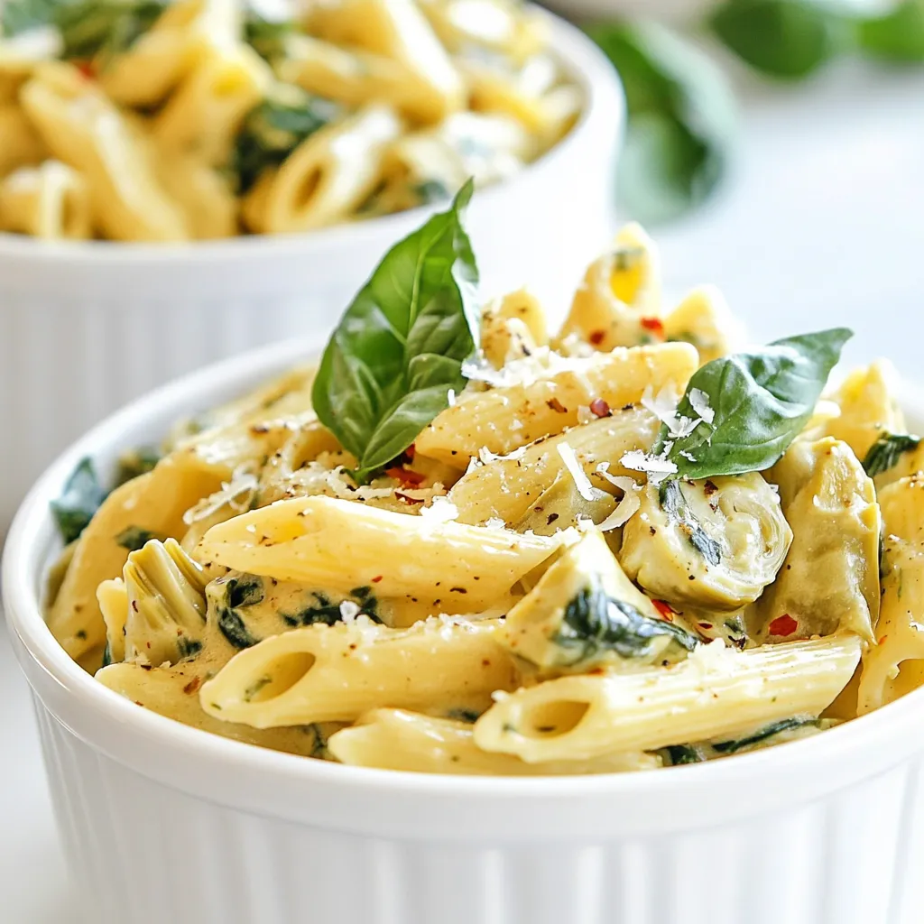 To make this creamy pasta, you need a few key items. Here’s what you'll need: - 8 oz (225g) pasta of your choice (like fettuccine or penne) - 1 cup fresh spinach, chopped - 1 cup canned artichoke hearts, drained and chopped - 1 tablespoon olive oil - 3 cloves garlic, minced - 1 cup heavy cream (or coconut cream for a dairy-free option) - 1 cup cream cheese, softened - 1/2 cup grated Parmesan cheese (or nutritional yeast for a vegan option) - Salt and pepper to taste - Red pepper flakes (optional, for heat) - Fresh basil, for garnish You can add more flavor to your pasta with some optional ingredients. Here are a few ideas: - Cooked chicken or shrimp for extra protein - Cherry tomatoes for a burst of freshness - Mushrooms for an earthy touch If you have dietary needs, don’t worry. You can swap some ingredients easily: - For a vegan dish, use coconut cream and nutritional yeast. - Gluten-free pasta works well in this recipe. - If you're lactose-free, try a dairy-free cream cheese alternative. These options let you enjoy creamy spinach artichoke pasta no matter your diet! {{ingredient_image_1}} First, bring a large pot of water to a boil. Add salt to the water to flavor the pasta. Cook 8 oz of your favorite pasta, like fettuccine or penne, until it is al dente. This usually takes about 8 to 10 minutes. Once done, drain the pasta, but save about 1 cup of the pasta water for later. Set the pasta aside. Next, heat 1 tablespoon of olive oil in the same pot or a large skillet over medium heat. Add 3 cloves of minced garlic and sauté for about 1-2 minutes. You want it fragrant, not burnt. Then, stir in 1 cup of chopped fresh spinach and 1 cup of chopped artichoke hearts. Cook this mixture for 3-4 minutes. The spinach should wilt down, and everything should blend well together. Now, lower the heat and add 1 cup of heavy cream and 1 cup of softened cream cheese to the skillet. Stir constantly until the cream cheese melts into the sauce. If the sauce is too thick, add some of that reserved pasta water, a little at a time, until you reach the right consistency. The sauce should be smooth and creamy. Once your sauce is ready, add the cooked pasta to the skillet. Toss gently to coat all the pasta in that delicious creamy sauce. Heat everything together for about a minute, allowing the flavors to blend. When ready to serve, divide the creamy spinach artichoke pasta into bowls. For a lovely touch, sprinkle fresh basil on top. You can also add extra grated Parmesan and a pinch of red pepper flakes if you like a bit of heat. Enjoy your meal! To get that creamy sauce just right, start with low heat. High heat can cause the cream to separate. When you add the heavy cream and cream cheese, stir slowly. If the sauce feels too thick, add reserved pasta water a little at a time. This water helps the sauce cling to the pasta well. You want a smooth and rich sauce that coats every bite. Fettuccine and penne work great for this dish. Fettuccine has a flat shape that holds the sauce well. Penne, with its tube shape, allows the sauce to sneak inside. You can also try farfalle or rotini for fun shapes. Just make sure to cook your pasta until it is al dente. This gives the perfect bite and helps it mix well with the creamy sauce. Using fresh ingredients makes a big difference. Fresh spinach adds great taste and color. Good-quality cream cheese and Parmesan give a rich flavor. If you can, choose a brand with simple ingredients. This helps keep the taste clean and bright. For a dairy-free option, coconut cream and nutritional yeast provide lovely flavors. Always taste as you go; this helps you balance the salt and pepper just right. Pro Tips Perfect Pasta Texture: To achieve the ideal al dente texture, cook the pasta for 1-2 minutes less than the package instructions. This ensures it remains firm and doesn't become mushy when combined with the sauce. Enhance the Flavor: For added depth of flavor, sauté the garlic in a combination of olive oil and butter. This not only enhances the taste but also adds richness to the overall dish. Make It Vegan: To make this dish vegan, substitute heavy cream with full-fat coconut milk and use nutritional yeast in place of Parmesan cheese. This keeps the creaminess without any dairy. Garnish for Freshness: Always garnish with fresh basil just before serving. This not only adds a pop of color but also a burst of freshness that elevates the dish. {{image_2}} To make this creamy spinach artichoke pasta vegan, swap out the dairy. Use coconut cream instead of heavy cream. For the cheese, replace Parmesan with nutritional yeast. This swap gives the dish a cheesy flavor without dairy. Nutritional yeast is packed with B vitamins and adds a nice umami taste. You’ll still enjoy a creamy texture while keeping it plant-based. If you need a gluten-free meal, choose gluten-free pasta. There are many options available, like rice or chickpea pasta. These alternatives cook well and still taste great. Just follow the package directions for cooking time. You won't lose any flavor or creaminess, and everyone can enjoy this dish. Want to boost the protein in your pasta? You can add cooked chicken or shrimp for a hearty meal. Alternatively, mix in some cooked lentils or chickpeas for a plant-based protein option. They blend well with the creamy sauce and add a nice bite. This way, you can tailor the dish to fit your needs and make it more filling. Store your creamy spinach artichoke pasta in an airtight container. Let it cool first. Keep it in the fridge for up to three days. If you wish to keep it longer, freeze it. To reheat, use the stove or microwave. If using the stove, add a splash of water or cream. Heat on low, stirring until warm. In the microwave, heat in short bursts. Stir in between to avoid hot spots. To freeze, place the cooled pasta in a freezer-safe bag. Remove as much air as possible before sealing. Label and date the bag. You can freeze it for up to three months. When ready to eat, thaw overnight in the fridge before reheating. Yes, you can make this pasta ahead of time. Cook the pasta and make the sauce as usual. After mixing them, let the dish cool. Then, store it in the fridge in an airtight container. When you are ready to eat, reheating it on the stove works best. Add a splash of water to help bring back the creaminess. If you want a substitute for cream cheese, you can use Greek yogurt or ricotta cheese. Both options will still give you a creamy texture. For a dairy-free option, try using cashew cream or silken tofu blended until smooth. Each choice will change the flavor a bit, but they all work well. To add some heat to your creamy spinach artichoke pasta, sprinkle in some red pepper flakes. You can also add chopped fresh jalapeños or a dash of hot sauce. Start with a little, and taste as you go. This way, you can find the perfect level of spice for your taste buds. This blog post covers everything you need for creamy spinach artichoke pasta. We discussed the main and optional ingredients, plus swaps for various diets. You learned simple steps to cook and combine the dish. I shared tips on getting the right creamy texture and best pasta types. We explored variations like vegan and gluten-free options, along with storage and reheating advice. In the end, this dish is easy and fun to make. Enjoy your pasta and get creative with your own flavors!