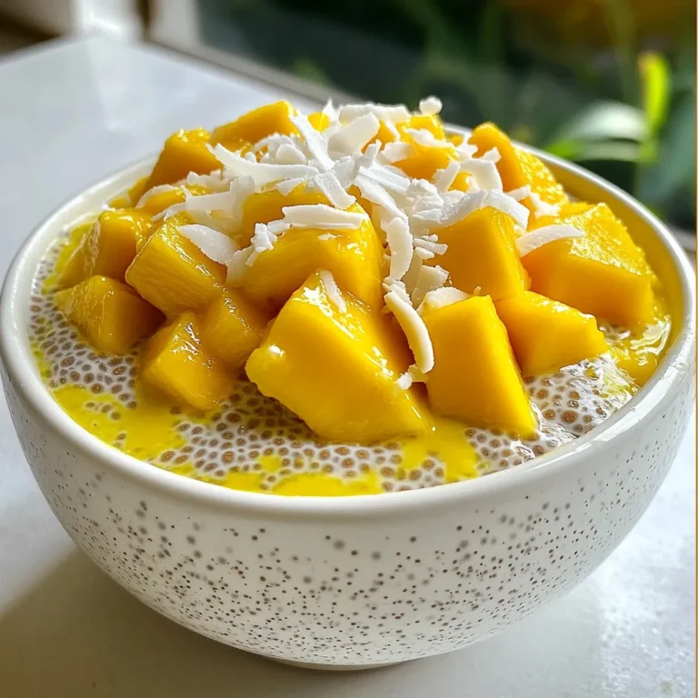 To make a tasty mango coconut chia pudding, you need a few key ingredients: - 1 cup coconut milk - 1 cup ripe mango, pureed (about 1 medium mango) - 1/4 cup chia seeds - 2 tablespoons maple syrup (or honey) - 1 teaspoon vanilla extract - A pinch of salt These items come together to create a creamy and flavorful pudding. The coconut milk adds a rich taste. The mango gives it a fresh, fruity flavor. Chia seeds make the pudding thick and fun to eat. You can add some delicious toppings to your pudding. Here are a few ideas: - Fresh mango cubes - Shredded coconut - Sliced almonds - Chopped nuts These toppings add texture and extra flavor. You can mix and match based on what you like. If you can’t find some ingredients, don’t worry! Here are some good swaps: - Use almond milk or oat milk instead of coconut milk. - Try other fruits, like bananas or strawberries, if mangoes are not in season. - Use agave syrup in place of maple syrup for sweetness. These substitutions can help you customize your pudding. Enjoy making it your own! {{ingredient_image_1}} To start, gather your ingredients. You will need coconut milk, pureed mango, maple syrup, vanilla extract, and salt. In a mixing bowl, pour in one cup of coconut milk. Then, add one cup of ripe mango that you have pureed, which is about one medium mango. Next, mix in two tablespoons of maple syrup and one teaspoon of vanilla extract. Finally, sprinkle in a pinch of salt. Whisk all the ingredients together until they blend nicely. Now it’s time to add the chia seeds. Measure out a quarter cup of chia seeds and sprinkle them into your mixture. Stir well to ensure the seeds are evenly mixed in. This step is key for your pudding’s texture. The chia seeds will absorb the liquid and expand, creating a creamy pudding. Once your mixture is ready, it needs to chill. Cover the bowl with plastic wrap or move it to an airtight container. Place it in the fridge for at least four hours, or overnight if you prefer. This chilling time allows the chia seeds to soak up the liquid and thicken the pudding. After it sets, take it out and give it a good stir. If it seems too thick, just add a bit more coconut milk to reach your desired texture. Now, it’s ready to serve! To get the best texture, follow these steps. First, mix your coconut milk and pureed mango well. This helps blend the flavors. Then, add the chia seeds. Stir them in thoroughly. This ensures the seeds soak up liquid evenly. After chilling, stir the pudding again. If it feels too thick, add a splash of coconut milk. This will help you reach the right creaminess. Sweetness can change how much you enjoy this treat. Start with the 2 tablespoons of maple syrup or honey. Taste your mix before chilling. If you want it sweeter, add more syrup. You can also use ripe mango to boost sweetness. Just remember to keep your mix balanced. Too much sweetness can overpower the mango flavor. When serving, presentation matters. Use clear bowls or glasses to show off the layers. Spoon the pudding gently, then add fresh mango cubes on top. Sprinkle shredded coconut for a nice finish. This adds a fun texture and a tropical touch. Serve chilled for the best experience. Enjoy your creation with family or friends for a delightful treat! Pro Tips Use Ripe Mangoes: Ensure your mangoes are fully ripe for the sweetest and most flavorful pudding. The riper the mango, the better the taste! Adjust Sweetness: Taste the mixture before refrigerating. Depending on the ripeness of your mango, you may want to adjust the amount of maple syrup or honey to your preference. Chill Overnight: For the best texture, allow the pudding to chill overnight. This gives the chia seeds ample time to absorb the liquid and create a creamy consistency. Experiment with Toppings: Feel free to get creative with toppings! Add nuts, seeds, or even a drizzle of honey for added flavor and texture. {{image_2}} You can change the flavor of your mango coconut chia pudding by using different fruits. Some great options are strawberries, blueberries, or ripe bananas. For a tropical twist, try adding pineapple or passion fruit. Just blend the fruit until smooth and mix it with your coconut milk. Each fruit adds its own unique taste and nutrition. You can even layer different fruits for a colorful and fun dessert. If you're looking to switch up the milk, try almond, oat, or soy milk. Each type brings its own flavor. Almond milk adds a nutty taste, while oat milk gives a creamier texture. These options still work well with chia seeds and fruit. Just keep the same amount as coconut milk in the recipe. Experimenting with different milks can lead to fun new flavors. This recipe is already vegan and gluten-free, but you can enhance it further. Use maple syrup instead of honey for a fully plant-based sweetener. If you want to boost the nutrition, add some nuts or seeds as toppings. You can also use gluten-free granola for added crunch. These small changes keep your pudding healthy while adding more flavor and texture. To keep your mango coconut chia pudding fresh, store it in an airtight container. This helps keep out air and moisture. Make sure the container is clean and dry before use. If you want to layer the pudding with toppings, add them just before serving. This way, they stay fresh and tasty. When stored properly in the fridge, this chia pudding lasts about 4 to 5 days. The chia seeds will continue to absorb liquid, making the pudding thicker over time. Check it daily. If it looks or smells off, it’s best to toss it. Chia pudding is best enjoyed cold, but you can warm it if you prefer. To do this, scoop out a portion and place it in a microwave-safe bowl. Heat it for about 15 to 30 seconds. Stir well to ensure even heat. If it gets too thick, add a splash of coconut milk to restore the creamy texture. Enjoy your delicious and healthy treat! Yes, you can use fresh mango! Just peel and chop the mango into small pieces. Blend the pieces until smooth. This will give your pudding a fresh taste and nice texture. Fresh mango adds vibrant flavor and color. If you prefer chunks of mango, just add them on top after chilling. Chia pudding is very healthy! Chia seeds are packed with fiber, protein, and omega-3 fatty acids. They help you feel full and support heart health. Coconut milk adds creaminess and flavor without dairy. This treat is also low in sugar, especially if you adjust the maple syrup. It is a great choice for a nutritious snack or breakfast. You can easily make this pudding ahead! Prepare it the night before or even a few days in advance. Just mix the ingredients and store them in the fridge. The longer it sits, the thicker it gets. This makes it perfect for busy mornings or last-minute dessert. Just remember to give it a stir before serving! This article covered how to make mango coconut chia pudding. We talked about the key ingredients, optional toppings, and substitutions. You learned step-by-step instructions for preparing the pudding and tricks for perfecting the texture. I shared ideas for variations, storage tips, and answered common questions. In short, this recipe is simple and fun. With a bit of practice, you can create a tasty treat that fits your needs. Enjoy experimenting with flavors, textures, and toppings! Your mango coconut chia pudding adventure awaits.