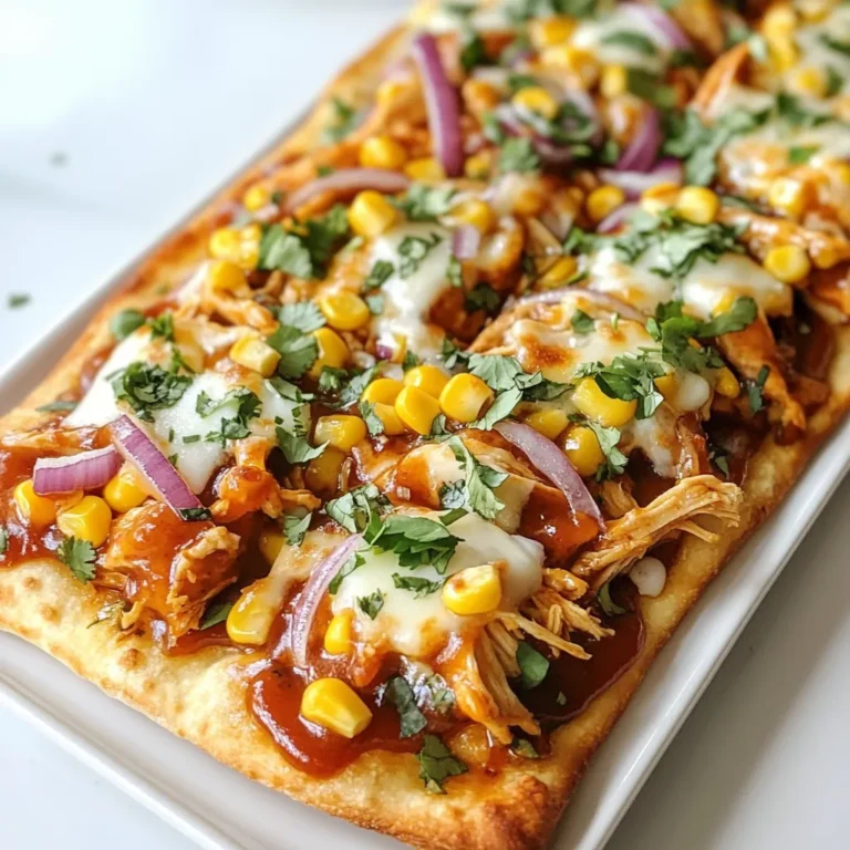 - 2 flatbreads (store-bought or homemade) - 2 cups shredded cooked chicken - 1 cup BBQ sauce (your favorite brand) - 1 cup shredded mozzarella cheese - 1/2 cup red onion, thinly sliced - 1/2 cup corn kernels (fresh, frozen, or canned) - 1/4 cup fresh cilantro, chopped - 1 tablespoon olive oil - Salt and pepper to taste For this BBQ chicken flatbread, I focus on simple yet tasty ingredients. Flatbreads serve as the base. You can grab them from the store or make your own. Using shredded chicken makes this dish quick. I love using leftover chicken or a rotisserie chicken. BBQ sauce is key. Pick a brand you love for the best flavor. I enjoy a sweet and tangy sauce. The shredded mozzarella adds that melty goodness we all crave. For optional toppings, red onion adds a nice crunch. Corn kernels bring a sweet burst. Fresh cilantro gives a pop of color and flavor. Don't forget to season your flatbread. A little olive oil helps the flatbread crisp up. Salt and pepper enhance all the flavors. Keep it simple, and you’ll get a delicious meal ready fast! {{ingredient_image_1}} 1. First, preheat your oven to 400°F (200°C). This step gets your oven ready for baking. 2. In a bowl, combine the shredded chicken with the BBQ sauce. Make sure to mix well. You want every piece of chicken coated in that tasty sauce. 1. Place the flatbreads on a baking sheet. Use parchment paper for easy cleanup. 2. Brush the top of each flatbread with olive oil. This adds flavor and helps the edges crisp. 3. Spread the BBQ chicken mixture evenly over each flatbread. Leave a small edge for the crust. 4. Sprinkle shredded mozzarella cheese generously over the chicken. Cheese makes everything better! 5. Add sliced red onion and corn on top of the cheese. This gives nice flavor and color. 6. Season with a little salt and pepper. Just a pinch is enough to enhance the taste. 1. Bake your flatbreads in the preheated oven for about 12-15 minutes. Look for melted cheese and golden edges. 2. Once done, remove them from the oven. Let them cool for a couple of minutes before slicing. 3. Top with fresh cilantro for a pop of color and flavor. Serve hot and enjoy! To make your BBQ chicken flatbread shine, choose your BBQ sauce wisely. A sweet sauce gives a nice contrast to the savory chicken. If you want heat, go for a spicy BBQ sauce. You can also mix sauces to find your perfect blend. Cheese is another key factor. I love using mozzarella for its meltiness. However, mixing in some sharp cheddar adds a nice zing. Experiment with a blend to find your favorite flavor. Crispy edges make a flatbread more enjoyable. Brush the flatbreads with olive oil before baking. This step helps them crisp up nicely. You can also bake them on a pizza stone for extra crunch. Bake at 400°F (200°C) for 12 to 15 minutes. Keep an eye on the edges. When they turn golden, it’s time to take them out! Presentation matters. Cut the flatbreads into wedges for easy serving. A wooden board looks rustic and inviting. Add a small bowl of extra BBQ sauce for dipping. Pair your flatbread with a fresh salad or some crunchy veggies. A cold drink, like lemonade or iced tea, complements the meal well. Enjoy your BBQ chicken flatbread with friends or family for a fun meal! Pro Tips Use Rotisserie Chicken: For an even quicker preparation, use store-bought rotisserie chicken. It saves time and adds a delicious flavor. Customize Your Toppings: Feel free to add other toppings like jalapeños, bell peppers, or even pineapple for a unique twist on flavor. Keep an Eye on the Oven: Ovens can vary, so keep a close watch on the flatbreads as they bake to ensure they don’t overcook. Serve with Dips: Enhance your flatbreads by offering a variety of dips such as ranch dressing or a spicy aioli alongside the BBQ sauce. {{image_2}} You can change the protein in this dish. Instead of chicken, try tofu or beef. Tofu absorbs flavors well and is a great vegetarian option. For beef, ground meat works nicely. Both substitutes offer tasty results. Want to change the flavor? Use different BBQ sauces for a twist. Try spicy or sweet sauces to suit your taste. You can also add jalapeños or sweet peppers. These give your flatbread a fun kick and extra crunch. If you need gluten-free options, use gluten-free flatbreads. They taste great and hold up well. For lower calories, swap regular cheese for low-fat cheese. You can even use less BBQ sauce for fewer calories. These swaps help you enjoy the dish without worry. To keep your BBQ chicken flatbread fresh, store it in an airtight container. You can also wrap it tightly in plastic wrap. This protects it from drying out. The flatbread should stay good for about 3 days in the fridge. If you plan to eat it later, make sure to let it cool before storing. When it’s time to enjoy leftovers, you have two great options: the oven or the microwave. The oven gives you a crispier flatbread. Preheat it to 350°F (175°C). Place the flatbread on a baking sheet and heat for about 10 minutes. For the microwave, heat it for 30 seconds at a time until warm. This method is quick but may make the flatbread a bit soft. To keep the flavor, add a drizzle of extra BBQ sauce before reheating. You can freeze assembled flatbreads for later. Wrap each one in plastic wrap and then in aluminum foil. This helps prevent freezer burn. They will last for about 2 months in the freezer. To thaw, place the flatbread in the fridge overnight. Once thawed, bake it at 400°F (200°C) for about 12-15 minutes. This will bring back the yummy texture and flavor. BBQ Chicken Flatbread is a tasty meal made with flatbreads and BBQ chicken. The main parts are: - Flatbreads, either store-bought or homemade - Shredded cooked chicken mixed with BBQ sauce - Shredded mozzarella cheese for melting - Fresh veggies like red onion and corn - A sprinkle of cilantro for freshness This dish brings a fun twist to pizza. You can enjoy it as a meal or snack. It’s easy to make and always a crowd-pleaser. Yes, you can prepare BBQ Chicken Flatbread ahead. Here’s how: 1. Mix the shredded chicken with BBQ sauce. Store it in a sealed container in the fridge. 2. Prepare your flatbreads by brushing them with olive oil. You can also add cheese and toppings. 3. Cover the flatbreads and keep them in the fridge until ready to bake. When you’re ready, bake them as directed. This method saves time and makes meal prep easier. If you want some heat, here are a few ideas: - Add jalapeños: Slice fresh jalapeños and add them on top of the cheese. - Use spicy BBQ sauce: Swap your favorite sauce for a spicy version. - Sprinkle red pepper flakes: Add these on top before baking for an extra kick. These simple changes can turn your BBQ Chicken Flatbread into a spicy delight. Enjoy experimenting with flavors! BBQ Chicken Flatbread is a simple, tasty dish with endless options. You can customize it with your favorite toppings and sauces. Remember to choose good ingredients for the best taste. Whether you bake it now or freeze it for later, this dish is always a hit. So, gather your friends and family. Enjoy your creation together. Happy cooking!