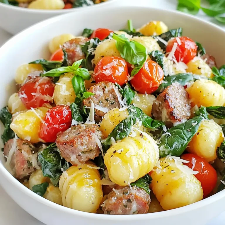 - 1 pound potato gnocchi - 1 pound Italian sausage - 1 cup heavy cream - 3 cloves garlic - 1 cup cherry tomatoes - 2 cups baby spinach - Salt and pepper - Fresh basil, chopped For this creamy Tuscan sausage gnocchi, start with the main ingredients. The potato gnocchi is the star. It is soft and pillowy, making it a perfect match for the rich sauce. Use a pound for a hearty meal. The Italian sausage adds flavor. You can choose spicy or mild based on your taste. Use one pound for the best results. Next is the heavy cream. One cup creates a luscious sauce that coats the gnocchi well. It balances the spice from the sausage. Now, let’s look at the additional ingredients. Garlic is key. Three cloves give the dish a warm, aromatic base. Cherry tomatoes add a burst of sweetness. Halve one cup and toss them in for flavor and color. Baby spinach brings in greens. Two cups wilt down nicely in the sauce, adding texture and nutrients. Lastly, don’t forget the spices and garnishes. Salt and pepper enhance every bite. Fresh basil adds a lovely touch. Chop some for a bright finish on top. Each ingredient plays a role in making this dish a comforting, flavorful meal. {{ingredient_image_1}} - Cooking the gnocchi: Bring a large pot of salted water to a boil. Once boiling, add the potato gnocchi. Cook them according to the package instructions. You know they are done when they float to the top. This usually takes just a few minutes. - Draining and setting aside: After cooking, carefully drain the gnocchi in a colander. Shake off the excess water, then set them aside. This step ensures they remain fluffy and light. - Browning the Italian sausage: In a skillet, heat one tablespoon of olive oil over medium heat. Add the Italian sausage, breaking it into bits with a wooden spoon. Cook until it turns brown and is fully cooked, which should take about 5 to 7 minutes. - Adding garlic and cherry tomatoes: Now, stir in three cloves of minced garlic and one cup of halved cherry tomatoes. Sauté this mixture for another 2 to 3 minutes. You want the tomatoes to soften and release their juices, adding flavor to the dish. - Incorporating spinach and heavy cream: After the tomatoes soften, add two cups of baby spinach to the skillet. Cook until the spinach wilts, which takes about 2 minutes. Then, lower the heat and pour in one cup of heavy cream. Mix it well with the sausage and veggies. Let it simmer for 2 to 3 minutes. - Mixing in Parmesan cheese and seasoning: Gradually stir in one cup of grated Parmesan cheese. Keep mixing until it melts and makes the sauce creamy. Season with salt and pepper to taste, ensuring the flavors blend well. Now, it’s time to bring it all together with the gnocchi! Cooking gnocchi is easy. Boil water and add salt. When the gnocchi floats, it’s done. Drain it gently. Look for brands like De Cecco or Rana. They make soft, pillowy gnocchi that cooks well. Add more herbs for depth. Fresh thyme or oregano works great. You can also try red pepper flakes for heat. For protein, swap Italian sausage with chicken, turkey, or plant-based options like Beyond Meat. To make the dish creamier, add more heavy cream. You can also use cream cheese for a thicker texture. If you want a dairy-free option, try coconut cream or cashew cream. Both add richness without dairy. Pro Tips Choose Your Sausage Wisely: Opt for a high-quality Italian sausage for the best flavor. You can mix spicy and mild for a balanced taste. Perfectly Cooked Gnocchi: Cook the gnocchi until they float to the top in boiling water; this indicates they are perfectly done and should be drained immediately. Fresh Ingredients Matter: Using fresh spinach and ripe cherry tomatoes enhances the dish's flavor and nutritional value significantly. Garnish for Flavor: Don’t skip the fresh basil garnish; it adds a burst of flavor and a beautiful presentation to your dish. {{image_2}} You can easily make this dish vegetarian. Just swap the sausage for plant-based options. Try using lentils or mushrooms for a hearty texture. For veggies, add bell peppers, zucchini, or eggplant. These veggies add great flavor and color. They also pair well with the creamy sauce. You can sauté them just like the original recipe. If you want to try other pasta, use penne, fusilli, or farfalle. Just cook them according to package instructions. Keep an eye on cooking times, as they may vary from gnocchi. Drain and mix them into the sauce like you would with gnocchi. The creamy sauce will cling to any pasta type you choose. For a spicy twist, use spicy sausage instead of mild. This will add a nice kick to your dish. You can also add red pepper flakes or cayenne pepper. Start with a little and taste as you go. You can always add more heat if you want! This variation keeps the comfort of the meal while giving it extra flavor. To store your creamy Tuscan sausage gnocchi in the fridge, let it cool first. Place it in an airtight container. This keeps it fresh and tasty. You can keep it in the fridge for up to three days. Just remember to reheat it well before eating. If you want to freeze this dish, use a freezer-safe container. Make sure to let it cool down completely. It can last up to three months in the freezer. When you're ready to enjoy it, move it to the fridge overnight. For faster reheating, use the microwave or stovetop. Heat it gently to avoid overcooking. To keep the sauce smooth, do not freeze the gnocchi mixed with sauce. The sauce may separate when thawing. Instead, freeze the sauce and gnocchi separately. When you reheat, add a splash of cream to restore its creaminess. Stir well as it heats up to maintain that perfect texture. Yes, you can use frozen gnocchi. Frozen gnocchi is a great option for quick meals. It cooks faster and is easy to store. Just follow the package instructions for cooking time. Fresh gnocchi may taste slightly better, but frozen works well in this dish. The sauce will still cling to the gnocchi, making it delicious! To make this dish dairy-free, swap heavy cream with coconut milk or cashew cream. Use nutritional yeast instead of Parmesan cheese for a cheesy flavor. Both options keep the dish creamy and tasty. Make sure to check labels for dairy in other ingredients. You can still enjoy a rich meal without dairy! This dish pairs well with a simple side salad. A fresh green salad with vinaigrette adds a nice crunch. You can also serve garlic bread for extra comfort. Steamed veggies like broccoli or green beans are great too. These sides balance the meal and add color to your plate! This blog post guides you through making a delicious creamy Tuscan sausage gnocchi. You learned about the key ingredients, step-by-step instructions, and useful tips for perfecting the dish. I shared variations for specific diets and even storage tips for leftovers. Remember, cooking is about making it your own. Feel free to adjust the ingredients and spices to match your taste. With these insights, you’ll create a meal that not only satisfies but impresses. Enjoy your cooking journey!