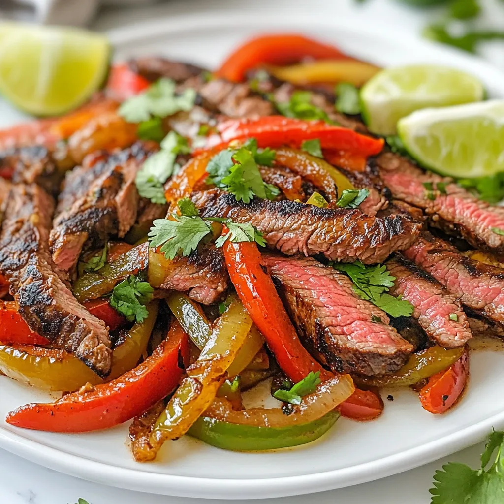 - 1 lb flank steak, thinly sliced against the grain - 2 tablespoons olive oil - 1 red bell pepper, sliced - 1 green bell pepper, sliced - 1 medium onion, sliced - Tortillas, for serving - 2 tablespoons lime juice - 1 tablespoon chili powder - 1 teaspoon cumin - 1 teaspoon garlic powder - 1 teaspoon onion powder - 1 teaspoon smoked paprika - Salt and pepper to taste - Fresh cilantro - Lime wedges Gather these ingredients to create a fresh and tasty meal. Flank steak offers great flavor when cooked right. Olive oil adds richness to the dish. The bell peppers and onion bring color and crunch. The marinade is the key to flavor. Lime juice adds zing. Chili powder gives a warm kick. Cumin adds a nice depth. Garlic powder and onion powder provide savory notes. Smoked paprika gives a hint of smokiness. Season with salt and pepper for balance. For a lovely finish, cilantro and lime wedges make perfect garnishes. They add freshness and brightness. Enjoy the vibrant flavors of this quick recipe. {{ingredient_image_1}} To start, gather your marinade ingredients. You’ll need olive oil, lime juice, chili powder, cumin, garlic powder, onion powder, smoked paprika, salt, and pepper. 1. In a bowl, mix together these ingredients. This blend creates a zesty and spicy marinade. 2. Next, add your thinly sliced flank steak to the bowl. Toss it well to coat every piece. Marinating is very important. Let the steak sit for at least 30 minutes. For deeper flavor, you can marinate it for up to 2 hours in the fridge. This time allows the flavors to soak in. Heat a large skillet or grill pan over medium-high heat. You want it hot before adding the steak. 1. Once hot, add the marinated steak in a single layer. 2. Cook for about 3-4 minutes on each side. This gives you a nice brown crust and tender meat. Check your steak for doneness. Use a meat thermometer if you want perfect results. For medium-rare, aim for 130°F. Now it's time to sauté the vegetables. You’ll use sliced bell peppers and onion. 1. In the same skillet, add the sliced vegetables. 2. Sauté them for about 5-7 minutes. Stir occasionally until they are tender and slightly charred. This gives the veggies a nice texture. Once they are ready, return the cooked steak to the skillet. Toss everything together for about a minute. This allows the flavors to mix. Now, you are ready to serve the steak and vegetables in warm tortillas. Enjoy the vibrant flavors! To get the best flavor, marinate the flank steak for at least 30 minutes. You can go up to 2 hours if you have time. This longer marinating time helps the meat soak up all the tasty spices. You can change the marinade by adding more lime juice or spices like paprika for a unique twist. Use a large skillet or grill pan over medium-high heat. This setting gives the steak a nice sear. To avoid overcooking, keep an eye on the steak. Cook it for about 3-4 minutes on each side. Check the doneness with a meat thermometer. Aim for 130°F for medium-rare. For sides, think about rice, beans, or a fresh salad. These pair well with the fajitas. For presentation, use warm tortillas and pile on the steak and veggies. Add fresh cilantro and lime wedges on the side. This makes your dish colorful and fun! Pro Tips Marinate Longer for Flavor: For the best flavor, let the steak marinate for at least 2 hours. This allows the spices to penetrate the meat thoroughly. High Heat is Key: Make sure your skillet or grill pan is hot before adding the steak. This will help achieve a nice sear and lock in the juices. Rest Your Meat: After cooking, let the steak rest for 5-10 minutes before slicing. This ensures the juices redistribute and keeps the meat tender. Customize Your Veggies: Feel free to add other vegetables like zucchini or mushrooms for more flavor and texture in your fajitas. {{image_2}} You can switch the steak for chicken or shrimp. Both work great in fajitas. Just marinate them like you do with the steak. For chicken, use thin slices of breast or thighs. For shrimp, choose medium to large ones, and adjust cooking time. If you want a plant-based option, try bell peppers, zucchini, or mushrooms. These veggies can soak up the marinade and taste amazing. To make your fajitas spicier, add jalapeños or a dash of hot sauce. You can slice jalapeños and cook them with the veggies. If you prefer sweet over heat, try adding a splash of honey or agave syrup to the marinade. This gives a nice balance to the spice. You can change the herbs and spices for different flavors. Try adding oregano or cilantro to the marinade for a fresh twist. If you want to switch up the citrus, use orange or lemon juice instead of lime. These changes can create a whole new flavor experience. Experiment to find your favorite combination! - Store steak fajitas in an airtight container. - Place in the fridge within two hours of cooking. - They last up to three days in the fridge. - For longer storage, freeze in a freezer bag. - Remove as much air as possible before sealing. - Fajitas can last up to three months in the freezer. - The best method is to use a skillet. - Heat the skillet over medium heat. - Add a splash of water to keep it moist. - Stir often to prevent sticking. - You can use the microwave, but it may dry out the meat. - If using a microwave, cover with a damp paper towel. - In the fridge, fajitas last about three days. - Signs of spoilage include a sour smell and discoloration. - If the meat feels slimy or sticky, throw it away. - Always trust your senses. If unsure, it’s safer to discard. To enhance the flavor of your chili lime steak fajitas, start with the marinade. Here are some tips: - Use fresh lime juice for a bright, zesty taste. - Add minced garlic or fresh herbs like cilantro for depth. - Experiment with spices like smoked paprika or cayenne for heat. - Marinate longer for at least one hour, or overnight if you can. This allows the meat to absorb more flavor, ensuring each bite is delicious. Yes, you can prepare this recipe in advance. Here’s how: - Marinate the steak the night before. This will save time on cooking day. - Slice the vegetables and store them in the fridge. They will stay fresh. - Cook the steak and veggies just before serving for the best taste. This makes meal prep easy and fun. Enjoy your time cooking! Chili lime steak fajitas pair well with many sides. Here are some tasty ideas: - Mexican rice adds a flavorful touch. - Black beans provide protein and complement the meal. - Guacamole or salsa can add creaminess and spice. - Corn on the cob is a sweet and crunchy side. These options will make your meal more exciting and satisfying! You learned how to make chili lime steak fajitas with simple steps. We covered key ingredients, marinade tips, and cooking techniques. Each part adds to the taste and fun of the dish. You can add your own twist by changing proteins or spice levels. This recipe is also easy to store and reheat for later. I hope you enjoy making and sharing these fajitas with friends and family. Happy cooking!