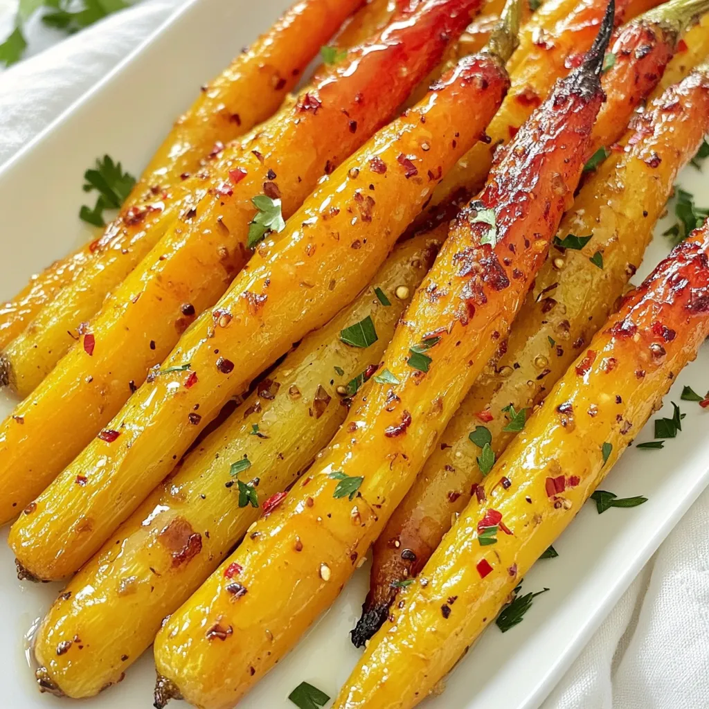 - 1 pound baby carrots (or regular carrots, peeled and cut into sticks) - 3 tablespoons pure maple syrup - 2 tablespoons Dijon mustard - 2 tablespoons olive oil - 1 teaspoon garlic powder - 1 teaspoon dried thyme - Salt and pepper to taste - Fresh parsley for garnish (optional) When choosing carrots, look for fresh, firm ones. Baby carrots are sweet and tender. If you use regular carrots, pick ones that feel heavy and crisp. For maple syrup, choose pure syrup for the best flavor. Avoid imitation syrup; it lacks the rich taste. Use high-quality Dijon mustard for a nice tang. Look for extra virgin olive oil for a robust flavor. For precise measuring, use a kitchen scale. One pound of carrots equals about 4-5 medium carrots. Use tablespoons for liquids like maple syrup and olive oil. A teaspoon is perfect for garlic powder and dried thyme. For salt and pepper, add to taste. Always taste your mixture before adding more! {{ingredient_image_1}} Start by preheating your oven to 425°F (220°C). This will help the carrots roast evenly. A hot oven makes them tender and caramelized. In a large bowl, mix three tablespoons of pure maple syrup with two tablespoons of Dijon mustard. Add two tablespoons of olive oil, one teaspoon of garlic powder, and one teaspoon of dried thyme. Sprinkle in some salt and pepper. Whisk everything together until it is smooth and well blended. This mix gives the carrots a tasty glaze. If you use baby carrots, you can skip peeling. If you use regular carrots, peel them and cut them into sticks. Add the carrots to the bowl with the maple-mustard mix. Toss them well to coat each carrot. Line a baking sheet with parchment paper for easy cleanup. Spread the carrots out in a single layer. Roast them in the oven for 25 to 30 minutes. Toss them halfway through to ensure even cooking. They are done when they are soft and a little brown. Once the carrots are roasted, take them out of the oven. Let them cool for a few minutes. You can garnish them with freshly chopped parsley for a pop of color and flavor. Serve them warm, and enjoy this sweet and tangy dish! To get carrots that are soft and sweet, start with fresh carrots. Baby carrots work best, but you can also use regular ones. Just peel and cut them into sticks. Make sure to coat them well with the maple-mustard mixture. This helps them roast evenly. Don’t overcrowd the baking sheet; give them space to caramelize. Toss them halfway through cooking for even browning. You can play with the flavors in this dish. If you want more sweetness, add extra maple syrup. For a tangy kick, add a bit more Dijon mustard. You can also try different herbs. Rosemary or basil can add a nice twist. If you enjoy heat, sprinkle in some red pepper flakes. Taste as you go to find your perfect mix. One common mistake is not preheating the oven. Always start with a hot oven to get that nice caramelization. Another mistake is using old carrots. Fresh carrots yield better taste and texture. Avoid crowding the baking sheet; this can lead to steaming instead of roasting. Lastly, don’t skip the tossing step. It helps every carrot get that golden color. Pro Tips Choose the Right Carrots: For the best flavor and texture, use fresh, organic baby carrots or young carrots. They will caramelize beautifully and retain their natural sweetness. Adjust the Sweetness: If you prefer a sweeter taste, you can increase the maple syrup by an additional tablespoon. Conversely, for a tangier flavor, add a bit more Dijon mustard. Perfect Roasting: Ensure that the carrots are in a single layer on the baking sheet. This allows for even roasting and helps achieve that desired caramelization. Herb Variations: Feel free to experiment with different herbs such as rosemary or oregano instead of thyme for a unique flavor twist that complements the maple and mustard. {{image_2}} You can switch the maple syrup for other sweeteners. Honey works great for a richer taste. Agave syrup is a good choice too. If you want less sugar, try using stevia. Each sweetener gives a unique flavor, so feel free to experiment. To change the flavor, add different herbs and spices. Rosemary adds a nice earthy taste. You can use oregano for a more Mediterranean twist. Try adding chili flakes for a little heat. Mix and match to find your favorite combo. If you want to try other veggies, go for it. Sweet potatoes roast well and add sweetness. Beets bring a lovely color and taste. You can also use Brussels sprouts for a nice crunch. Just cut them to similar sizes for even cooking. Store your leftover Maple Mustard Roasted Carrots in an airtight container. Keep them in the fridge. They taste best within three to five days. Make sure to let them cool before sealing the container. This helps keep the carrots fresh and flavorful. To reheat, you can use your oven or a microwave. For the oven, set it to 350°F (175°C). Place the carrots on a baking sheet and heat for about 10 minutes. This method keeps them crisp. If using a microwave, heat in short bursts of 30 seconds. Stir in between to ensure even heating. You can freeze roasted carrots, but they may lose some texture. Allow them to cool completely first. Then, place them in a freezer-safe bag. Remove as much air as possible to prevent freezer burn. They can last up to three months in the freezer. When ready to use, thaw in the fridge overnight before reheating. Yes, you can use other types of carrots. Regular carrots work well. Just peel and cut them into sticks. You can even use rainbow carrots for fun colors. They add a nice touch to the dish. To spice it up, try adding red pepper flakes. You can also mix in some cayenne pepper. Both options give a nice kick. Adjust the amount to your taste. Start with a little and add more if needed. These carrots pair well with many dishes. Serve them with grilled chicken or fish for a nice meal. They also go great with rice or quinoa. You can even add them to salads for extra flavor. Absolutely! This recipe works well for meal prep. You can make a big batch and store it. Just keep the carrots in an airtight container in the fridge. They taste great reheated or even cold. Leftovers last about 3 to 5 days in the fridge. Make sure to keep them in a sealed container. If you want to keep them longer, you can freeze them. Just note that the texture may change a bit. This blog covered how to make maple-mustard roasted carrots. We talked about the best ingredients, how to prep, and important tips for great results. You learned to store leftovers and found answers to common questions. Experiment with variations to find your favorite taste. Whether you are a new cook or experienced, this dish is simple and fun. Enjoy these tasty carrots with your meals. Use what you learned here and share with friends!