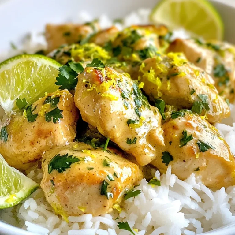 - 4 boneless, skinless chicken breasts - 1 can (13.5 oz) coconut milk - 2 tablespoons olive oil - 3 cloves garlic, minced - 1 small onion, finely chopped - Zest and juice of 2 limes - 1 teaspoon ginger, grated - 1 teaspoon ground cumin - 1 teaspoon paprika - Salt and pepper to taste Creamy Coconut Lime Chicken starts with fresh chicken breasts. They give the dish its main protein. The coconut milk adds creaminess and a rich flavor. I love using fresh garlic and onion for strong taste. Lime juice and zest bring a bright, zesty kick. Ginger adds warmth and depth. Cumin and paprika round out the spices, giving a warm, earthy note. - Salt and pepper to taste Salt and pepper are vital for enhancing flavors. I recommend using fresh ground pepper for a punch. This simple seasoning can elevate the dish. - Fresh cilantro, chopped (for garnish) - Lime wedges (for serving) Cilantro adds a fresh touch and bright color. Lime wedges let you add more zest when serving. I often serve this dish over fluffy jasmine rice. This helps soak up the creamy sauce. {{ingredient_image_1}} Start by patting the chicken breasts dry. This helps the chicken sear better. Next, season both sides with salt and pepper. This simple step boosts the flavor. Now, heat olive oil in a large skillet over medium heat. Add the finely chopped onion and minced garlic. Sauté them for about 3-4 minutes. You want them to become soft and clear. Turn up the heat to medium-high. Add the seasoned chicken breasts to the skillet. Sear each side for about 5-6 minutes. Look for a golden-brown color. This adds a nice crust and flavor. Once browned, we will keep cooking. Lower the heat back to medium. Stir in the grated ginger, ground cumin, and paprika. Cook for one minute. This brings out the spice flavors. Now, pour in the coconut milk, lime zest, and lime juice. Bring this to a gentle simmer. Cover the skillet and let it simmer for about 10-15 minutes. Check that the chicken reaches an internal temperature of 165°F or 75°C. After that, remove the chicken. Let the sauce cook uncovered for about 5 minutes. This helps thicken the sauce. Finally, return the chicken to the skillet and coat it with the creamy sauce. Enjoy your flavorful dish! To get the best flavor from your creamy coconut lime chicken, use fresh ingredients. Fresh garlic and limes make a big difference. I also recommend using full-fat coconut milk. It gives a richer taste and creamier texture. Don't rush the cooking process. Let the spices bloom by cooking them a bit longer. This way, they release their full flavor. One common mistake is not seasoning the chicken well. Always add salt and pepper on both sides. Another mistake is cooking the chicken at too high heat. This can make it tough. Aim for medium-high heat when you sear the chicken. Lastly, don’t skip the simmering step. It helps the chicken soak up all the delicious flavors. To keep your chicken tender, start with even-sized breasts. If some parts are thicker, they will cook unevenly. I suggest pounding them slightly to make them uniform. Always cook the chicken until it reaches 165°F (75°C). Use a meat thermometer for accuracy. Lastly, let the chicken rest for a few minutes after cooking. This helps keep the juices inside, making each bite juicy and flavorful. Pro Tips Marinate for Extra Flavor: For a more intense flavor, consider marinating the chicken in the coconut milk, lime juice, and spices for at least 30 minutes before cooking. Adjust Coconut Milk Consistency: If you prefer a thicker sauce, let it simmer for a bit longer until it reduces to your desired consistency. Enhance with Vegetables: Add bell peppers or snap peas to the skillet during the last 5 minutes of cooking for a pop of color and added nutrition. Serving Suggestions: This dish pairs beautifully with jasmine rice, quinoa, or cauliflower rice for a low-carb option. {{image_2}} For a dairy-free version, this recipe is already perfect. Coconut milk is naturally dairy-free. To make it gluten-free, ensure your spices are gluten-free. Most spices are safe, but check labels to be sure. You could also use gluten-free soy sauce instead of regular soy sauce if you want an umami boost. If you like heat, add some chili flakes or fresh jalapeños. Start with a small amount and taste as you go. You can also use cayenne pepper for a different kick. If you want less spice, skip the chili flakes and use sweet paprika instead of regular paprika. This keeps the dish flavorful without the heat. Serve this dish over jasmine rice for a classic pairing. You can also try quinoa or cauliflower rice for a healthier option. Another fun idea is to serve it with warm naan bread. The sauce is perfect for dipping or scooping. Add a side of steamed vegetables for a balanced meal. This dish is versatile, so feel free to get creative! After enjoying your creamy coconut lime chicken, store leftovers in the fridge. Use an airtight container. Make sure the chicken is cool before sealing. It stays fresh for 3 to 4 days. This dish also tastes great the next day. To reheat, place your chicken in a skillet over low heat. Add a splash of coconut milk to keep it moist. Stir gently until heated through. You can also use a microwave. Heat in short bursts, checking often to avoid drying it out. You can freeze creamy coconut lime chicken for later meals. Use a freezer-safe container. It can last up to 2 months. When ready to eat, thaw in the fridge overnight. Reheat gently to keep the flavors intact. If you need a substitute for coconut milk, use almond milk or soy milk. You can also mix 1 part cream with 1 part water. Each option offers a different flavor. Use these carefully to keep the dish tasty. To add heat, use red pepper flakes or diced jalapeños. Stir them into the sauce early for more kick. You can also add a dash of hot sauce when serving. Adjust to your preferred spice level for the best taste. Yes, chicken thighs work great in this dish. They stay juicy and tender while cooking. Just be sure to cook them until they reach 165°F (75°C). This ensures a safe and delicious meal. Check the internal temperature with a meat thermometer. Chicken is safe to eat at 165°F (75°C). If you don’t have a thermometer, cut into the thickest part. The meat should be white, with no pink juices. In this post, we explored the ingredients for creamy coconut lime chicken. You learned about spices, seasonings, and how to prepare the dish step-by-step. I shared tips to avoid common mistakes and highlighted variations to fit your needs. Proper storage techniques ensure your leftovers stay fresh. Cooking doesn’t have to be hard. With the right steps and some creativity, you can enjoy this tasty meal again and again. Keep experimenting, and enjoy your cooking journey with this dish!