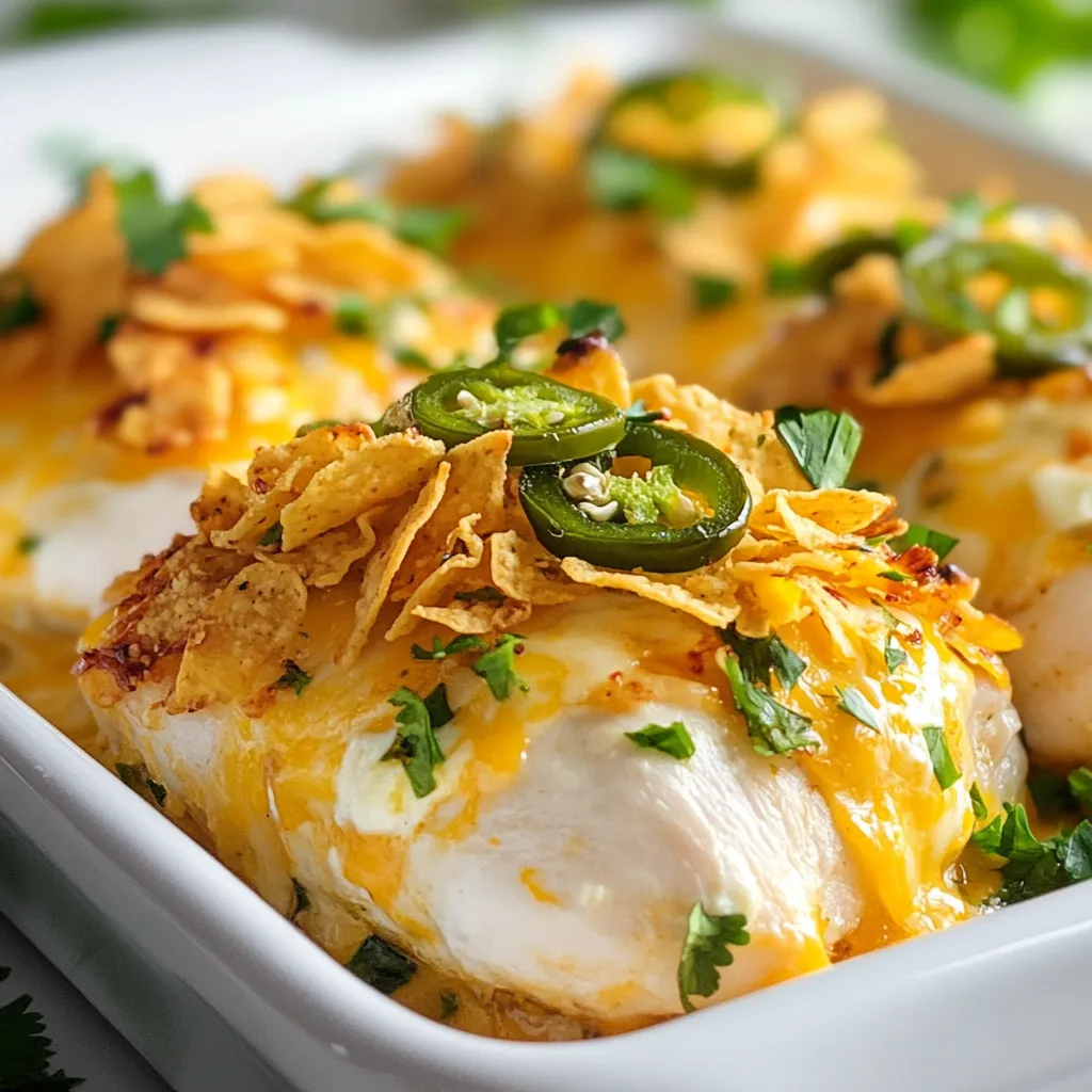 - 4 boneless, skinless chicken breasts - 1 cup cream cheese, softened - 1 cup shredded cheddar cheese - 1 cup shredded mozzarella cheese - 2-3 jalapeños, diced (seeds removed for less heat) For this recipe, chicken breasts serve as the star. They hold the creamy and spicy filling well. Cream cheese brings richness, while cheddar and mozzarella add flavor and stretch. Jalapeños give a nice kick. If you prefer less heat, remember to remove the seeds. - 1 teaspoon garlic powder - 1 teaspoon onion powder - 1 teaspoon smoked paprika - 1 cup crushed tortilla chips (for topping) Seasonings are key in this dish. Garlic powder and onion powder add depth, while smoked paprika brings a lovely warmth. The crushed tortilla chips on top give a great crunch, balancing the creamy filling. - Fresh cilantro Fresh cilantro can brighten the dish. It adds a pop of color and a fresh taste. If you love herbs, don’t skip this step! It enhances both flavor and presentation. This combination of ingredients makes the Jalapeño Popper Chicken Bake not only easy but packed with flavor. The mixture of cheeses and jalapeños creates a delicious filling. Enjoy the crunch from the tortilla chips as you take a bite! {{ingredient_image_1}} First, preheat your oven to 375°F (190°C). This way, your chicken will cook evenly. Next, take your chicken breasts and place them in a baking dish. Drizzle two tablespoons of olive oil over the chicken. This helps the seasonings stick. Now, sprinkle salt, pepper, garlic powder, onion powder, and smoked paprika on top. Make sure every piece is well coated. In a mixing bowl, add 1 cup of softened cream cheese, 1 cup of shredded cheddar cheese, 1 cup of shredded mozzarella cheese, and 2-3 diced jalapeños. If you want less heat, remove the seeds from the jalapeños. Mix everything together until it forms a smooth filling. You want all the flavors to blend well. Now it’s time to stuff the chicken. Take a generous amount of the cheese mixture and fill each chicken breast. If needed, use toothpicks to keep the filling inside. Next, sprinkle 1 cup of crushed tortilla chips over the chicken. Press them down slightly so they stick. This will give a nice crunch when baked. Cover the dish with aluminum foil and bake for 25 minutes. Then, remove the foil and bake for another 15 to 20 minutes. Your chicken should be cooked through, and the topping should be golden brown and crispy. To keep your chicken juicy, season well. Use salt, pepper, garlic powder, onion powder, and smoked paprika. Make sure to coat the chicken breasts evenly with olive oil. This adds flavor and moisture. Bake your chicken at 375°F (190°C). Cover it with foil for the first 25 minutes. Then, remove the foil for the last 15-20 minutes. This helps the chicken cook through while keeping it moist. For the cheese filling, cream cheese works best. However, you can swap it for Greek yogurt or cottage cheese for a lighter option. This change can reduce calories. Adjust spice levels by adding or removing jalapeños. If you want less heat, remove the seeds. For more kick, keep some seeds in. Mix your cheese and jalapeños until smooth for a rich filling. For the crunchy topping, use your favorite tortilla chips. Choose a thicker chip for more crunch. If you like, add a breadcrumb topping for extra texture. Mix crushed tortilla chips with a little olive oil. This helps them crisp up in the oven. Press the chips down onto the chicken before baking. This creates a tasty, crunchy layer on top. Pro Tips Use Room Temperature Cream Cheese: Allow the cream cheese to sit at room temperature for about 30 minutes before mixing. This will ensure a smoother filling that blends easily with the other ingredients. Customize the Heat Level: If you prefer a milder dish, be sure to remove all the seeds and membranes from the jalapeños. For extra heat, you can leave some seeds in or add a few slices of fresh jalapeño on top before baking. Check Chicken Doneness: Use a meat thermometer to ensure your chicken reaches an internal temperature of 165°F (74°C). This guarantees that the chicken is fully cooked and safe to eat. Make Ahead: You can prepare the stuffed chicken breasts in advance and store them in the refrigerator for up to a day. Just cover the dish tightly with plastic wrap before baking. {{image_2}} You can change the cheese in this recipe to suit your taste. Instead of cheddar or mozzarella, try gouda or pepper jack. These cheeses add a nice twist and extra flavor. If you want a dairy-free option, use vegan cream cheese and dairy-free cheese. Many brands offer great choices that melt well. Want more heat? Add more diced jalapeños to the filling. You can also use spicy cheese varieties like pepper jack. These changes will make the dish even hotter. If you like a milder flavor, remove the seeds from the jalapeños. This cuts the heat without losing taste. You can add veggies to your bake for extra nutrition. Spinach works well and adds a pop of color. Just mix it into the cheese filling. You can also add herbs like cilantro or chives for more flavor. Fresh herbs brighten the dish and make it more appealing. After cooking, let the Jalapeño Popper Chicken Bake cool down. This step helps keep the dish fresh. To cool, leave it at room temperature for about 30 minutes. For storage, I recommend using airtight containers. These help keep the flavors intact. Glass containers work great, but plastic ones can also do the job. Make sure to store the leftovers in the fridge. They will last up to 3-4 days. When it's time to eat your leftovers, reheating is key. The best method is to use the oven. Preheat your oven to 350°F (175°C). Place the chicken in a baking dish and cover it with foil. Heat for about 15-20 minutes. This keeps the chicken moist. You can also use the microwave for a quick reheat. Place the chicken on a microwave-safe plate and cover it with a damp paper towel. Heat in short bursts of 1-2 minutes. This helps avoid drying out the chicken. Avoid reheating on high heat all at once. This can make the chicken tough. Slow and steady wins the race when it comes to reheating! Yes, you can use frozen chicken breasts. Just remember to thaw them first. Thawing helps the chicken cook evenly. It also allows the flavors to soak in better. To thaw, place the chicken in the fridge overnight. If you're in a hurry, you can use the microwave. However, be careful not to start cooking the chicken. To add more heat, you can include more jalapeños. Use extra diced jalapeños in the filling. You can also keep the seeds for added spice. Another option is to add hot sauce to the cheese mixture. If you enjoy spicy cheese, try using pepper jack instead. This will give a nice kick to your dish. Yes, you can prepare this meal ahead of time. Stuff the chicken breasts and store them in the fridge. Just cover them tightly with plastic wrap or foil. You can also make the cheese filling the day before. Simply keep it in an airtight container. When you're ready to cook, just bake as directed. This makes it easy for busy nights! In this blog post, I covered how to make a Jalapeño Popper Chicken Bake. We talked about tasty ingredients like chicken breasts, cream cheese, and jalapeños. I outlined step-by-step instructions for prepping, stuffing, and baking chicken. I shared tips for juicy chicken and crunchy toppings. We explored variations to suit your tastes and provided storage info for leftovers. This dish is fun to make and full of flavor. You can customize it to your liking. Enjoy creating your own version of this recipe!