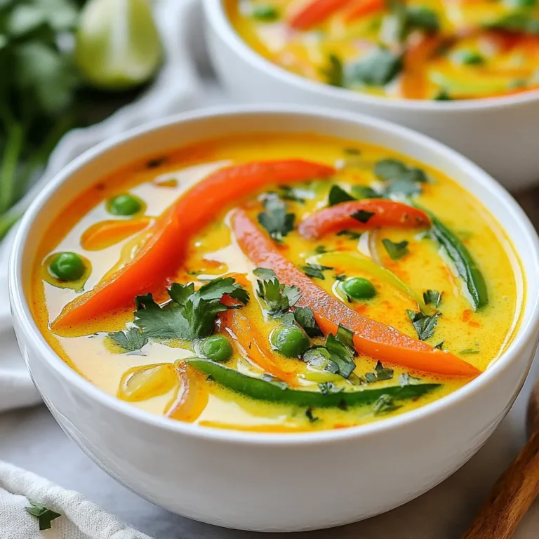 To make a tasty Thai coconut curry soup, gather these key items: - 1 tablespoon coconut oil - 1 medium onion, chopped - 3 cloves garlic, minced - 1 tablespoon fresh ginger, grated - 1 tablespoon red curry paste - 1 can (14 oz) coconut milk - 3 cups vegetable broth - 1 cup carrots, sliced - 1 cup bell peppers, sliced (red or yellow) - 1 cup snap peas, trimmed - 2 cups cooked chicken or tofu, shredded (optional) - 2 tablespoons soy sauce or tamari - 2 tablespoons lime juice - Fresh cilantro leaves, for garnish - Sliced green onions, for garnish - Optional: Sliced jalapeños for heat Each of these ingredients brings a unique flavor to the soup. The coconut milk adds creaminess, while the curry paste provides warmth. You can change this soup to fit your taste. Here are some ideas: - Add sliced mushrooms for an earthy flavor. - Use zucchini or broccoli for extra veggies. - Replace chicken with shrimp for a different protein. - Add lime leaves for a fresh twist. Feel free to mix and match based on what you like! When picking produce, look for bright colors and firm textures. Choose onions with smooth skin and no dark spots. For garlic, pick firm cloves with no sprouting. Fresh ginger should feel heavy and be free of wrinkles. For spices, buy red curry paste from a reliable brand. Check the label for quality ingredients. Fresh herbs like cilantro should smell strong and look vibrant. Using high-quality, fresh ingredients will make your soup shine! {{ingredient_image_1}} Gather all your ingredients first. This makes cooking smooth and fun. You need: - 1 tablespoon coconut oil - 1 medium onion, chopped - 3 cloves garlic, minced - 1 tablespoon fresh ginger, grated - 1 tablespoon red curry paste - 1 can (14 oz) coconut milk - 3 cups vegetable broth - 1 cup carrots, sliced - 1 cup bell peppers, sliced (red or yellow) - 1 cup snap peas, trimmed - 2 cups cooked chicken or tofu, shredded (optional) - 2 tablespoons soy sauce or tamari - 2 tablespoons lime juice - Fresh cilantro leaves, for garnish - Sliced green onions, for garnish - Optional: Sliced jalapeños for heat Chop the onion and slice your veggies. This saves time later. Mince the garlic and grate the ginger. Measure out each ingredient before you begin cooking. Start cooking by heating the coconut oil in a large pot over medium heat. Add the chopped onion and sauté for about 5 minutes. You want them soft and clear. Next, stir in the minced garlic and grated ginger. Cook for one more minute until you smell the aroma. Now, add the red curry paste. Mix well for one minute to release the flavors. Pour in the coconut milk and the vegetable broth. Stir until everything blends together. Add the sliced carrots, bell peppers, and snap peas. Bring the soup to a gentle simmer. If you want protein, toss in the shredded chicken or tofu at this point. Let it simmer for 10 to 15 minutes until the veggies are soft. Finally, mix in the soy sauce or tamari and lime juice. Taste it and adjust seasoning if needed. Turn off the heat when it's done. Ladle the soup into bowls. It looks nice and smells great! Garnish with fresh cilantro leaves and sliced green onions. If you like heat, add some sliced jalapeños on top. This soup is ready to enjoy! To make your Thai Coconut Curry Soup shine, use fresh herbs. Fresh cilantro adds a bright flavor. Lime juice gives a zing that balances the creaminess of coconut milk. Don't forget the red curry paste; it packs heat and depth. Adjust the amount based on your taste. If you prefer it spicier, add sliced jalapeños. For a richer taste, try sautéing the onion longer until caramelized. This enhances the sweetness and flavor of the soup. One common mistake is adding all the veggies at once. Some take longer to cook. Start with the carrots first, then add bell peppers and snap peas later. This way, everything cooks evenly. Another mistake is using low-quality coconut milk. It can make your soup taste bland. Always choose a good brand for the best flavor. Lastly, don’t skip the lime juice. It brightens the soup and makes all the flavors pop. Serve your soup in deep bowls and top with fresh cilantro and green onions. They add color and freshness. You can also serve it with rice or noodles for a heartier meal. Pairing with a light salad balances the richness of the soup. A cold Thai beer or a fruity iced tea complements the flavors well. For a fun twist, add some crusty bread for dipping! Pro Tips Use Fresh Ingredients: Fresh vegetables and herbs enhance the flavor and nutritional value of your soup, making it more vibrant and delicious. Adjust Spice Level: If you prefer a spicier soup, add more red curry paste or include sliced jalapeños for an extra kick. Customize Protein: Feel free to substitute the chicken or tofu with shrimp or chickpeas, depending on your dietary preferences. Serve with Rice: For a heartier meal, serve the soup over cooked jasmine rice or quinoa to soak up all the delicious flavors. {{image_2}} If you want a vegetarian or vegan soup, skip the chicken. Use tofu for protein. It adds nice texture and absorbs flavors well. You can also use more veggies. Sweet potatoes, mushrooms, or zucchini make great choices. The coconut milk keeps the soup rich and creamy. Just follow the same steps in the recipe. Do you like heat? Add more red curry paste or sliced jalapeños. Start with a little and taste as you go. If you prefer mild soup, use less curry paste. You can also add a touch of sugar to balance the heat. Remember, you can always add spice, but you can’t take it away! Get creative with add-ins! Fresh herbs, like basil or mint, can brighten the dish. Lime wedges add a nice zing too. For crunch, try adding nuts like cashews or peanuts on top. Think about using different veggies, like baby corn or bok choy. Each choice adds a unique twist to the soup! To keep your Thai coconut curry soup fresh, let it cool first. Pour the soup into an airtight container. Seal it tightly to avoid any air. You can store it in the fridge for up to three days. Make sure you label the container with the date. When it’s time to enjoy your leftovers, heat the soup in a pot over medium heat. Stir often to warm it evenly. If it looks too thick, add a splash of water or broth. You can also use the microwave. Heat in short bursts and stir in between. This way, it warms nicely without burning. Want to save some for later? You can freeze the soup! Use freezer-safe containers or bags. Leave some space at the top for expansion. The soup can last up to three months in the freezer. When ready to eat, thaw it overnight in the fridge. Reheat it as described earlier for the best taste. If you need a substitute for coconut milk, try almond milk or cashew cream. Both options add a nice creaminess. You can also use heavy cream for a richer flavor. Just remember, these options will change the taste slightly. Yes, you can make this soup ahead of time. It tastes even better the next day! Store it in the fridge and reheat it when you are ready to eat. Just avoid adding fresh herbs until serving to keep them bright. To make this soup gluten-free, use tamari instead of regular soy sauce. Tamari is a great gluten-free option that keeps the flavor. Always check labels on other ingredients to ensure they are gluten-free. This soup pairs well with simple side dishes. Try jasmine rice or quinoa to soak up the broth. A fresh cucumber salad also works great. You can even serve spring rolls for a nice crunch. This article covered how to make Thai Coconut Curry Soup. We discussed essential ingredients and variations, plus tips for fresh produce. You learned easy preparation steps and the cooking process. I shared tips to perfect the flavor and avoid common mistakes. We explored storage methods and answered common questions. Create this soup to impress anyone. With practice, your skills will grow. Enjoy making it your own!