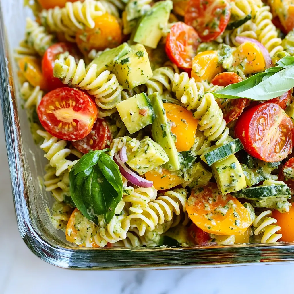 For a tasty Green Goddess Pasta Salad, gather these fresh ingredients: - 8 ounces pasta (fusilli or penne works well) - 1 cup cherry tomatoes, halved - 1 bell pepper, diced - 1 cucumber, diced - 1/4 cup red onion, finely chopped - 1 cup fresh spinach - 1 avocado, diced - 1/2 cup green goddess dressing (store-bought or homemade) - 2 tablespoons fresh basil, chopped - Salt and pepper to taste Each ingredient adds flavor and color. The pasta gives a nice base. The veggies bring crunch and freshness. The dressing ties it all together. I suggest using fusilli or penne pasta for this salad. Fusilli holds the dressing well due to its twists. Penne has smooth tubes that let flavors mix nicely. You can also try farfalle for a fun shape. Just remember to cook until al dente for the best texture. Want to make your salad even better? Here are some fun add-ins: - Grilled chicken for protein - Chickpeas for a hearty touch - Olives for a salty kick - Feta cheese for creaminess - Nuts or seeds for extra crunch Feel free to mix and match based on what you have. These options let you customize your salad to fit your taste. {{ingredient_image_1}} Start by boiling water in a pot. Add salt to the water to flavor the pasta. Add 8 ounces of pasta, like fusilli or penne, to the pot. Cook it until it is al dente, which means it should still have a bite. This usually takes about 8 to 10 minutes. Once done, drain the pasta in a colander. Rinse it under cold water to stop the cooking process and cool it down. While the pasta cools, wash and chop your veggies. Take 1 cup of cherry tomatoes and slice them in half. Dice 1 bell pepper and 1 cucumber into small pieces. Finely chop 1/4 cup of red onion. Wash 1 cup of fresh spinach and pat it dry. Combine all these veggies in a large mixing bowl. Once the pasta is cool, add it to the bowl with the veggies. Gently fold in 1 diced avocado. Be careful not to mash it as you mix. Pour 1/2 cup of green goddess dressing over the salad and toss everything together. Season with salt and pepper to taste. If you like more dressing, feel free to add it. Finally, sprinkle 2 tablespoons of chopped fresh basil on top for a pop of flavor. Enjoy your fresh and vibrant Green Goddess Pasta Salad! To cook pasta well, start by boiling water. Use a big pot and add salt. This helps the pasta taste better. Once the water boils, add your 8 ounces of pasta. Stir it so it doesn't stick. Cook until it is al dente, which means firm but not hard. This usually takes around 8 to 10 minutes. Drain the pasta and rinse it with cold water. This stops the cooking and cools it down fast. For the dressing, you can use store-bought green goddess dressing or make your own. If you choose to make it, blend fresh herbs like basil, parsley, and chives with olive oil, lemon juice, and yogurt. This mix gives your salad a fresh taste. When mixing the salad, pour the dressing over the ingredients right before serving. This keeps the pasta and veggies crisp. Toss gently to coat everything evenly. To store avocado, keep it whole until you are ready to use it. If you cut it, sprinkle lemon juice on the flesh to prevent browning. Wrap it tightly in plastic wrap or place it in an airtight container. This helps it stay fresh for a longer time. Use any leftover avocado within a day or two for the best taste. Pro Tips Cook Pasta Al Dente: Ensure the pasta is cooked al dente for the best texture, as it will absorb flavors and maintain a pleasant bite in the salad. Use Fresh Ingredients: Opt for fresh, high-quality vegetables and herbs to enhance the flavor and nutrition of your pasta salad. Customize Your Dressing: Feel free to adjust the green goddess dressing according to your taste; add more herbs or a squeeze of lemon for extra zing. Chill Before Serving: Allow the salad to chill in the fridge for at least 30 minutes before serving to let the flavors meld together beautifully. {{image_2}} You can boost the protein in your Green Goddess Pasta Salad easily. Consider adding grilled chicken or shrimp. Both options add flavor and keep the salad filling. For a vegetarian twist, try chickpeas or black beans. They give a nice texture and extra protein. You can also use diced hard-boiled eggs. They add richness and make the salad even more satisfying. Making your pasta salad vegetarian or vegan is simple. To keep it vegan, skip the eggs and any dairy. Use a plant-based green goddess dressing. Many brands offer tasty vegan dressings. You can also make your own with avocado, herbs, and lemon juice. Adding extra vegetables, like roasted zucchini or sweet corn, will keep the dish fresh and fun. Seasonal ingredients can make your salad shine. In spring, add peas or asparagus for a crisp bite. In summer, consider ripe peaches or fresh corn. In fall, swap in roasted butternut squash or apples for sweetness. Winter calls for hearty ingredients like Brussels sprouts or kale. Each season gives you a chance to change flavors and keep things exciting. To store your Green Goddess Pasta Salad, place it in an airtight container. Make sure to keep it in the fridge. The cool temperature helps maintain freshness. If you have leftovers, try to finish them within three days. This keeps the salad tasty and safe to eat. I do not recommend freezing this pasta salad. The veggies and avocado may get mushy when thawed. Freezing can change the texture of the salad. If you want to save some, store only the pasta without the dressing and fresh veggies. You can then add fresh ingredients later. When stored properly, the pasta salad lasts about three days in the fridge. After that, it may lose its freshness. Always check for any signs of spoilage before eating. If it smells off or looks funny, it’s best to throw it away. This way, you can enjoy your meal safely! Green Goddess dressing is a creamy sauce made with herbs. It often includes parsley, chives, and tarragon. This dressing has a fresh and vibrant flavor. It pairs perfectly with salads, like our pasta salad. The dressing gives a rich, green color and adds taste. You can buy it or make your own! Yes, you can make this salad ahead of time. It stays fresh for a day or two. Just store it in the fridge in a covered bowl. If you make it early, keep the avocado separate. Add it just before serving to keep it green and fresh. To make homemade Green Goddess dressing, you need simple ingredients. Here’s a quick recipe: - 1/2 cup mayonnaise - 1/4 cup sour cream - 1/4 cup buttermilk - 1 tablespoon lemon juice - 1 tablespoon white wine vinegar - 1/4 cup fresh herbs (like parsley and chives) - Salt and pepper to taste 1. Mix all the ingredients in a bowl. 2. Blend until smooth and creamy. 3. Taste and adjust salt and pepper as needed. This dressing is easy and delicious! This blog post covered all the steps to make a great pasta salad. We discussed the right ingredients and cooking methods. I shared tips to cook pasta and store your salad well. You can try different proteins or swap in seasonal veggies for fun flavors. Remember, cooking should be enjoyable and simple. With these ideas, you can create a tasty dish that's perfect for any occasion. Your kitchen adventures await!