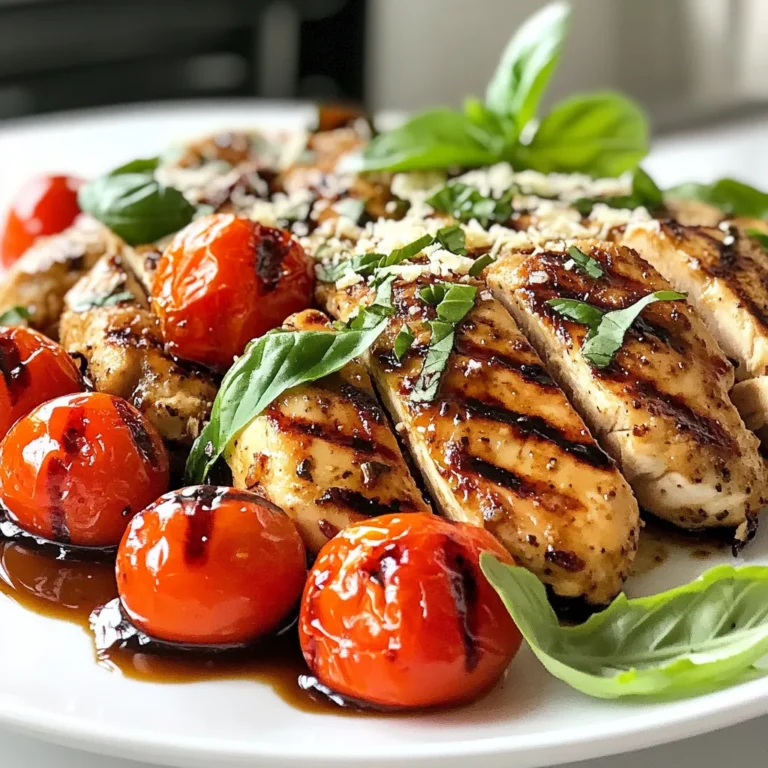 - 4 boneless, skinless chicken breasts - 1/2 cup balsamic vinegar - 1/4 cup honey - 2 tablespoons olive oil - 3 cloves garlic, minced - 1 teaspoon dried oregano - Salt and pepper to taste - Fresh basil leaves for garnish - 1 cup cherry tomatoes, halved - 1 tablespoon grated Parmesan cheese To create a delicious balsamic glazed chicken, you need simple, fresh ingredients. The chicken is the star. Use four boneless, skinless chicken breasts. They cook evenly and stay juicy. Next, the balsamic vinegar adds a rich tang. You only need half a cup. Honey brings sweetness to balance the vinegar; a quarter cup works well. Olive oil, two tablespoons, helps the marinade stick to the chicken. Garlic adds great flavor. Use three cloves, minced. Dried oregano brings an earthy taste to the mix. Don’t forget salt and pepper to taste. For garnishes, fresh basil leaves brighten the dish. A cup of halved cherry tomatoes adds color and flavor. Finally, sprinkle one tablespoon of grated Parmesan cheese for a salty finish. These ingredients come together to make a grilled delight you will love to serve! {{ingredient_image_1}} First, grab a medium bowl. Whisk together these ingredients: - 1/2 cup balsamic vinegar - 1/4 cup honey - 2 tablespoons olive oil - 3 cloves garlic, minced - 1 teaspoon dried oregano - Salt and pepper to taste Make sure everything blends well. This mix is your marinade. Next, take your chicken breasts. Place them in a large resealable bag. Pour the marinade over the chicken. Seal the bag tightly. Gently massage the marinade into the chicken. This helps the flavor soak in. Let it marinate in the fridge for at least 30 minutes. For the best taste, two hours is even better. Now, it’s time to cook. Preheat your grill or grill pan on medium-high heat. After that, take the chicken out of the marinade. Discard the leftover marinade. Grill the chicken for about 6-7 minutes on each side. You want it to reach a safe internal temperature. Look for nice grill marks. If you want more flavor, brush the chicken with some reserved marinade while it cooks. While the chicken grills, you can start the tomatoes. In a small saucepan, drizzle some olive oil. Add a pinch of salt. Add the halved cherry tomatoes. Sauté them over medium heat for about 5 minutes. They should start to soften and get juicy. After grilling, let the chicken rest for 5 minutes. This keeps it juicy. Now, slice the chicken breasts. Arrange the slices on a platter. Spoon the sautéed tomatoes over the chicken. Sprinkle with grated Parmesan cheese. Finally, add fresh basil leaves for color and flavor. Enjoy your beautiful dish! To get the best flavor, marinate the chicken for at least 30 minutes. For even more taste, try to marinate it for up to 2 hours. This gives the chicken time to soak up the balsamic mix. To massage the marinade into the chicken, place the chicken in a resealable bag first. Pour the marinade over the chicken, then seal the bag. Gently squeeze and move the chicken around in the bag. This helps the flavors get into the meat. You can cook the chicken in different ways. If you don't have a grill, bake it in the oven or use a stovetop pan. Baking at 375°F for about 25-30 minutes works well. To check if the chicken is done, use a meat thermometer. The internal temperature should be 165°F. This ensures the chicken is safe to eat and juicy. Pair balsamic glazed chicken with tasty side dishes. Some great options include roasted vegetables, mashed potatoes, or a fresh salad. For a stunning presentation, slice the chicken and arrange it on a platter. Spoon the sautéed cherry tomatoes over the top, sprinkle with grated Parmesan cheese, and add fresh basil leaves for color. This makes the dish look as good as it tastes! Pro Tips Marination Time: Allowing the chicken to marinate for at least 2 hours will enhance the flavor significantly. For best results, marinate overnight. Grilling Temperature: Make sure your grill is preheated properly. A hot grill will give nice sear marks and keep the chicken juicy. Use of Fresh Herbs: Incorporating fresh herbs like thyme or rosemary can elevate the dish's aroma and flavor profile. Add them during the marination process. Resting Time: Letting the chicken rest for about 5 minutes after grilling allows the juices to redistribute, ensuring a moist and tender bite. {{image_2}} You can easily swap out honey for maple syrup or agave nectar. Both add a nice sweetness. If you want a sugar-free option, consider using stevia or erythritol. These alternatives work well with the balsamic vinegar. You can also change the herbs and spices. For a different flavor, try thyme or rosemary instead of oregano. You can mix in a bit of paprika for a smoky kick. Don’t be afraid to experiment with your favorite seasonings. If grilling is not an option, you can bake the chicken. Preheat your oven to 375°F (190°C). Place the marinated chicken on a baking sheet. Bake for 25-30 minutes or until the chicken is cooked through. This method keeps the chicken juicy. You can also use an air fryer for a quick meal. Preheat the air fryer to 375°F (190°C). Cook the chicken for about 15-18 minutes. Check for doneness, and enjoy a crispy outside with a moist inside. To make your dish even better, add seasonal vegetables. Roasted zucchini, bell peppers, or asparagus make great choices. They add color and nutrition to your plate. You can also serve the chicken over grains like quinoa or rice. A fresh salad works well, too. Just toss some greens with a light dressing. This adds crunch and freshness to your meal. To keep your balsamic glazed chicken fresh, store leftovers in an airtight container. Refrigerate them within two hours of cooking. This helps prevent bacteria growth. For best taste, eat the chicken within three days. If you want to keep it longer, freeze it. Wrap the chicken tightly in plastic wrap or foil before placing it in a freezer bag. It will stay fresh for up to three months. To maintain flavor and texture, let the chicken cool before freezing. This prevents ice crystals from forming. When you are ready to eat, thaw it in the fridge overnight. This method helps keep moisture. When reheating chicken, the best method is to use an oven. Preheat it to 350°F (175°C). Place the chicken in a baking dish and cover it with foil. This keeps the chicken moist while it heats. Bake for about 20 minutes or until it reaches 165°F (74°C) inside. You can also use a microwave. Place the chicken on a plate and cover it with a damp paper towel. Heat it in short intervals of one minute, checking often. This way, you avoid drying it out. Always check the temperature before serving to ensure it’s hot and safe to eat. How long should I marinate the chicken? You should marinate the chicken for at least 30 minutes. For the best flavor, aim for 2 hours. The longer it sits, the more tasty the chicken becomes. Can I use bone-in chicken for this recipe? Yes, you can use bone-in chicken. Just remember, it will take longer to cook. You should check the internal temperature to ensure it is safe to eat. Is balsamic glazed chicken healthy? Yes, balsamic glazed chicken can be a healthy choice. It is packed with protein from the chicken and has a good mix of flavors from the marinade. Using fresh ingredients adds nutrition too. Caloric breakdown per serving Each serving of balsamic glazed chicken has about 300 calories. This includes the chicken, sauce, and tomatoes. Adjust the serving size if you want to manage your calorie intake. What to do if the chicken is dry? If your chicken is dry, try cooking it for less time next time. You can also baste the chicken with some reserved marinade while cooking. This adds moisture and flavor. How to adjust flavors if it’s too sweet or tart? If the dish is too sweet, add a little more salt. A squeeze of lemon juice can balance the sweetness. If it’s too tart, add a touch of honey to mellow the taste. This blog shared a delicious recipe for balsamic glazed chicken. You learned about key ingredients and helpful tips for marinating and grilling. We also discussed storage and reheating methods to keep your dish fresh. You can customize the recipe with variations and serve it with sides to enhance flavors. Enjoy making this meal and impress your guests with a tasty dish they will love. Happy cooking!