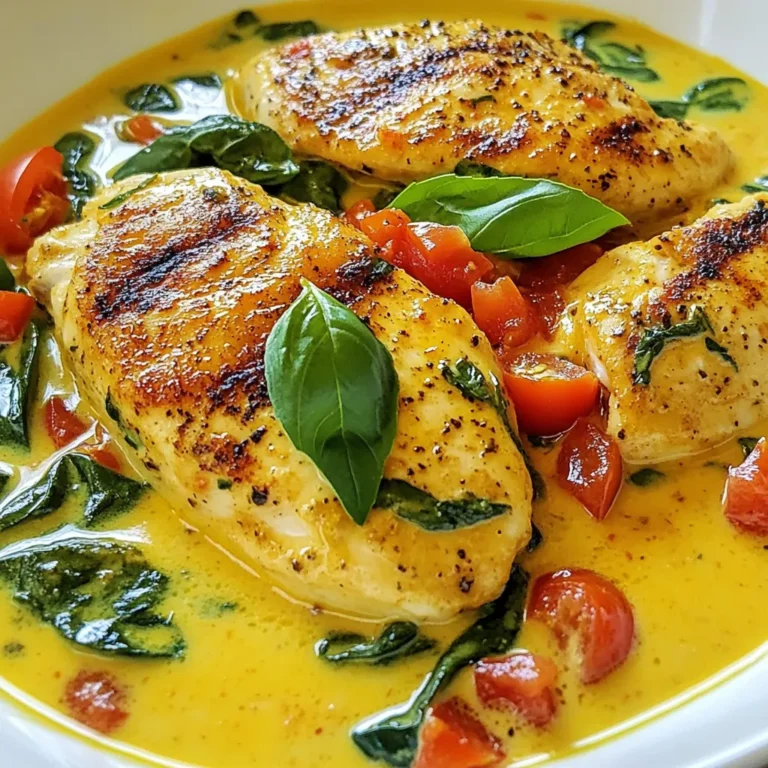 - 4 boneless, skinless chicken breasts - 2 cups fresh spinach, chopped - 1 can (14 oz) diced tomatoes, drained - 1/2 cup heavy cream - 1/2 cup chicken broth - 3 cloves garlic, minced - 1 medium onion, diced - 1 teaspoon Italian seasoning - 1 tablespoon olive oil - Salt and pepper to taste - Fresh basil leaves for garnish This recipe uses simple yet fresh ingredients to create a tasty dish. The chicken breasts are the star of the show. They provide a nice base for all the flavors. Spinach adds a vibrant color and healthy touch. Diced tomatoes bring a sweet and tangy note, while heavy cream gives the dish a rich texture. Seasoning is key. The chicken broth adds depth, and garlic and onion boost flavor. Italian seasoning ties it all together, making each bite delicious. Don't forget the olive oil for cooking. It helps the chicken brown nicely and adds flavor. For finishing touches, salt and pepper balance the dish. Fresh basil leaves on top not only look great but also add a fresh taste. Each ingredient works together to create a meal that's sure to impress. {{ingredient_image_1}} First, season the chicken breasts. Use salt, pepper, and Italian seasoning on both sides. This adds great flavor. Next, heat olive oil in a large skillet over medium-high heat. Sauté the seasoned chicken for about 6-7 minutes on each side. You want it golden brown and cooked through. Once done, take the chicken out and set it on a plate. In the same skillet, add the diced onions. Sauté them until they become translucent, about 2-3 minutes. This brings out their sweetness. Now, add the minced garlic and cook for one more minute. The aroma will be amazing! Stir in the drained diced tomatoes next. Let them cook for 2-3 minutes. Then, add the chopped spinach and stir until it wilts, which takes about 2 minutes. Now, pour in the heavy cream and chicken broth. Bring it to a gentle simmer. Stir well and let it simmer for about 4-5 minutes until it thickens slightly. Now, return the cooked chicken to the skillet. Spoon the creamy tomato-spinach sauce over the chicken. Allow it to simmer for another 2 minutes to heat through. Finally, remove from heat and garnish with fresh basil leaves before serving. This adds a fresh touch! To keep chicken breasts tender and juicy, start with even thickness. You can pound the chicken to about 1 inch. This helps them cook evenly and prevents dryness. Cook the chicken for about 6-7 minutes on each side over medium-high heat. Always check that the internal temperature reaches 165°F. For smaller breasts, reduce the cooking time. Larger pieces may need an extra minute or two. To adjust the thickness of the sauce, you can add more or less heavy cream. If you want it thicker, let it simmer longer. For a thinner sauce, add a splash of chicken broth. Taste as you season with salt and pepper. This way, you can make it just right for your liking. This dish pairs well with rice or pasta. A bed of fluffy rice absorbs the creamy sauce nicely. If you prefer pasta, choose something like fettuccine or penne. For presentation, serve the chicken on the side with a generous drizzle of sauce. A sprinkle of fresh basil adds a nice touch and color. Pro Tips Perfectly Cooked Chicken: Use a meat thermometer to ensure chicken reaches an internal temperature of 165°F (75°C) for safety and juiciness. Fresh Spinach Flavor: For the best flavor, use fresh spinach instead of frozen. It wilts quickly and retains its vibrant color. Customize the Creaminess: Adjust the amount of heavy cream according to your preference for a richer or lighter sauce. Add a Kick: For a spicy twist, add a pinch of red pepper flakes to the sauce while it simmers. {{image_2}} You can change the main protein in this dish. If you want, swap chicken for turkey or shrimp. Turkey gives a nice flavor and is lean. Shrimp cooks fast and adds a sweet taste. If you prefer a vegetarian option, use tofu. Tofu absorbs flavors well, making it a tasty choice in this creamy sauce. To make this dish hotter, add red pepper flakes. This spice warms up each bite. You can also mix in other vegetables. Bell peppers add crunch, while mushrooms bring a deep, earthy flavor. Both options enhance the dish and make it more colorful. If you want a lighter sauce, try using half-and-half or coconut cream. These options keep the dish creamy without as many calories. For a vegan version, use cashew cream or coconut milk. Both give a rich taste while keeping it dairy-free. To store leftovers, place the chicken and sauce in an airtight container. This keeps the dish fresh and prevents spills. Make sure to cool the dish to room temperature before sealing it. For best quality, enjoy your leftovers within three to four days. Yes, you can freeze this dish. To do it well, let the chicken cool completely. Then, place it in a freezer-safe container or bag. This helps avoid freezer burn. You can freeze it for up to three months. For thawing, move the container to the fridge overnight. To reheat, warm it in a skillet over medium heat. Add a splash of chicken broth if the sauce seems too thick. Stir until heated through, and enjoy! Yes, you can prepare Creamy Tomato Spinach Chicken ahead of time. Cook the dish as usual, then let it cool. Store it in an airtight container in the fridge. This will keep it fresh for up to three days. When you're ready to eat, heat it gently on the stove over low heat. Stir often to prevent sticking. You can also microwave it in a safe dish for a quick option. Creamy Tomato Spinach Chicken pairs well with many sides. Here are some great options: - Steamed rice - Pasta, like fettuccine or penne - Quinoa for a healthy twist - Garlic bread to soak up the sauce - A fresh salad for a crunchy contrast Each of these sides will balance the creamy sauce and add variety to your meal. Yes, Creamy Tomato Spinach Chicken can be gluten-free. The main ingredients, like chicken and vegetables, do not contain gluten. Just be careful with the chicken broth. Some brands add gluten. Always check the label to ensure it is gluten-free. If you want to be safe, use homemade chicken broth to control the ingredients. This blog post shared a simple, tasty recipe for Creamy Tomato Spinach Chicken. You learned about the key ingredients, cooking steps, and tips for perfecting the dish. I also covered storage methods and variations for added creativity. Keep this recipe in mind for your next meal. It’s easy to follow and great for any occasion. Enjoy cooking and remember to make it your own! Your version will be unique and just as delicious.