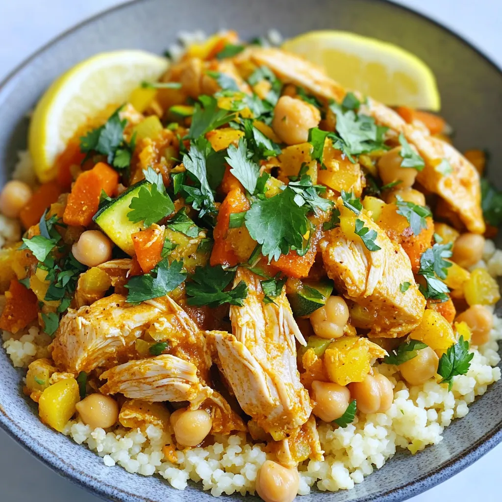 To create a great Moroccan Chicken Couscous, you need some key ingredients: - 1 lb (450g) chicken thighs, boneless and skinless - 1 cup couscous - 2 cups chicken broth - 1 medium onion, diced - 2 cloves garlic, minced - 1 carrot, diced - 1 zucchini, diced - 1 cup canned chickpeas, drained and rinsed - 1 teaspoon ground cumin - 1 teaspoon ground cinnamon - 1 teaspoon ground coriander - 1/2 teaspoon turmeric - 1/4 teaspoon cayenne pepper (optional, for heat) - 2 tablespoons olive oil - Salt and pepper to taste - Fresh cilantro, chopped, for garnish - Lemon wedges, for serving These ingredients work together to make a flavorful dish. Chicken thighs provide rich taste, while the spices add warmth and depth. The vegetables bring color and nutrition. You can boost the taste with these optional items: - Raisins or dried apricots for sweetness - Almonds or pine nuts for crunch - Fresh herbs like parsley or mint for freshness These extras add complexity and make your dish even more exciting. You can mix and match based on what you enjoy. This dish is not only tasty but also healthy. Here are some benefits: - Chicken: Great source of protein. It helps build and repair tissues. - Couscous: A whole grain that provides energy and fiber. - Chickpeas: Packed with protein and fiber, they support digestion. - Vegetables: Carrots and zucchini offer vitamins and minerals. Eating this meal gives you a balanced mix of nutrients. It’s filling and satisfying, perfect for a family dinner. {{ingredient_image_1}} Start by heating 2 tablespoons of olive oil in a large pot over medium heat. Add 1 medium diced onion and 2 minced garlic cloves. Sauté until the onion turns soft and clear, about 3-4 minutes. Next, add 1 pound of boneless, skinless chicken thighs. Season the chicken with salt, pepper, 1 teaspoon of ground cumin, 1 teaspoon of ground coriander, 1 teaspoon of ground cinnamon, 1/2 teaspoon of turmeric, and a pinch of cayenne pepper if you like heat. Brown the chicken on all sides for about 5-7 minutes. This step creates great flavor. Now, stir in 1 diced carrot, 1 diced zucchini, and 1 cup of drained chickpeas. Pour in 2 cups of chicken broth and bring everything to a boil. Once boiling, lower the heat and cover the pot. Let it simmer for 20-25 minutes until the chicken is tender and fully cooked. This slow cooking allows the spices to meld together. While the chicken simmers, it's time to cook the couscous. Boil 1 cup of water in a separate bowl. Once boiling, pour the hot water over 1 cup of couscous in a bowl. Cover it and let it sit for 5 minutes. After that, fluff the couscous with a fork to separate the grains. It should be light and fluffy, perfect for soaking up the chicken and vegetable mix. When the chicken is done, take it out of the pot and shred it using two forks. Return the shredded chicken to the pot and mix it well with the veggies and broth. To serve, place a generous amount of couscous on each plate. Top it with the chicken and vegetable mixture. For a fresh touch, sprinkle chopped cilantro over the top. Serve with lemon wedges on the side for that extra zing. Enjoy your Moroccan Chicken Couscous! To cook chicken thighs well, start with good heat. Use medium heat in a large pot. Add olive oil and let it warm. When the oil is hot, add diced onion and garlic. Cook them until the onion is clear. This takes about 3 to 4 minutes. Next, add the chicken thighs. Season them with salt, pepper, and spices. Brown the chicken on all sides. This should take about 5 to 7 minutes. Fluffing couscous is easy and fun. First, boil 1 cup of water. Pour the boiling water over the couscous in a bowl. Cover the bowl and let it sit for 5 minutes. After 5 minutes, take a fork and fluff it gently. This will make it light and airy. Do not stir too hard, or it will clump. To enhance flavor, use fresh spices. Ground cumin, coriander, and cinnamon are key. Always taste as you cook. If you want more heat, add cayenne pepper. A little goes a long way. Also, don’t forget to use salt and pepper. They help balance the flavors. Lastly, garnish with fresh cilantro. It adds a nice touch and bright flavor. Pro Tips Marinate for Flavor: Consider marinating the chicken thighs in the spices and olive oil for a few hours or overnight. This enhances the flavors and tenderizes the meat. Choose Your Veggies: Feel free to customize the vegetables based on your preference or seasonal availability. Bell peppers and eggplant are great additions! Fluff Your Couscous: Make sure to fluff the couscous with a fork after it has rested. This helps to separate the grains and prevents clumping. Garnish with Freshness: Adding fresh herbs like mint or parsley along with cilantro can elevate the dish's freshness and add vibrant flavor. {{image_2}} You can easily make this dish vegetarian. Swap chicken for firm tofu. Start by pressing the tofu to remove extra moisture. Cut it into cubes and sauté it until golden. Add the tofu in place of chicken when you cook the spices. This gives you a tasty vegetarian meal. Couscous isn't the only grain you can use. Try quinoa, bulgur, or even orzo pasta. Each grain brings its own flavor and texture. Just remember to adjust the cooking time and liquid needed based on the grain you choose. This makes the dish fun and fresh! Dried fruits and nuts add a delightful crunch. Consider using raisins, apricots, or almonds. Add these during the cooking stage to infuse their sweetness. This mix of flavors will elevate your Moroccan chicken couscous. It's a simple way to enhance your meal's taste and texture. To store your Moroccan chicken couscous, let it cool first. Place it in an airtight container. Keep it in the fridge for up to three days. If you want to keep it longer, freezing is a good option. When you reheat couscous, add a splash of water. This helps to keep it moist. Use a microwave or stovetop for reheating. If using a microwave, cover it and heat in short bursts. Stir it often for even heating. If using the stovetop, warm it slowly over low heat. To freeze couscous, allow it to cool completely. Portion it into freezer-safe bags or containers. Remove as much air as possible to prevent freezer burn. Label the bags with the date. You can freeze it for up to three months. When you're ready to eat, thaw it overnight in the fridge before reheating. Moroccan Chicken Couscous has deep roots in North African culture. Couscous is a staple food in Morocco. It symbolizes family and tradition. Families often gather to share this dish, especially during celebrations. The blend of spices and flavors reflects the region's diverse history. It combines Berber, Arab, and Mediterranean influences. This dish showcases the art of Moroccan cooking, emphasizing fresh ingredients and bold flavors. Yes, you can prepare Moroccan Chicken Couscous ahead of time. This dish tastes even better the next day. The flavors meld and become richer. Cook the chicken and vegetables, then store them in the fridge. Just reheat them when you’re ready to serve. Prepare the couscous fresh, so it stays fluffy. This way, you’ll enjoy a delicious meal without the last-minute rush. Moroccan Chicken Couscous pairs well with various side dishes. Here are some great options: - Green salad: A light salad adds freshness. - Roasted vegetables: Carrots, peppers, and eggplants complement the dish. - Flatbread: Serve with Moroccan bread for a fun touch. - Yogurt sauce: A cool yogurt sauce balances the spices. These sides enhance the meal and add variety to your table. To make Moroccan Chicken Couscous milder, you can adjust the spices. Start by reducing the cayenne pepper or leaving it out. Use less cumin and coriander if you prefer. You can also add more vegetables, like zucchini or carrots. They bring natural sweetness and balance the heat. Lastly, serve with a side of yogurt. It cools the dish and makes it more enjoyable for everyone. This guide covered how to make Moroccan Chicken Couscous from start to finish. You learned about key ingredients, cooking methods, and tasty variations. I shared tips to help you cook chicken and fluff couscous perfectly. Remember, you can store leftovers and enjoy them later. Cooking this dish not only fills your belly but also connects you with a rich culture. I hope you feel inspired to try it at home!