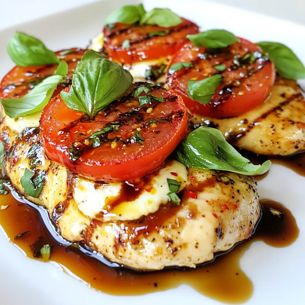 - 4 boneless, skinless chicken breasts - 2 tablespoons olive oil - 1 teaspoon Italian seasoning - Salt and black pepper to taste - 2 large tomatoes, sliced - 8 ounces fresh mozzarella cheese, sliced - 1 cup fresh basil leaves - 1/4 cup balsamic glaze - Optional: Red pepper flakes for a spicy kick To make a great Caprese Chicken Skillet, you need simple yet fresh ingredients. Start with four boneless, skinless chicken breasts. These will be the star of your dish. Next, grab two tablespoons of olive oil. This oil gives the chicken a nice golden color. You also want one teaspoon of Italian seasoning. This blend adds flavor that will shine through. Don’t forget salt and black pepper. These basic seasonings help enhance the taste of your chicken. Now, pick two large tomatoes. Slice them up; they will add freshness and juiciness. You will also need eight ounces of fresh mozzarella cheese. Sliced mozzarella melts beautifully over the chicken. Next, gather one cup of fresh basil leaves. Their aroma and taste bring a lovely touch to the dish. Lastly, you need a quarter cup of balsamic glaze. This sweet drizzle adds a tangy finish. For those who enjoy heat, consider adding red pepper flakes. They can spice things up a bit. This mix of ingredients makes your Caprese Chicken Skillet flavorful and colorful. Make sure you have everything ready before you start cooking! {{ingredient_image_1}} Heating the skillet and preparing chicken Start by heating 2 tablespoons of olive oil in a large skillet over medium heat. Make sure the oil is hot before adding the chicken. While the oil heats, season 4 boneless, skinless chicken breasts with 1 teaspoon of Italian seasoning, salt, and black pepper on both sides. Cooking chicken to perfection Once the oil is hot, add the seasoned chicken breasts to the skillet. Cook for 6-7 minutes on one side until golden brown. Flip the chicken and cook for another 6-7 minutes. Check that the chicken reaches an internal temperature of 165°F (75°C) to ensure it is fully cooked. Adding toppings for flavor After the chicken is cooked, layer 2 large sliced tomatoes evenly over each chicken breast. Then, place 8 ounces of fresh mozzarella cheese on top of the tomatoes. Cover the skillet with a lid and cook for 2-3 minutes. This will help the cheese melt perfectly. Melting the cheese When the cheese is melted, remove the skillet from the heat. The melted mozzarella adds a creamy texture that makes this dish so enjoyable. Adding basil and balsamic glaze Next, sprinkle 1 cup of fresh basil leaves on top of each chicken breast. Drizzle 1/4 cup of balsamic glaze over the chicken for a sweet and tangy finish. If you like some heat, add red pepper flakes for a spicy kick. Serving suggestions Serve the Caprese chicken right away for the best flavor. You can pair it with a fresh salad or some crusty bread. Enjoy this easy and delicious meal! - Ensuring chicken is tender and juicy Start with fresh, boneless, skinless chicken breasts. These cook quickly and stay moist. Season them well with Italian seasoning, salt, and pepper. Cook them on medium heat for 6-7 minutes per side. Use a meat thermometer to check that the internal temperature reaches 165°F. This ensures your chicken is safe to eat and juicy. - Ideal skillet techniques Use a large skillet for even cooking. Heat the olive oil well before adding the chicken. This helps create a nice golden crust. Don’t overcrowd the skillet; cook in batches if needed. This way, your chicken will brown nicely and won’t steam. - Best practices for cheese melting After cooking the chicken, layer sliced tomatoes on top. Then add fresh mozzarella. Cover the skillet with a lid to trap heat. Let it cook for 2-3 minutes. This will help the cheese melt perfectly and become gooey. - Adding red pepper flakes For a bit of heat, sprinkle red pepper flakes on top before serving. This adds a nice kick and balances the creamy cheese. Adjust the amount based on your spice preference. - Marinating tips If you want extra flavor, marinate the chicken for a few hours. Use olive oil, Italian seasoning, and a splash of balsamic glaze. This will enhance the taste and make the chicken even juicier. Just remember to pat the chicken dry before cooking to get that perfect crust. Pro Tips Use Fresh Ingredients: Opt for fresh mozzarella and ripe tomatoes for the best flavor and texture in your Caprese Chicken. Rest the Chicken: Let the chicken rest for a few minutes after cooking to retain its juices and ensure tenderness. Customize Your Seasoning: Feel free to add garlic powder or fresh minced garlic to enhance the flavor profile of the dish. Perfect Balsamic Glaze: If you don’t have balsamic glaze, you can make your own by simmering balsamic vinegar until it reduces and thickens. {{image_2}} You can switch things up with different chicken options. Try using turkey cutlets or even thin pork chops. These work well with the same flavors. For cheese, fresh mozzarella is great, but you can also use provolone or burrata. Each cheese brings its own taste and texture. If you want more flavor, consider adding feta or goat cheese on top. This dish pairs well with sides that balance its rich flavors. A simple green salad with vinaigrette is a perfect match. You could also serve it with steamed veggies for a healthy touch. If you want something heartier, serve the Caprese chicken over pasta. Tossing in some olive oil and garlic can elevate the dish even more. Another tasty option is to serve it on a bed of fresh salad greens, allowing the juices from the chicken to flavor the greens. To reheat Caprese Chicken, I recommend using the oven or stovetop. Both methods keep the chicken moist. If using the oven, preheat it to 350°F. Place the chicken in an oven-safe dish, cover it with foil, and heat for 15-20 minutes. This method warms the chicken without drying it out. If you choose the stovetop, add a splash of water or broth to a pan. Place the chicken in the pan over medium heat. Cover it with a lid and heat for about 5-7 minutes. This method helps maintain the flavor and keeps the chicken juicy. To store leftover Caprese Chicken, let it cool first. Place it in an airtight container. It stays fresh in the fridge for up to three days. Always separate the chicken from the toppings to keep flavors intact. If you want to freeze it, wrap the chicken tightly in plastic wrap. Then, place it in a freezer-safe bag. It can last up to three months in the freezer. To thaw, move it to the fridge overnight. For quicker thawing, use the microwave on the defrost setting. After thawing, reheat as mentioned above to enjoy your meal again. Can I use skin-on chicken? Yes, you can use skin-on chicken. It adds flavor and moisture. Just remember to adjust the cooking time. Skin-on chicken may need a bit longer to cook through. Make sure the internal temperature is 165°F. How can I make it spicier? To spice it up, add red pepper flakes. You can mix it into the seasoning or sprinkle on top. You can also use a spicy cheese or hot sauce. Both options will enhance the flavor. Is this recipe healthy? Yes, this recipe is healthy. It includes lean protein from chicken and fresh veggies. The mozzarella cheese adds calcium. Fresh basil and tomatoes provide vitamins. You can adjust the oil and glaze for a lighter option. What are the calorie counts per serving? Each serving has about 350 calories. This can vary based on the cheese used or added oils. For a more precise count, check the specific brands of ingredients. How can I adjust for larger portions? To make more servings, just double the ingredients. Use a larger skillet or cook in batches. Make sure to space the chicken for even cooking. Is there an instant pot version available? Yes, you can make Caprese Chicken in an Instant Pot. Sear the chicken first, then add tomatoes and cheese. Cook on high pressure for 8-10 minutes. This method saves time and keeps the chicken juicy. This article showed you how to make delicious Caprese Chicken. We covered ingredients like chicken breasts, olive oil, and mozzarella. You learned step-by-step instructions for cooking and adding flavors. Tips helped ensure your chicken stays juicy and tasty. We explored variations and provided storage advice. Try these ideas and make your meals even better. Cooking can be fun and rewarding! Enjoy every bite.