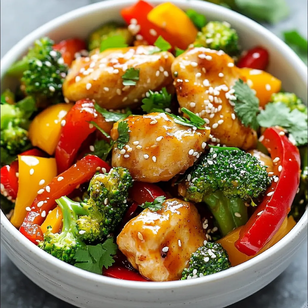 - 1 lb boneless, skinless chicken thighs, cut into bite-sized pieces - 1 cup bell peppers (red, yellow, green), sliced - 1 medium onion, sliced - 2 cups broccoli florets - 4 cloves garlic, minced - 1 tablespoon ginger, minced - 1/4 cup sweet chili sauce - 2 tablespoons soy sauce - 1 tablespoon cornstarch - 2 tablespoons vegetable oil - Salt and pepper to taste - Sesame seeds for garnish - Fresh cilantro for garnish This dish shines with fresh, vibrant ingredients. First, the chicken is the star. I prefer using thighs since they stay juicy and tender. Next, the colorful bell peppers add crunch and sweetness. The onion and broccoli offer a mix of flavors and textures. For the sauce, sweet chili sauce brings a delightful kick. Soy sauce adds depth, while cornstarch thickens the dish. The garlic and ginger give it a warm, cozy aroma. Finally, sesame seeds and cilantro elevate the look and taste. Each ingredient plays a role in making this stir fry both tasty and appealing. {{ingredient_image_1}} Start with 1 lb of boneless, skinless chicken thighs. Cut them into bite-sized pieces. This helps the chicken cook evenly. In a medium bowl, mix 1/4 cup sweet chili sauce, 2 tablespoons soy sauce, and 1 tablespoon cornstarch. This mix will thicken the sauce later. Set the bowl aside for now. Heat 1 tablespoon of vegetable oil in a large skillet or wok. Use medium-high heat. Once hot, add the chicken pieces. Season them with salt and pepper. Stir-fry for 5-7 minutes. You want the chicken to be golden and fully cooked. Remove the chicken and set it aside. In the same skillet, add another tablespoon of oil. Then add sliced onion, bell peppers, and 2 cups of broccoli florets. Stir-fry these for 3-4 minutes. You want them tender but still crisp. Now, add 4 minced garlic cloves and 1 tablespoon of minced ginger. Stir-fry for about 1 minute until you smell their aroma. Return the chicken to the skillet. Pour the sweet chili sauce mix over the chicken and veggies. Stir everything well to coat. Cook for an additional 2-3 minutes. This will let the sauce thicken slightly. Once done, remove from heat. Garnish with sesame seeds and fresh cilantro for a nice touch. Enjoy your colorful and tasty Sweet Chili Chicken Stir Fry! To cook your stir fry well, keep the heat high. This helps the food cook fast and stay crisp. Use a large skillet or wok for even cooking. Cut all your chicken and veggies into small pieces. This way, they cook evenly. Start with the chicken, then add veggies. Stir often to keep everything moving. Sweet chili sauce gives your dish a great taste. Mix it with soy sauce and cornstarch for a nice glaze. Add salt and pepper to the chicken and veggies while cooking. You can also try adding a splash of lime juice for extra brightness. Ginger and garlic are key for depth. They should go in right after your veggies. Make your dish look great! Serve it over fluffy jasmine rice or quinoa. This adds color and texture. Sprinkle sesame seeds on top for crunch. Fresh cilantro adds a pop of green and freshness. Use a nice plate to showcase your colorful stir fry. A good presentation makes the meal feel special. Pro Tips Prep Ingredients Ahead: Having all your ingredients prepped and ready to go will make the cooking process smoother and faster, allowing you to focus on stir-frying. Use High Heat: Stir-frying requires high heat to achieve that perfect char and sear on the chicken and vegetables. Ensure your pan or wok is hot before adding the ingredients. Don’t Overcrowd the Pan: If you add too many ingredients at once, it will lower the pan's temperature and steam your food instead of stir-frying it. Cook in batches if necessary. Customize Your Veggies: Feel free to mix in your favorite vegetables or whatever you have on hand, such as snap peas, carrots, or zucchini, for added flavor and nutrition. {{image_2}} You can swap out chicken for other meats. Try shrimp, beef, or pork. Each protein brings its own taste. Shrimp cooks fast and adds a sweet flavor. Beef gives a hearty bite, while pork adds richness. Just adjust cooking times for each meat. Feel free to change the veggies in this stir fry. Use snap peas, carrots, or zucchini. Each veggie changes the dish’s color and taste. You can also mix in mushrooms or baby corn. Choose what you love and what you have on hand. To make this dish vegetarian or vegan, skip the chicken. Use tofu or tempeh as a protein. Press and cube the tofu to get rid of extra moisture. Cook it until golden for a nice texture. You can also add chickpeas for extra protein. Use vegetable broth instead of sauces with animal products. This keeps all the flavors while meeting your diet needs. You can store sweet chili chicken stir fry in the fridge. Place it in an airtight container. It will stay fresh for up to three days. Before storing, let it cool to room temperature. This helps keep it tasty and safe to eat. If you want to keep it longer, you can freeze the stir fry. Use a freezer-safe container or bag. Remove as much air as possible to prevent freezer burn. It can last for up to three months in the freezer. To thaw, move it to the fridge overnight. When you are ready to eat, reheat the stir fry. You can use a microwave or a skillet. If using a microwave, heat for one to two minutes. Stir halfway to ensure even warming. If using a skillet, add a splash of water and heat over medium heat. This keeps the dish moist and delicious. You can serve this stir fry with rice or noodles. I love jasmine rice for its light flavor. You can also use brown rice for a healthier option. Quinoa works well too! If you want something crunchy, try serving it with crispy spring rolls. These pair nicely with the sweet flavors of the dish. Yes, you can use frozen vegetables! They make cooking fast and easy. Just add them to the skillet after cooking the chicken. Cook them a bit longer until they are hot. Frozen veggies can taste great, but fresh ones add more flavor. To adjust the spice level, you can add more or less sweet chili sauce. If you want it spicier, add some red pepper flakes or chili sauce. For a milder taste, use less of the sweet chili sauce. You can also serve it with chili sauce on the side for those who want a kick. The best type of chicken for stir-frying is boneless, skinless chicken thighs. They stay juicy and tender when cooked. You can also use chicken breast, but it may dry out faster. Cut the chicken into small pieces for even cooking and better flavor. In this blog post, we explored making a tasty Sweet Chili Chicken Stir Fry. We covered the key ingredients, step-by-step cooking, and helpful tips. You can change the recipe with different proteins or veggies. Proper storage keeps your food fresh. Finally, answering common questions helps you enjoy this dish even more. I hope you feel ready to cook a delicious stir fry that fits your taste. Enjoy your meal!