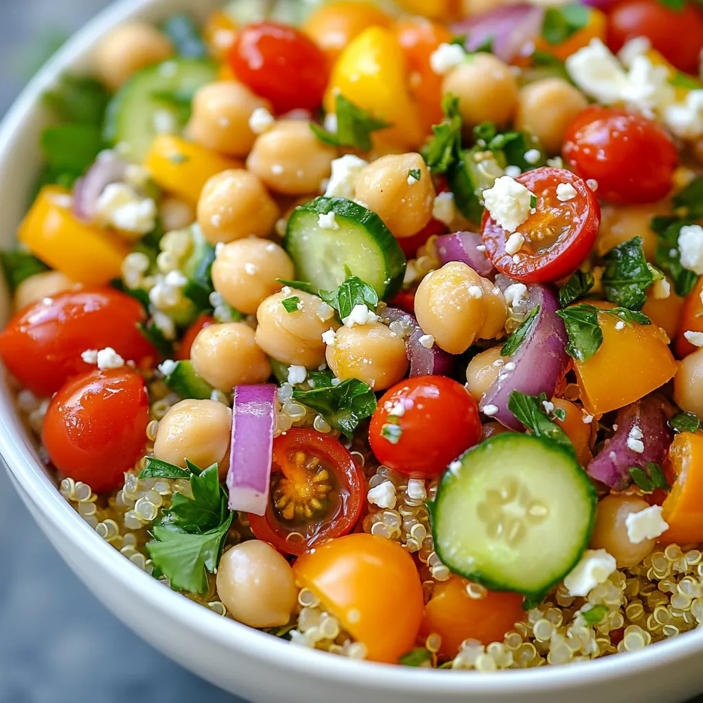 - 1 cup quinoa, rinsed - 2 cups vegetable broth or water - 1 cup cherry tomatoes, halved - 1 cucumber, diced - 1 bell pepper (any color), diced - 1/2 red onion, finely chopped - 1 cup chickpeas, rinsed and drained - 1/2 cup Kalamata olives, pitted and halved - 1/4 cup fresh parsley, chopped - 1/4 cup feta cheese, crumbled (optional) - 3 tablespoons olive oil - 2 tablespoons lemon juice - 1 teaspoon dried oregano - Salt and pepper to taste I love gathering fresh ingredients for my Mediterranean quinoa salad. Each item brings vibrant colors and flavors. First, I use quinoa as a base. It's a super grain that gives a nice texture. I rinse it to remove any bitterness. Next, I choose a vegetable broth or water for cooking the quinoa. The broth adds flavor. For the veggies, I grab cherry tomatoes, cucumbers, and bell peppers. These add crunch and juiciness. I also include finely chopped red onion for a bit of zest. Chickpeas are a must. They offer protein and make the salad filling. Kalamata olives add a briny taste that I really enjoy. Fresh herbs brighten the dish. I love using parsley, but you can also try mint or basil. If you like cheese, crumbled feta is a great addition. Finally, I prepare a simple dressing. I mix olive oil, lemon juice, and dried oregano. A pinch of salt and pepper ties everything together perfectly. With this list, you're ready to create a fresh and tasty Mediterranean quinoa salad! {{ingredient_image_1}} To start, rinse 1 cup of quinoa in cold water. This step removes bitter flavors. Next, add the rinsed quinoa to a medium pot with 2 cups of vegetable broth or water. Bring it to a boil over medium-high heat. Once boiling, reduce the heat to low. Cover the pot and let it simmer for about 15 minutes. The quinoa will absorb the liquid and become fluffy. After cooking, remove it from heat and let it cool. While the quinoa cools, chop your vegetables. Dice 1 cucumber and 1 bell pepper. Halve 1 cup of cherry tomatoes. Finely chop 1/2 of a red onion. Rinse and drain 1 cup of chickpeas. Halve 1/2 cup of Kalamata olives. Place all these ingredients in a large mixing bowl. This colorful mix adds great taste and texture. In a small bowl, mix 3 tablespoons of olive oil, 2 tablespoons of lemon juice, and 1 teaspoon of dried oregano. Use a whisk to blend these ingredients. Whisk until they are well combined. This dressing brings a bright flavor to your salad. Once your quinoa has cooled, fluff it with a fork. Add the quinoa to the bowl of vegetables. Pour the dressing over the quinoa salad. Toss everything gently to coat all the ingredients. If you like, fold in 1/4 cup of chopped parsley and 1/4 cup of crumbled feta cheese. Adjust the seasoning with salt and pepper to taste. For the best flavor, chill the salad in the refrigerator for at least 30 minutes before serving. To cook fluffy quinoa, always rinse it first. Rinsing removes the saponins, which can make it taste bitter. Use two cups of vegetable broth or water for each cup of quinoa. Bring it to a boil, then reduce the heat. Cover it and let it simmer for about 15 minutes. When the quinoa absorbs the liquid, it’s ready. Fluff it gently with a fork after cooking. Common mistakes to avoid: - Not rinsing quinoa can lead to a bitter taste. - Using too much or too little liquid affects the texture. - Overcooking makes quinoa mushy. Stick to the 15-minute mark. For extra flavor, consider fresh herbs like basil or mint. Dried spices also work well. Oregano is a great choice. You can swap it with thyme or dill for a twist. Using different dressings: - Try a balsamic vinaigrette for a sweet touch. - A yogurt dressing adds creaminess and tang. - Experiment with a spicy harissa for heat. Serve the salad in a large bowl or individual plates for a classy look. Chill it before serving to enhance the flavors. Garnishing ideas: - Add extra parsley on top for color. - Place lemon wedges on the side for a fresh touch. - Sprinkle some extra feta if you like. These tips will make your Mediterranean quinoa salad shine! Pro Tips Rinse Your Quinoa: Always rinse quinoa before cooking to remove its natural coating, called saponin, which can taste bitter. Let It Chill: Allow the salad to chill for at least 30 minutes before serving; this enhances the flavors and makes for a refreshing dish. Experiment with Veggies: Feel free to add or substitute your favorite vegetables, such as bell peppers, zucchini, or even avocados for added flavor and nutrition. Use Fresh Herbs: Incorporating fresh herbs like mint or basil can elevate the flavor profile of your salad significantly. {{image_2}} You can change grains in this salad. Try using farro or barley. You can also swap chickpeas for black beans or white beans. Seasonal vegetables add freshness too. Use zucchini in summer or roasted root veggies in fall. Each swap brings a new twist. This salad is easy to make vegan. Just leave out the feta cheese. For a gluten-free option, stick with quinoa; it is naturally gluten-free. This way, everyone can enjoy this tasty dish. Mediterranean flavors shine in this salad. Consider adding ingredients from different cultures. Try adding avocado for a creamy texture. You can also include sun-dried tomatoes for a richer taste. Each addition brings a unique flavor burst. To keep your Mediterranean quinoa salad fresh, store it in the fridge. Use an airtight container for best results. This helps keep moisture in and prevents odors from other foods. If possible, divide the salad into smaller portions. This makes it easier to grab and go. Your salad will last about 3 to 5 days in the fridge. Check for signs of spoilage before eating. Look for any off smells, discoloration, or slimy texture. If you see these signs, it's best to throw the salad away. Yes, you can freeze quinoa salad! However, some ingredients may not freeze well. Avoid freezing fresh veggies like cucumber and tomatoes. They may turn mushy. To freeze, portion the salad into freezer-safe bags. Remove as much air as possible before sealing. When ready to eat, thaw it in the fridge overnight. Quinoa is a tiny seed packed with nutrients. It has protein, fiber, and many vitamins. One cup of cooked quinoa has about 8 grams of protein and 5 grams of fiber. It contains all nine essential amino acids, making it a complete protein. Choosing quinoa is smart for several reasons. It is gluten-free, so many people can enjoy it. It also helps keep you full, which is great for weight control. Plus, quinoa is high in antioxidants, which help fight free radicals in your body. Yes, you can make this salad ahead of time. In fact, it tastes even better after chilling. Prepare the salad and let it sit in the fridge for at least 30 minutes. This time allows the flavors to blend well together. To improve flavor, try adding the dressing just before serving. If you mix it too soon, the salad may become soggy. You can also add fresh herbs right before serving for a burst of flavor. You can serve this salad in many ways. It pairs well with grilled meats, fish, or pita bread. It also works great as a side dish for a barbecue or picnic. For meal prep, pack it in individual containers for lunch. This salad keeps well in the fridge, making it a quick grab-and-go option. Enjoy it cold or at room temperature! In this blog post, we covered how to make a delicious Mediterranean quinoa salad. We discussed the key ingredients, from quinoa and fresh veggies to tasty dressings. I shared step-by-step instructions for cooking quinoa and preparing vegetables. You learned tips for perfecting your salad, from cooking techniques to great presentation ideas. Remember, you can customize this salad with different ingredients to fit your taste. Enjoy creating your salad and finding the perfect mix of flavors!