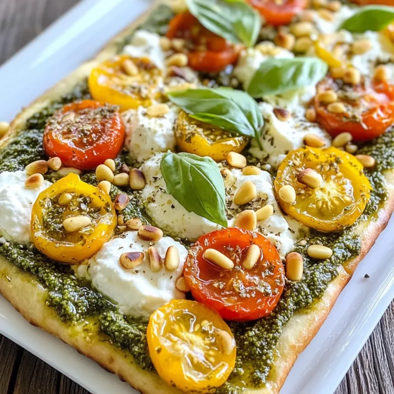 - 1 store-bought or homemade flatbread (like naan or pita) - 1 cup fresh basil pesto - 1 cup ricotta cheese - 1 cup shredded mozzarella cheese - 1 cup halved cherry tomatoes - 1/4 cup toasted pine nuts - 2 tablespoons olive oil - Fresh basil leaves for garnish - Salt and pepper to taste These ingredients come together to create a tasty flatbread pizza. The fresh basil pesto adds a burst of flavor. Ricotta cheese gives it creaminess. Shredded mozzarella melts beautifully on top. The cherry tomatoes add a sweet touch, while pine nuts bring a nice crunch. - Balsamic glaze for drizzling - Arugula for a peppery bite - Red pepper flakes for heat - Sliced olives for a briny flavor Adding these extras can elevate your pizza. Balsamic glaze adds sweetness, while arugula provides freshness. Red pepper flakes kick up the spice level. Sliced olives introduce a unique taste that pairs well with the other ingredients. - Use hummus instead of ricotta for a different flavor. - Swap mozzarella for goat cheese for a tangy twist. - Replace pine nuts with walnuts or sunflower seeds if needed. - Use store-bought pesto if you are short on time. These substitutes can help you customize your flatbread pizza. Hummus keeps it light and creamy. Goat cheese adds a sharp flavor. Feel free to get creative with what you have on hand! {{ingredient_image_1}} 1. Preheat your oven to 425°F (220°C). This heat makes the cheese melt perfectly. 2. Grab your flatbread, either store-bought or homemade, and place it on a baking sheet. A flat surface helps it bake evenly. 3. Drizzle olive oil on the flatbread. This step adds flavor and keeps it from sticking. 4. Spread the fresh basil pesto over the flatbread. Leave a small border around the edges for a crispy crust. 5. In a bowl, mix the ricotta cheese with a pinch of salt and pepper. Stir until it’s smooth and creamy. 6. Add dollops of the ricotta mixture on top of the pesto. Make sure to spread it evenly. 7. Scatter shredded mozzarella cheese over the ricotta. The more, the better for melty goodness! 8. Add halved cherry tomatoes on top. They bring a fresh burst of flavor. 9. Finally, sprinkle the toasted pine nuts. They add a nice crunch and a bit of richness. 1. Place the baking sheet in the preheated oven. Bake for about 12-15 minutes. 2. Keep an eye on it. The cheese should be bubbly and slightly golden when done. 3. Once it’s ready, remove the flatbread pizza from the oven. Let it cool for a minute. - Use a baking sheet instead of a pan for better airflow. - If you prefer a crunchier base, pre-bake the flatbread for 5 minutes before adding toppings. - Check the pizza at the 10-minute mark. Ovens vary, so keep an eye on it. - Allowing the pizza to cool for a minute helps the toppings set. To make the ricotta mixture smooth, start with fresh ricotta. Add a pinch of salt and pepper. Mix it well with a fork or a whisk. You want it creamy and easy to spread. This makes your pizza taste great. For extra flavor, you can add herbs like thyme or oregano. Just mix them in before spreading. When you have leftovers, store them in an airtight container. Let the pizza cool completely before sealing. This helps keep it fresh. You can keep it in the fridge for up to three days. If you want to keep it longer, freeze it. Wrap the slices tightly in plastic wrap first. Then place them in a freezer bag. It can last for up to two months in the freezer. Pair your pesto ricotta flatbread pizza with a fresh salad. A simple green salad works well. You can use mixed greens, cherry tomatoes, and a light vinaigrette. Another great side is roasted veggies. Roasted zucchini or bell peppers add color and flavor. For a fun twist, serve it with garlic bread. The warm, buttery taste complements the pizza nicely. Pro Tips Use Fresh Ingredients: Fresh basil and ripe cherry tomatoes can elevate the flavor of your flatbread pizza significantly. Look for the best quality produce for the best results. Customize Your Cheese: Feel free to mix different types of cheese, such as goat cheese or parmesan, for a unique flavor profile. This can add complexity to your dish. Pre-bake the Flatbread: For an extra crispy base, pre-bake the flatbread for a few minutes before adding the toppings. This can help prevent it from becoming soggy. Experiment with Toppings: Don’t hesitate to add other toppings like arugula, olives, or grilled vegetables. Get creative and make it your own! {{image_2}} For a tasty vegetarian twist, try adding more veggies. You can use spinach, zucchini, or bell peppers. Sauté them lightly for extra flavor. Fresh arugula adds a peppery kick. You can also add olives for a salty bite. These choices keep it fresh and flavorful. To make this pizza vegan, swap out the ricotta and mozzarella. Use dairy-free cheese for a similar taste. You can also make a creamy cashew cheese. Blend soaked cashews with lemon juice and nutritional yeast. This gives a rich, cheesy flavor without dairy. Use vegan pesto, made without cheese, to keep it plant-based. Change your toppings with the seasons. In summer, use ripe heirloom tomatoes for sweetness. In fall, add roasted butternut squash for a cozy twist. Fresh herbs like oregano or thyme can add freshness. These swaps keep your flatbread pizza exciting all year. To store leftover pesto ricotta flatbread pizza, let it cool first. Wrap the pizza tightly in plastic wrap or foil. You can also place it in an airtight container. This helps keep the flavors fresh and prevents drying. Store it in the fridge for up to three days. If you want to freeze the pizza, follow these steps. Let the pizza cool completely. Wrap each slice in plastic wrap, then place them in a freezer bag. Be sure to remove as much air as possible. You can freeze it for up to three months. When ready to eat, just thaw it in the fridge overnight. Reheat your pizza for the best taste. Preheat your oven to 375°F (190°C). Place the slices on a baking sheet. Heat for about 10 to 15 minutes, until the cheese is bubbly. You can also use a skillet. Heat it over medium heat for about five minutes. Cover the skillet to help melt the cheese evenly. Enjoy your pizza as if it were fresh out of the oven! Pesto Ricotta Flatbread Pizza is a tasty dish that combines flatbread with rich toppings. You start with a flatbread base, like naan or pita. Then, you spread fresh basil pesto over it. Next, you add creamy ricotta cheese, melty mozzarella, and juicy cherry tomatoes. Finally, sprinkle toasted pine nuts for crunch. It’s a quick and flavorful meal that’s perfect for lunch or dinner. Yes, you can prepare parts of this pizza ahead of time. Make the pesto and mix the ricotta cheese in advance. Store them in the fridge for a few days. When you’re ready to eat, just assemble the pizza and bake it. This saves time and lets you enjoy a fresh meal without much fuss. Flatbread pizza is fun because you can customize it easily. Some popular toppings include: - Sliced olives - Roasted bell peppers - Fresh spinach - Grilled chicken - Feta cheese - Arugula Feel free to mix and match based on your tastes. This makes each pizza unique and delicious! In this blog post, I covered the key ingredients and steps for making pesto ricotta flatbread pizza. You learned how to mix flavors and use substitutes when needed. I shared tips to perfect your bake and how to store leftovers. Also, I explored tasty variations and answered common questions about the dish. In closing, this pizza is a great choice for any meal. Enjoy your cooking and share your delicious results!