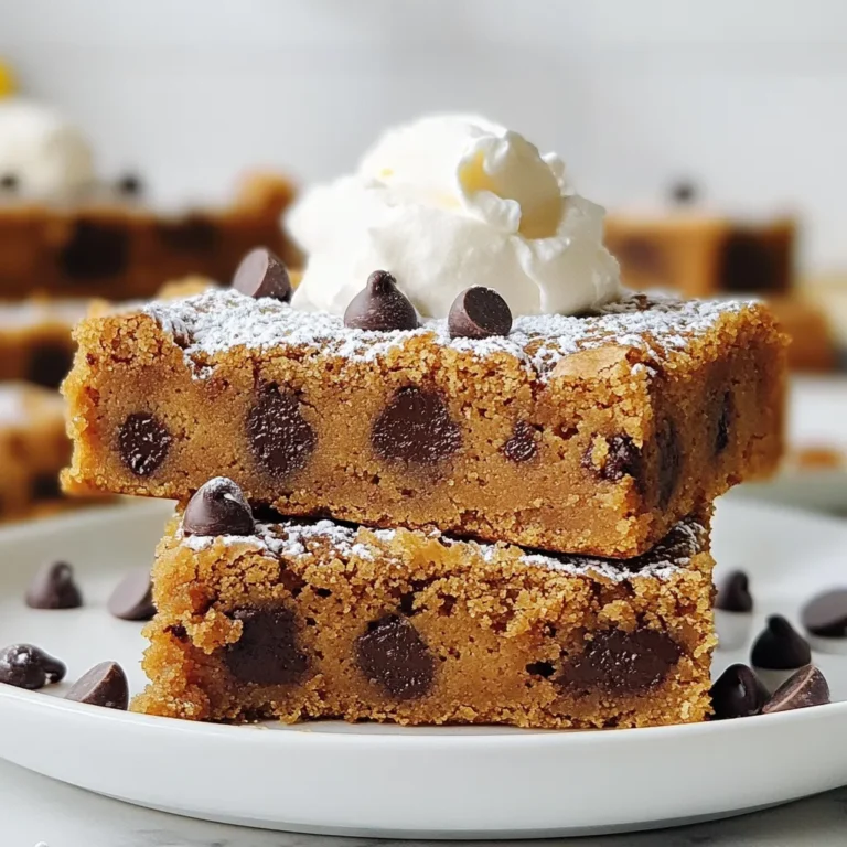 To make these vegan chocolate chip blondies, you need a few key ingredients. First, you will use 1 cup of smooth almond butter or peanut butter. This gives the blondies a rich, nutty flavor. Next, you need 1/2 cup of maple syrup to sweeten the mix naturally. Coconut sugar, 1/4 cup, adds a deep caramel note. One teaspoon of vanilla extract rounds out the flavors. For the base, 1 1/2 cups of almond flour keeps the blondies light and fluffy. You will also need 1/2 teaspoon of baking soda to help them rise, and 1/4 teaspoon of salt to enhance all the flavors. Finally, add 1/2 cup of dairy-free chocolate chips for that classic chocolate taste. If you have allergies, there are easy swaps. Instead of almond butter, you can use sunflower seed butter for a nut-free option. If you can't find maple syrup, agave nectar works well too. For coconut sugar, brown sugar is a good substitute. If you are gluten-free, ensure your almond flour is certified gluten-free. You can also replace it with oat flour if you prefer. Be mindful of the chocolate chips; some brands do contain dairy. Always check the label if you need dairy-free options. You can boost the flavor of your blondies with some fun add-ins. Try adding 1/4 cup of chopped walnuts for crunch. They add a nice texture and flavor contrast. You might also consider a sprinkle of cinnamon or a dash of sea salt on top before baking. For a twist, add 1/4 cup of shredded coconut for a tropical flair. You can even mix in some dried fruit like cranberries or cherries for a fruity surprise. These add-ins make your blondies even more exciting and delicious! {{ingredient_image_1}} Start by getting your ingredients ready. You need smooth almond butter or peanut butter. Next, grab maple syrup, coconut sugar, and vanilla extract. These will be your wet ingredients. For the dry mix, you will need almond flour, baking soda, and salt. Measure everything out so you can work quickly. It makes the process smooth and easy. Lay out an 8-inch square baking pan. Line it with parchment paper. Leave some paper hanging over the sides. This will help you lift the blondies out later. Preheat your oven to 350°F (175°C) while you prep. In a large bowl, add the almond butter, maple syrup, coconut sugar, and vanilla extract. Stir these together until the mix is smooth. In another bowl, whisk together the almond flour, baking soda, and salt. This helps to mix the dry ingredients evenly. Slowly add the dry mix to the wet mix. Stir until you see a thick batter. Now it’s time to fold in the fun stuff! Add the dairy-free chocolate chips. If you want, toss in some chopped walnuts too. Pour the batter into your prepared baking pan. Use a spatula to spread it evenly. Put the pan in your oven and bake for 20 to 25 minutes. You’ll know they are done when the edges turn golden. A toothpick should come out clean from the center. Let the blondies cool in the pan for about 10 minutes. Use the parchment paper to lift them out. Then, place them on a wire rack to cool completely. Once they are cool, cut them into squares. Enjoy every bite of your vegan chocolate chip blondies! To get the best texture for your vegan chocolate chip blondies, use smooth almond butter. It keeps the batter creamy and easy to mix. If you want a richer flavor, peanut butter works too. Make sure to mix the wet and dry ingredients until just combined. Over-mixing can make them tough. The batter should be thick but not dry. If it feels too crumbly, add a splash of almond milk. One common mistake is not measuring ingredients correctly. Always use measuring cups for accuracy. Another mistake is not preheating the oven. This step is key for even baking. Keep an eye on the blondies. They can go from perfectly baked to overdone quickly. If you insert a toothpick, it should come out clean, but moist crumbs are okay. Lastly, don’t skip the cooling time. This helps the blondies set and makes cutting easier. Serve your blondies on a nice plate for a great look. Dust a little powdered sugar on top for a sweet touch. You can add a few extra chocolate chips for flair. Pair them with dairy-free coconut whipped cream for a tasty treat. Cut them into squares for easy sharing. These blondies are perfect for parties or a cozy night in. Enjoy your delicious, plant-based dessert! Pro Tips Use Room Temperature Ingredients: For the best texture, make sure your almond butter and maple syrup are at room temperature. This helps them blend more easily and creates a smoother batter. Test for Doneness: Since ovens can vary, start checking your blondies a few minutes before the suggested baking time. Insert a toothpick in the center; it should come out clean or with a few moist crumbs. Chill for Better Cutting: If you find the blondies too soft to cut, refrigerate them for about 30 minutes after cooling. This will help them firm up, making slicing easier. Experiment with Mix-Ins: Feel free to customize your blondies by adding dried fruits, seeds, or different nuts. Each variation can give a new flavor and texture to your treats! {{image_2}} You can change the flavor of your blondies by using different nut butters. Almond butter gives a light, nutty taste. Peanut butter adds a rich, bold flavor. Cashew butter makes them creamy and sweet. Each nut butter gives a unique twist. You can even mix two or more for fun flavors. Just keep the same cup measurement for your nut butter. If you need gluten-free blondies, it's simple. Use almond flour as your base. It's already gluten-free. Make sure your baking soda is also gluten-free. This way, you still get that soft, chewy texture. Always check labels to be safe. You can enjoy these treats without worry. Spices and extracts can add a lot of flavor. Try adding a pinch of cinnamon for warmth. A bit of nutmeg can give a cozy touch. You can also add a splash of almond extract for depth. Experimenting with flavors makes each batch special. Just remember to keep the overall balance of your ingredients. To keep your vegan blondies fresh, store them in an airtight container. Place a piece of parchment paper between layers if you stack them. This will keep them from sticking together. Store them at room temperature for up to 3 days. If you want them to last longer, refrigerate them. They will stay good for about a week in the fridge. Freezing is a great way to save your blondies for later. First, let them cool completely. Then, wrap each blondie tightly in plastic wrap. After that, place them in a freezer bag or container. Make sure to remove as much air as possible. These blondies can last up to 3 months in the freezer. When you are ready to enjoy them, just thaw them in the fridge overnight. To enjoy your blondies warm, reheat them in the oven. Preheat your oven to 350°F (175°C). Place the blondies on a baking sheet and cover them with foil. Heat for about 10 minutes. This helps keep them soft and chewy. You can also use the microwave. Heat each blondie for about 15-20 seconds. Just watch out not to overheat them, or they may become dry. Yes, you can swap the sweeteners. Agave syrup works well. You can also use brown sugar or a sugar substitute. Just keep the same amount as the recipe calls for. Each sweetener adds a unique flavor. So, choose one that you like best! Check for golden edges and a firm center. Insert a toothpick into the center. If it comes out clean, the blondies are ready. Baking takes around 20 to 25 minutes. Keep an eye on them near the end. You want them soft but not gooey. These blondies are not nut-free if you use almond butter. However, you can use sunflower seed butter instead. This makes them nut-free and keeps the flavor great. Just make sure your chocolate chips are also nut-free if needed. Enjoy your treats without worry! This blog covers all you need to know about vegan blondies. We explored key ingredients, tasty substitutes, and fun add-ins. You learned step-by-step rules for prep, mixing, and baking. I shared tips to avoid mistakes and serve them well. We also discussed unique flavor variations, proper storage, and helpful FAQs. Now you can bake perfect vegan blondies anytime. Enjoy experimenting and finding your favorite flavors! Share your creations with friends and family for smiles all around.