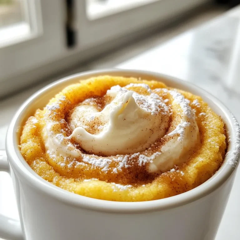 To make your cinnamon roll mug cake, you need these simple ingredients: - 4 tablespoons all-purpose flour - 2 tablespoons granulated sugar - 1/4 teaspoon baking powder - 1/4 teaspoon ground cinnamon - Pinch of salt - 3 tablespoons milk - 1 tablespoon vegetable oil - 1/4 teaspoon vanilla extract - 1 tablespoon brown sugar - 1/2 teaspoon ground cinnamon (for swirl) To make your mug cake even better, you can add: - Cream cheese frosting This topping adds a sweet and creamy touch. You can also use whipped cream or a drizzle of caramel if you want to mix things up! If you need to convert measurements, here are some quick tips: - 1 tablespoon equals 3 teaspoons. - 1/4 teaspoon is about 1.25 milliliters. - 4 tablespoons equal 1/4 cup. These conversions help if you use different measuring tools. Always measure carefully for the best results! {{ingredient_image_1}} Start by grabbing a microwave-safe mug. In the mug, add 4 tablespoons of all-purpose flour. Next, put in 2 tablespoons of granulated sugar. Then, add 1/4 teaspoon of baking powder. This is key for helping your cake rise. Now, sprinkle in 1/4 teaspoon of ground cinnamon and a pinch of salt. Use a fork or spoon to mix everything well. Make sure the dry ingredients blend evenly. This step sets a great base for your mug cake. Now it’s time for the wet ingredients! Pour in 3 tablespoons of milk. Add 1 tablespoon of vegetable oil for moisture. Finally, include 1/4 teaspoon of vanilla extract for flavor. Stir the mixture until you see a smooth batter. You want to ensure there are no lumps. A smooth batter helps the cake cook evenly. For a sweet swirl, mix 1 tablespoon of brown sugar with 1/2 teaspoon of ground cinnamon in a small bowl. Take half of your batter and spoon it into the mug. Then, sprinkle half of the cinnamon-sugar mix on top. Next, add the rest of the batter. Do not worry if it looks uneven. Use a toothpick or a knife to gently swirl the cinnamon-sugar mix into the batter. This will create a lovely swirl pattern. Now, microwave the mug cake for about 1 minute and 30 seconds. Keep an eye on it. Cooking times can change based on your microwave. Once it rises and looks fully cooked, let it cool for a minute. If you like, add a dollop of cream cheese frosting on top. Now you're ready to enjoy your quick, warm treat! To get that lovely swirl, mix the brown sugar and cinnamon well. After you layer the batter, sprinkle half of this mix on the first layer. Then, add the rest of the batter and top it again with the cinnamon sugar. Use a toothpick or knife to create a gentle swirl. Don't overdo it; you want to see the pretty pattern. This adds a beautiful touch and boosts the flavor too. Microwaves can be different. Some cook faster than others. Start with 1 minute and 30 seconds. Check the mug cake after this time. It should rise and look firm. If it’s not done, add 10-second bursts until it’s cooked. Be careful not to overcook it. This can make the cake dry. Each microwave is unique, so keep an eye on it. Choose a microwave-safe mug for best results. A mug that holds 12 ounces is ideal. This size gives enough space for the cake to rise. Look for a mug that has straight sides. These help the cake cook evenly. Avoid using small or narrow mugs, as they may overflow. Choose a fun design to make your treat even more special! Pro Tips Use Fresh Ingredients: Ensure your baking powder and spices are fresh for the best flavor and texture. Microwave Power Variation: Cooking times may vary based on microwave wattage, so start with less time and add more as needed. Swirl Technique: When swirling the cinnamon mixture, be gentle to avoid overmixing, which can affect the cake's texture. Customize Your Topping: Experiment with different toppings like whipped cream, chocolate sauce, or nuts for a unique twist. {{image_2}} You can mix up your cinnamon roll mug cake by adding flavors. Try almond extract for a nutty twist. A dash of maple syrup gives it a sweet touch. You can even add a bit of cocoa powder for a chocolatey flavor. Just remember, keep the total flour the same. Nuts and chocolate chips can make your mug cake even better. Chopped walnuts or pecans add crunch. They pair well with cinnamon. You can also toss in some chocolate chips for a sweet surprise. Just fold them into the batter before you swirl in the cinnamon sugar. If you need a gluten-free mug cake, swap the all-purpose flour for gluten-free flour. Many brands work great in this recipe. Make sure your baking powder is gluten-free too. This way, you can enjoy a tasty treat without any worries. You might not finish the whole mug cake in one sitting. That’s okay! To keep leftovers fresh, cover the mug with plastic wrap or a small plate. Store it in the fridge for up to two days. This helps keep it moist and tasty. When you want to enjoy your leftover mug cake, reheating is easy. Simply place the mug in the microwave. Heat it for about 15 to 20 seconds. Check if it's warm enough; if not, add a few more seconds. This way, you keep the soft texture and the delicious smell. Yes, you can prepare the batter ahead of time. Mix the dry ingredients and store them in a sealed bag. When you are ready to bake, just add the wet ingredients and microwave. This makes it quick and easy for busy days or when you crave something sweet! Yes, you can! Use an oven instead. Preheat your oven to 350°F (175°C). Pour the batter into a small oven-safe dish. Bake for about 12-15 minutes, or until it rises and is cooked through. Keep an eye on it, as baking times may vary. To make this cake vegan, swap out the milk with almond milk or soy milk. Use a plant-based oil instead of vegetable oil. For the egg, you can use 1 tablespoon of applesauce. This keeps the cake moist and tasty. If you want to skip cream cheese frosting, try using a simple glaze. Mix powdered sugar with a little milk or water. You can also use coconut whipped cream for a light topping. Nut butter or chocolate spread works well too! This blog post covered everything you need to make a tasty mug cake. We discussed the key ingredients, step-by-step instructions, and helpful tips. You learned about fun variations and how to store leftovers. In conclusion, making a mug cake is easy and fun. You can try different flavors and toppings to suit your taste. With a few simple steps, you’ll enjoy a delicious treat anytime. Enjoy your baking adventure!