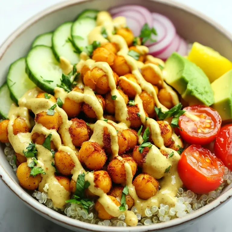 To make a Chickpea Shawarma Bowl, you'll need the following key ingredients: - 1 can (15 oz) chickpeas, drained and rinsed - 2 tablespoons olive oil - 1 cup cooked quinoa or bulgur - 1 cup cherry tomatoes, halved - 1 cucumber, diced - 1/4 red onion, thinly sliced - 1 avocado, sliced - 1/4 cup fresh parsley, chopped These ingredients form the base of your dish. The chickpeas are the star, providing protein and texture. Quinoa or bulgur adds a hearty grain base, while the vegetables bring freshness and color. Seasoning is key to bringing flavor to your bowl. Here's what you'll need: - 2 teaspoons ground cumin - 2 teaspoons ground coriander - 1 teaspoon smoked paprika - 1 teaspoon garlic powder - 1/2 teaspoon cayenne pepper (adjust to taste) - Salt and pepper to taste These spices create that warm, savory shawarma flavor. Adjust the cayenne for heat. Remember, balance is key. For added flavor and texture, consider these optional toppings: - 1/4 cup tahini sauce (store-bought or homemade) - Juice of 1 lemon Tahini sauce adds creaminess and richness. A squeeze of lemon brightens the dish. You can also add extras like feta or olives for a twist. Enjoy making this healthy and tasty meal! {{ingredient_image_1}} To start, preheat your oven to 425°F (220°C). Grab a can of chickpeas, drain it, and rinse them well. In a bowl, mix the chickpeas with 2 tablespoons of olive oil. Then, add the spices: 2 teaspoons of ground cumin, 2 teaspoons of ground coriander, 1 teaspoon of smoked paprika, 1 teaspoon of garlic powder, and 1/2 teaspoon of cayenne pepper to taste. Add salt and pepper as you like. Toss everything together until the chickpeas are well coated in the spices. Spread the seasoned chickpeas out on a baking sheet. Make sure they are in a single layer for even roasting. Place them in the preheated oven and roast for about 25-30 minutes. Shake the pan halfway through to help them cook evenly. You want them to be crispy and golden. This step makes the chickpeas crunchy and adds great flavor. While the chickpeas roast, you can cook your base. Use 1 cup of quinoa or bulgur. Follow the package instructions for cooking. Once it’s done, fluff it with a fork and set it aside. This base will soak up all the delicious flavors from the chickpeas and toppings. It’s a great way to add texture and nutrition to your bowl. To boost the flavor of your chickpea shawarma bowl, use fresh spices. Fresh spices have more aroma and taste. When roasting the chickpeas, make sure to coat them evenly with oil and spices. This helps each bite pack a punch. You can also add a pinch of salt to enhance the flavors even more. For extra zest, try adding lemon zest along with the juice. It lifts the dish with a bright taste. A well-presented dish makes meals more enjoyable. Serve your chickpea shawarma bowl in clear bowls to show off the colors. Arrange each ingredient in sections for a vibrant look. Place the crispy chickpeas in the center, then add the colorful veggies around them. Drizzle the tahini sauce over the top just before serving. Add lemon wedges on the side for a fresh touch. A sprinkle of smoked paprika on top gives a nice finish. If you have leftovers, store them properly to keep them fresh. Place the chickpeas and quinoa in separate airtight containers. This keeps them from getting soggy. Store chopped veggies in another container. When you're ready to eat, simply reheat the chickpeas and quinoa. Add fresh veggies and tahini sauce just before serving. This helps maintain the crunch and flavor. Enjoy your meal throughout the week! Pro Tips Perfectly Crispy Chickpeas: To achieve the best texture, ensure that the chickpeas are thoroughly dried after rinsing. Pat them down with a kitchen towel before tossing with oil and spices. Customize Your Spices: Feel free to adjust the spices in the chickpea mixture according to your taste preferences. Adding a pinch of cinnamon or turmeric can elevate the flavor profile. Fresh Ingredients: Use ripe tomatoes and fresh herbs for the best flavor. This will enhance the freshness of the bowl and make every bite enjoyable. Make Ahead: You can prepare the chickpeas and quinoa in advance, storing them separately in the fridge. Assemble the bowls just before serving for the best texture and taste. {{image_2}} If you want to keep it vegan, you have many choices. You can swap the tahini sauce for a homemade vegan yogurt. This adds creaminess without losing flavor. Or, try using a store-bought vegan dressing. Just look for one that is nut-free if needed. Feel free to mix in different veggies. Roasted bell peppers add sweetness and color. For crunch, add radishes or shredded carrots. You can also use spinach or kale for extra greens. Each vegetable changes the taste and makes the bowl more colorful. Want more protein? Add grilled tofu or tempeh. You can also toss in some roasted nuts or seeds. Chickpeas are great, but adding these options boosts nutrition. If you're not vegan, grilled chicken or shrimp works well too. Just remember to keep the flavors balanced for a tasty bowl. Each serving of the Chickpea Shawarma Bowl packs a punch. Here's what you get: - Calories: About 450 - Protein: 15 grams - Carbohydrates: 60 grams - Fiber: 12 grams - Fat: 18 grams This bowl gives you a balanced meal. It has protein from chickpeas and healthy fats from olive oil and avocado. Chickpeas are more than tasty; they are great for your health. Here are some benefits: - Rich in Fiber: This helps with digestion and keeps you full. - Protein Power: Chickpeas are a great plant-based protein source. - Low Glycemic Index: They help control blood sugar levels. - Packed with Nutrients: They have vitamins like B6 and minerals like iron, which are good for your body. Eating chickpeas can support weight loss and improve heart health. They are a smart choice for anyone wanting to eat better. When making the Chickpea Shawarma Bowl, pay attention to calories. Each ingredient adds up. For example, olive oil and tahini are higher in calories, but they provide healthy fats. If you're watching your intake, adjust the amounts. Use less oil or tahini if you want fewer calories. Enjoy this meal while being mindful of your choices. Yes, you can prepare many parts ahead of time. Cook the quinoa or bulgur and store it in the fridge. You can roast the chickpeas and keep them in a sealed container. Just wait to add fresh veggies and tahini until you serve. This keeps everything fresh and tasty. If you don’t have tahini, you can use peanut butter or sunflower seed butter. You can also make a simple yogurt sauce with plain yogurt and lemon juice. This will still give you a creamy texture and a nice flavor. Serve your bowl with a base of quinoa or bulgur. Top it with the crispy chickpeas and fresh veggies like tomatoes, cucumber, and avocado. Drizzle tahini sauce on top and squeeze fresh lemon juice for a bright taste. Add lemon wedges on the side for extra zing. You now have all the details to create a delicious Chickpea Shawarma Bowl. We covered essential ingredients, step-by-step cooking, and smart tips for the best taste. Remember, cooking is a fun way to explore flavors and make healthy meals. Feel free to customize the bowl to fit your tastes. Whether you're adding vegan options or new veggies, the choices are endless. Enjoy crafting your tasty creation and share what you make!