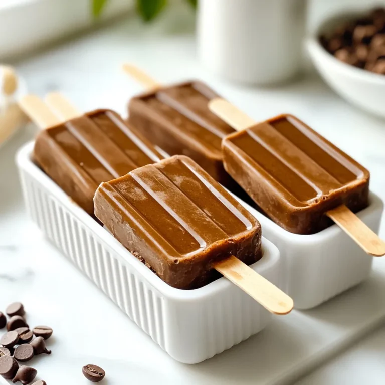 To make Mocha Iced Coffee Popsicles, you need these ingredients: - 2 cups brewed coffee, cooled - 1 cup milk (dairy or non-dairy) - 1/2 cup sweetened condensed milk - 1/4 cup cocoa powder - 1 tablespoon vanilla extract - 1/4 cup chocolate chips (optional) These simple ingredients create a rich and creamy treat. The brewed coffee gives it a strong flavor. You can use any milk you like. Sweetened condensed milk adds sweetness and creaminess. Cocoa powder brings that delightful chocolate taste. The vanilla extract enhances the overall flavor. If you love chocolate, add some chocolate chips for extra fun. Make sure your coffee is cooled before mixing. This step helps the popsicles freeze evenly. If you want a dairy-free version, use almond or oat milk. This recipe is flexible, so feel free to adjust it to your taste. Enjoy creating these popsicles! {{ingredient_image_1}} To make these mocha iced coffee popsicles, start by gathering your ingredients. You need: - 2 cups brewed coffee, cooled - 1 cup milk (dairy or non-dairy) - 1/2 cup sweetened condensed milk - 1/4 cup cocoa powder - 1 tablespoon vanilla extract - 1/4 cup chocolate chips (optional) In a large mixing bowl, combine the cooled brewed coffee, milk, sweetened condensed milk, cocoa powder, and vanilla extract. This blend creates a rich mocha flavor. Next, whisk all the ingredients together. Keep whisking until the mixture is smooth and free of lumps. This step is crucial for the best popsicle texture. If you like a little extra chocolate, add the chocolate chips now. Stir gently to mix them in. This mixture is what will become your delicious popsicles. It’s simple and quick to prepare! Pouring the mixture into the molds is a fun step. Start by taking your prepared coffee mixture. Hold the bowl steady as you pour. Make sure to fill each mold about 3/4 full. This gives space for the popsicles to expand as they freeze. If you fill them too much, they can overflow. Next, it’s time to insert the popsicle sticks. Take your sticks and place one in each mold. Make sure the stick is centered. This helps hold the popsicle together when you eat it. If the mixture is too warm, wait a minute before inserting the sticks. You want them to stand straight up. Once you fill the molds and insert the sticks, they are ready for the freezer. It’s a simple step, but it leads to a tasty treat later! Pro Tips Chill Your Ingredients: Make sure all your ingredients, especially the brewed coffee, are cool before mixing to ensure the popsicles freeze properly without ice crystals. Customize Sweetness: Adjust the amount of sweetened condensed milk based on your sweetness preference. You can also substitute it with a sugar alternative if desired. Add a Flavor Twist: Experiment with different extracts like almond or hazelnut to give your popsicles a unique flavor profile. Mix in Extras: Enhance your popsicles by incorporating crushed nuts or a swirl of caramel or chocolate sauce before freezing for added texture and flavor. {{image_2}} The freezing process is key to making great mocha iced coffee popsicles. You need to freeze the popsicles for at least 6 hours. This time allows them to become solid. If you want a faster freeze, use smaller molds. They will freeze faster than larger ones. To check if your popsicles are solid, gently pull one from the mold. If it comes out easily, it is ready. You can also feel the popsicle. It should feel firm and hard. If it is still soft, put it back in the freezer for more time. A tip for best results is to avoid opening the freezer too often. Each time you open it, warm air enters. This can slow down the freezing process. So, let the popsicles freeze without checking too much. Once they are solid, you will enjoy a cool and delicious treat. To make smooth popsicles, start with a good mix. Combine your cooled brewed coffee, milk, sweetened condensed milk, cocoa powder, and vanilla extract in a large bowl. Use a whisk to blend until everything is even. A smooth mix helps the popsicles freeze well. If you want to add some fun flavors, consider chocolate chips. They add a nice crunch. Just stir them in after mixing the base. You can also try adding a dash of cinnamon for warmth. It gives a unique twist. Another option is to use different types of milk. Almond or oat milk can change the taste and feel. Keep your popsicle molds about three-quarters full. This allows space for the mixture to expand while freezing. It helps prevent spills and keeps the texture right. The best way to enjoy your mocha iced coffee popsicles is on a hot day. They make a great treat after lunch or as a snack. You can eat them straight from the mold. Try letting them melt a little for a creamy drink. Pair your popsicles with a few fun toppings. Chocolate syrup drizzled on top adds extra sweetness. You can also sprinkle some cocoa powder for a rich taste. For a fun twist, add whipped cream or even a few chocolate chips. Each bite will be a treat! Feel free to get creative with your popsicle flavors. You can mix in spices like cinnamon or nutmeg for a unique taste. If you want a stronger coffee flavor, add a bit more brewed coffee to the mix. Enjoy making these popsicles your own! For those who prefer a dairy-free treat, there are great alternatives for milk. You can use almond milk, coconut milk, or oat milk. Each option gives a unique taste and texture. Almond milk is light and nutty. Coconut milk adds a creamy, tropical flavor. Oat milk is rich and smooth, making it my top choice. You can also change the sweeteners. Instead of sweetened condensed milk, try maple syrup or agave nectar. Both options add sweetness without dairy. You can adjust the amount to fit your taste. Just remember, the goal is to keep the popsicles sweet and tasty. You can add spices to boost the flavor. A pinch of cinnamon or nutmeg can warm up the taste. These spices pair well with coffee and chocolate. You can also mix in different types of chocolate. Dark chocolate adds richness, while white chocolate offers a sweet contrast. Switching up the coffee can also change the flavor. Use a flavored coffee, like hazelnut or caramel, for a fun twist. Each variation lets you create a unique version of these mocha iced coffee popsicles. You can make Mocha Iced Coffee Popsicles even better by adding spices. A pinch of cinnamon or nutmeg can bring warmth and depth to your treat. These spices pair well with coffee and chocolate. Just start with a small amount. You can always add more to match your taste. Another fun way to enhance flavor is by using different chocolates. Dark chocolate gives a rich taste, while milk chocolate adds sweetness. You can also try white chocolate for a creamy twist. Each type changes the flavor, so experiment to find your favorite mix. You can also play with coffee types. Try using flavored coffee, like hazelnut or vanilla. This will add a unique touch to your popsicles. With these simple changes, you can create a treat that feels special and tastes amazing. To keep your mocha iced coffee popsicles fresh, store them in an airtight container. This helps keep out air and moisture. If you don’t have a container, wrap the molds in plastic wrap. Make sure they are tightly sealed. This will help keep your treats safe. Freezer burn can ruin the taste of your popsicles. To avoid this, ensure they are well-wrapped or covered. Freezer burn happens when air gets to the food. It causes ice crystals to form. This can make your popsicles taste weird or dry. You can store your mocha iced coffee popsicles for up to two months in the freezer. After that, they may lose taste and texture. If you see any signs of ice crystals, it’s time to toss them. Always check for a strange smell or color before eating. If they look odd, don’t risk it! You can store your mocha iced coffee popsicles in the freezer for about three months. Make sure to keep them in an airtight container or wrap them tightly in plastic wrap. This way, they will not get freezer burn. Look for signs that your popsicles have gone bad. If you see ice crystals forming or a change in color, it’s time to toss them. If they smell off or have a strange texture, do not eat them. Always check before enjoying your sweet treat! Yes, you can use decaf coffee. It will still taste good, but the flavor may be milder. Decaf coffee has less caffeine, so you can enjoy these popsicles without the buzz. The other ingredients, like cocoa and sweetened condensed milk, help keep the flavor rich and creamy. If you love coffee but want to cut back on caffeine, decaf is a great choice. Just make sure to let it cool before mixing. This way, it blends well with the other ingredients. You will still get a tasty treat that is perfect for warm days. Enjoy your mocha iced coffee popsicles! To make Mocha Iced Coffee Popsicles, you need a few simple tools. Here’s what you’ll need: - Mixing bowl: A large bowl is best for combining all the ingredients. - Whisk: Use a whisk to mix everything until smooth. - Popsicle molds: These hold the mixture while it freezes. Choose any shape you like. - Popsicle sticks: These help you hold the popsicles. Most molds come with sticks. - Measuring cups: Use these to measure your ingredients accurately. - Spoon or spatula: This helps you fill the molds without spilling. - Freezer: A good freezer is key to making these popsicles solid. With this equipment, you're ready to create a treat that cools you down and satisfies your coffee cravings. Yes, you can customize the sweetness level in Mocha Iced Coffee Popsicles. Adjusting the sweetness lets you make the popsicles just right for your taste. Here are some tips for sweetening adjustments: - Sweetened condensed milk: This is the main sweetener. You can use less if you prefer a less sweet treat. Start with 1/3 cup instead of 1/2 cup. - Add sugar: If you want more sweetness, mix in sugar. Use granulated sugar or brown sugar. Start with 1 to 2 tablespoons. Taste it before adding more. - Honey or maple syrup: These are great natural sweeteners. Try using 2 tablespoons instead of sweetened condensed milk. - Stevia or monk fruit: These are good for low-calorie options. They are much sweeter, so use them sparingly. Start with 1 teaspoon and adjust to taste. Testing your mixture is key. After mixing, taste it before freezing. This way, you can perfect the flavor. Remember, popsicles taste less sweet after freezing. Adjust your sweetness to find your perfect blend! In this post, we explored how to make delicious Mocha Iced Coffee Popsicles. We listed the key ingredients and shared step-by-step instructions for making them. You learned tips for a perfect texture and serving ideas. We also discussed dairy-free options and how to store your popsicles well. Making these treats is simple and fun. Enjoy them on hot days or as a sweet treat anytime. Happy popping!