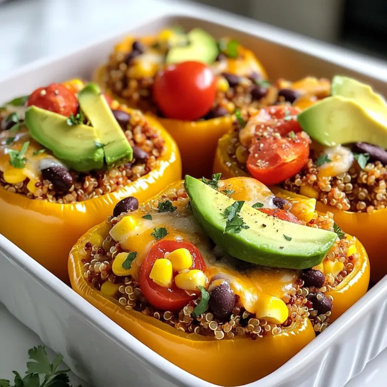 - 4 bell peppers (any color) - 1 cup quinoa, rinsed - 2 cups vegetable broth - 1 can (15 oz) black beans, rinsed and drained - 1 cup corn (fresh or frozen) - 1 small red onion, diced - 2 garlic cloves, minced - 1 teaspoon ground cumin - 1 teaspoon chili powder - 1 teaspoon smoked paprika - Salt and pepper, to taste - 1 cup cherry tomatoes, halved - ½ cup fresh cilantro, chopped - 1 cup shredded cheese (optional for topping) - 1 avocado, sliced (for garnish) You can mix and match some ingredients. If you don't have bell peppers, zucchini works well too. Use brown rice instead of quinoa for a different grain. Canned chickpeas can replace black beans. For a fresh twist, add diced jalapeños for heat. You can skip the cheese if you want a lighter dish. Fresh herbs like parsley can replace cilantro for a new flavor. These stuffed peppers are packed with nutrients. Each serving is rich in fiber from quinoa and beans. The peppers give you vitamin C and antioxidants. This dish is also low in fat, especially if you skip the cheese. It's a balanced meal that fits well in various diets. Each pepper provides about 300 calories, making it a hearty option without being heavy. {{ingredient_image_1}} Start by preheating your oven to 375°F (190°C). Next, cut the tops off the bell peppers. Remove all seeds and membranes. Lightly season the insides with salt and pepper. Place them upright in a baking dish. In a medium saucepan, combine 1 cup of rinsed quinoa and 2 cups of vegetable broth. Bring this mix to a boil. Then, reduce the heat to low and cover the pot. Let it simmer for about 15 minutes until the quinoa is fluffy and absorbs the broth. While the quinoa cooks, heat a drizzle of olive oil in a large skillet over medium heat. Add 1 small diced red onion and sauté for 3-4 minutes until it softens. Then, add 2 minced garlic cloves, 1 teaspoon ground cumin, 1 teaspoon chili powder, and 1 teaspoon smoked paprika. Cook this mixture for another minute until it smells great. In a large bowl, mix the cooked quinoa, sautéed onion, 1 can of black beans (rinsed), 1 cup of corn, halved cherry tomatoes, and chopped cilantro. Stir everything together until well combined. Taste it and adjust seasoning with salt and pepper if needed. Now, spoon the quinoa mix into each prepared bell pepper. Pack it in gently. If you like cheese, sprinkle it on top of each stuffed pepper. Cover the baking dish with foil and bake the peppers for 25 minutes. Then, take off the foil and bake for another 10 minutes. This step helps the peppers get tender and the cheese to bubble. Once done, remove the dish from the oven and let it cool for a few minutes. Garnish with sliced avocado and extra cilantro before serving. When choosing bell peppers, look for ones that are firm and shiny. Avoid peppers with soft spots or wrinkled skin. Color matters, too. Red, yellow, and orange peppers are sweeter. Green peppers are more bitter. Pick the colors you like best for your fiesta. To make this dish easier, gather these tools: - Baking dish - Medium saucepan - Large skillet - Mixing bowl - Knife and cutting board - Measuring cups and spoons These tools help you work quickly and keep things neat. These stuffed peppers shine as a main dish. Serve them with a side salad for freshness. You can also add tortilla chips for crunch. For a kick, offer hot sauce on the side. Garnish with sliced avocado and extra cilantro for color and flavor. Pro Tips Choose Your Peppers Wisely: Opt for firm, vibrant bell peppers to ensure they hold their shape during baking and provide the best flavor. Rinse Quinoa Thoroughly: Rinsing quinoa before cooking removes its natural coating, called saponin, which can impart a bitter taste. Customize Your Filling: Feel free to add other vegetables or proteins such as zucchini, mushrooms, or shredded chicken to make the dish your own. Serve with a Fresh Salsa: A side of fresh salsa or pico de gallo can enhance the flavors and add a fresh crunch to the stuffed peppers. {{image_2}} Fiesta Quinoa Stuffed Peppers work great for everyone! The recipe is vegetarian by nature. It includes quinoa, beans, and veggies. You can easily make it vegan by skipping the cheese. Just leave it out, and you still get a yummy meal. If you want a creamy touch, try adding avocado. Want some heat? You can make these peppers spicy! Add diced jalapeños or crushed red pepper flakes to the quinoa mix. You could also use a spicy salsa instead of tomatoes. This will kick up the flavor levels. If you love smoky flavors, try adding more smoked paprika. It gives a warm taste that many enjoy. Feel free to change up the filling! Instead of black beans, use pinto or kidney beans. You can also swap corn for diced zucchini or mushrooms. For a fresh twist, add chopped spinach or kale. This keeps the meal vibrant and full of nutrients. If you want extra protein, mix in cooked ground turkey or beef. The options are endless, so get creative! After your meal, let the stuffed peppers cool. Place them in an airtight container. You can keep them in the fridge for up to four days. Make sure to separate layers with parchment paper. This helps prevent sticking. If you have extra filling, store it in a separate container. To reheat, preheat your oven to 350°F (175°C). Place the peppers in a baking dish. Cover them with foil to keep moisture in. Heat for about 20 minutes. You can also use a microwave. Heat on medium power for about 2-3 minutes. Check to make sure they are hot all the way through. If you want to freeze, prepare the peppers but do not bake them. Wrap each pepper in plastic wrap. Then place them in a freezer bag. They can last for up to three months. When ready to eat, thaw them in the fridge overnight. Bake them at 375°F (190°C) for 30-35 minutes. Enjoy your meal whenever you want! Yes, you can make these stuffed peppers ahead of time. Prepare the filling and stuff the peppers. Store them in the fridge for up to 24 hours before baking. This way, the flavors can blend nicely. When ready to bake, just pop them in the oven. You might need to add a few extra minutes to the baking time. Stuffed peppers are great on their own, but you can add side dishes for a full meal. Here are some tasty ideas: - A fresh green salad - Cilantro lime rice - Guacamole and tortilla chips - A bowl of salsa These sides add color and flavor to your meal. Plus, they make it extra fun! To check if the peppers are done cooking, look for a few signs. The peppers should be tender and slightly wrinkled. You can poke them gently with a fork or knife. If it goes in easily, they are ready. If you used cheese, it should be bubbly and golden. Enjoy the smell; it’s a sign they are cooked perfectly! This blog post covered everything you need for flavorful Fiesta Quinoa Stuffed Peppers. We explored the key ingredients, detailed steps for cooking, and shared useful tips. You learned about delicious variations and how to store leftovers properly. Remember, making this dish can be fun and easy. You can mix in your favorite flavors or make it ahead of time. Enjoy serving these tasty stuffed peppers at your next meal. Dive into this recipe and let your creativity shine!