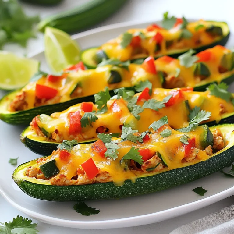 - 4 medium zucchinis - 1 lb boneless, skinless chicken breasts - 1 red bell pepper, thinly sliced - 1 yellow bell pepper, thinly sliced - 1 small red onion, finely chopped - 2 cloves garlic, minced To make chicken fajita stuffed zucchini, you need fresh ingredients. Zucchini makes a great boat for the filling. Choose firm zucchinis for the best results. Chicken breasts provide lean protein and a nice texture. Use colorful bell peppers to add sweetness and crunch. The red onion and garlic give depth to the dish. - 2 teaspoons chili powder - 1 teaspoon cumin - ½ teaspoon paprika - ½ teaspoon salt - ½ teaspoon black pepper Spices are key to a tasty filling. Chili powder brings heat and flavor. Cumin adds warmth and earthiness. Paprika gives a smoky touch. Salt and black pepper enhance all the flavors. These spices create that fajita taste we love. - 1 cup shredded cheddar cheese - Fresh cilantro, for garnish - Lime wedges, for serving Cheddar cheese melts beautifully on top. It adds richness and creaminess to the dish. Fresh cilantro adds a bright note and color. Lime wedges are perfect for squeezing over the stuffed zucchini. The acidity from lime balances the flavors and brightens each bite. {{ingredient_image_1}} First, preheat your oven to 375°F (190°C). This step gets your oven ready for baking. Next, take your zucchinis and cut them in half lengthwise. Use a spoon to scoop out the insides, making a hollow boat. Save that zucchini flesh for later. Place the zucchini halves cut side up on a baking sheet. Drizzle a little olive oil over them. Bake these in your preheated oven for about 15 minutes. You want them to start softening but not too mushy. While the zucchini bakes, it’s time to cook the filling. Heat a large skillet over medium heat and add the remaining olive oil. Once hot, add your diced chicken. Cook the chicken until it turns brown, which takes about 5-7 minutes. Then add the chopped onion and minced garlic. Next, toss in the sliced bell peppers and the reserved zucchini flesh. Sauté everything until the veggies get tender, around 4-5 minutes. Now, it’s spice time! Add chili powder, cumin, paprika, salt, and black pepper. Stir well so every piece of chicken and veggie gets coated. Cook this mixture for another 2-3 minutes to let the flavors blend. Finally, remove the skillet from heat. Stir in half of the shredded cheddar cheese until it melts and mixes in. Now for the fun part! Take your cooked chicken mixture and spoon it into each zucchini half. Pack it in well so it doesn’t spill out. After that, sprinkle the remaining cheddar cheese on top of each stuffed zucchini. Return them to the oven and bake for another 10-15 minutes. Look for the cheese to melt and bubble up. Once done, take them out and garnish with fresh cilantro. Serve with lime wedges for an extra zing! When picking zucchinis, look for medium-sized ones. They should feel firm and heavy. Avoid zucchinis with soft spots or blemishes. Fresh zucchinis will hold their shape better when stuffed and cooked. You can add more spices to your filling. Try cayenne for heat or oregano for depth. Other great add-ins include black beans or corn. These will add texture and taste. You may also sprinkle some lime juice for a fresh twist. Ovens can vary, so keep an eye on your zucchinis. If your oven runs hot, check them a few minutes early. If they need more time, bake longer until the cheese bubbles. Each oven is different, so adjust as needed for the best results. Pro Tips Choose the Right Zucchini: Select firm zucchinis that are medium-sized for the best stuffing experience. They should not be too large, as this can result in watery filling. Customize Your Seasonings: Feel free to adjust the spices in the chicken mixture to suit your taste. Adding smoked paprika or a splash of lime juice can elevate the flavors. Meal Prep Option: You can prepare the filling ahead of time and store it in the refrigerator. Simply stuff the zucchini and bake when you're ready to eat. Cheese Variations: Experiment with different types of cheese, such as pepper jack for a spicy kick or mozzarella for a milder flavor. {{image_2}} You can swap chicken for ground turkey or beef. These meats work well. If you want a vegetarian dish, try black beans or lentils. They add protein and flavor. Cheddar cheese is classic, but you have choices. Try Monterey Jack for a mild taste. Pepper Jack adds a spicy kick. You can also use a blend for more flavor. Mix in more veggies for added nutrients. Try corn for sweetness. Chopped spinach or kale adds a healthy boost. You can also use diced tomatoes for a juicy touch. To keep your stuffed zucchini fresh, place leftovers in an airtight container. Store them in the fridge for up to three days. Make sure they cool down before sealing. This helps to avoid extra moisture that can make them soggy. When you are ready to enjoy your leftovers, preheat your oven to 350°F (175°C). Place the zucchini on a baking sheet. Cover them with foil to keep them moist. Heat for about 15-20 minutes. If you want a little crisp, remove the foil for the last few minutes. You can also reheat them in the microwave. Just use a microwave-safe dish and cover it lightly. Heat in short bursts of 30 seconds until warm. You can freeze stuffed zucchini for later meals. First, let them cool completely. Wrap each zucchini half tightly in plastic wrap. Then, place them in a freezer bag or an airtight container. They can last up to three months in the freezer. When you want to eat them, let them thaw in the fridge overnight. Then, reheat in the oven as mentioned above. This way, they will taste almost as fresh as the day you made them. Chicken Fajita Stuffed Zucchini lasts about 3 to 4 days in the fridge. Store them in an airtight container to keep them fresh. The flavors can deepen as they sit, making them even tastier. Just remember to check for any signs of spoilage before eating. Yes, you can make Chicken Fajita Stuffed Zucchini ahead of time. Prepare the filling and stuff the zucchini. Cover them and store in the fridge for a day. When ready, bake them for a quick and easy meal. This makes dinner prep simple and fun. You can serve many sides with Chicken Fajita Stuffed Zucchini. Here are some great options: - Mexican rice: A flavorful base that pairs well. - Black beans: They add protein and fiber. - Guacamole: Creamy and fresh, it enhances the dish. - Corn salad: Sweet and crunchy, it adds a nice contrast. Feel free to mix and match based on what you like! We explored how to make tasty Chicken Fajita Stuffed Zucchini. You learned the key ingredients, from chicken to spices. The steps made it easy to prepare and enjoy. We talked about fun ways to change the recipe, like using different proteins or cheeses. Lastly, you now know how to store and reheat leftovers like a pro. Eating healthy can be simple and fun when you try this dish. Enjoy your cooking adventure!
