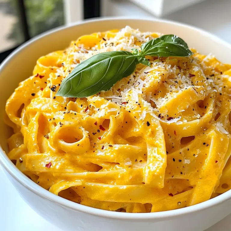 - 12 oz pasta (your choice: fettuccine, penne, or farfalle) - 2 large red bell peppers, roasted and peeled - 1 cup heavy cream - 1 tablespoon olive oil - 3 cloves garlic, minced - 1/2 teaspoon crushed red pepper flakes (adjust to taste) - 1/4 cup grated Parmesan cheese - Salt and pepper to taste - Fresh basil leaves for garnish - Optional: 1 cup baby spinach or arugula for added greens For this creamy roasted red pepper pasta, you can choose from several pasta types. Fettuccine, penne, or farfalle all work well. Each type gives a different texture and feel to the dish. The star of this recipe is the roasted red bell peppers. Their sweet and smoky flavor makes the sauce rich and tasty. To roast them, you will need two large peppers. This adds a vibrant color and delicious taste. Next, we use heavy cream, which brings a thick, smooth texture to the sauce. It helps bind all the flavors together. Olive oil adds a light taste and helps cook the garlic. Garlic is key for flavor. You will need three cloves, minced fine. For those who like a bit of heat, add crushed red pepper flakes. You can adjust this to fit your taste. We will also add Parmesan cheese. This cheese adds a nice salty flavor and creaminess to the dish. Lastly, salt and pepper will enhance all the flavors perfectly. If you want to add some greens, I suggest baby spinach or arugula. They mix well with the pasta and add a fresh touch. Don’t forget to garnish your dish with fresh basil leaves for a nice finish. This dish is easy to make and perfect for any night! {{ingredient_image_1}} First, preheat your oven to 450°F (230°C). Cut the red bell peppers in half and remove the seeds. Place the peppers cut-side down on a baking sheet. Roast them for 20 to 25 minutes until the skin is charred. After roasting, transfer the peppers to a bowl. Cover the bowl with plastic wrap. Let them steam for about 10 minutes. This step makes it easy to peel the skin. Removing the charred skin is key. It helps create a smooth sauce without any bitter flavors. While the peppers steam, bring a large pot of salted water to a boil. You can choose any pasta you like: fettuccine, penne, or farfalle. Cook the pasta according to the package directions. This usually takes about 8 to 12 minutes. Don’t forget to save about 1 cup of pasta water before draining the pasta. Once the peppers cool down, peel off the charred skin. Chop the peppers into smaller pieces. In a blender or food processor, combine the roasted peppers, heavy cream, minced garlic, and crushed red pepper flakes. Blend everything until it is smooth and creamy. This is where the magic happens. A smooth sauce makes the dish rich and delightful. In a large skillet, heat olive oil over medium heat. Pour the blended roasted red pepper sauce into the skillet. Warm the sauce for about 3 to 4 minutes. Stir in the grated Parmesan cheese. Add salt and pepper to taste. This enhances the flavors beautifully. Now, add the cooked pasta directly into the sauce. Toss everything together until well coated. If the sauce is too thick, add a bit of the reserved pasta water. This helps to reach your desired consistency. If you like greens, stir in baby spinach or arugula until they are just wilted. To serve, portion the pasta onto plates or bowls. Garnish with fresh basil leaves for a pop of color. You can also sprinkle some extra Parmesan on top if you wish. This dish not only looks great but tastes amazing too! To know when your peppers are perfectly roasted, look for a charred and blistered skin. After 20–25 minutes in the oven, they should be soft to the touch. The steam method helps too. Once roasted, cover them to let the steam loosen the skin. This makes peeling quick and easy. You can adjust the flavor and spice of your pasta dish easily. For more heat, add extra crushed red pepper flakes. Want a sweeter taste? Try a pinch of sugar or a splash of balsamic vinegar. You can also mix in fresh herbs like oregano or thyme for a fresh twist. If your sauce is too thick, add some reserved pasta water to thin it out. Start with a little, then mix well. For a thicker sauce, let it simmer for a few extra minutes. The starch in the pasta water helps create a creamy texture, making it stick to the pasta better. Pro Tips Choose the Right Pasta: Opt for pasta shapes that hold sauce well, like penne or farfalle, to ensure every bite is flavorful. Roast Peppers for Depth: The roasting process caramelizes the natural sugars in the peppers, enhancing the sauce's sweetness and complexity. Adjust the Spice: Feel free to modify the amount of crushed red pepper flakes based on your heat preference, starting with a small amount and adding more as needed. Add Fresh Greens: Stirring in baby spinach or arugula not only adds color but also boosts the nutritional value of the dish. {{image_2}} You can boost your creamy roasted red pepper pasta by adding protein. Here are some tasty options: - Chicken: Grilled or sautéed strips work well. Cook them first, then add them to the sauce. - Shrimp: Sauté shrimp in garlic and olive oil. Toss them in right before serving for a quick, fresh taste. - Sausage: Use Italian sausage for a hearty flavor. Cook it through before mixing it with the pasta. Want to add more greens? Here are some great veggie ideas: - Spinach: Use baby spinach for a mild flavor. Toss it in the sauce until it wilts. - Arugula: Add arugula for a peppery kick. Mix it in at the end for a fresh taste. - Zucchini: Sauté diced zucchini and add it for extra texture and nutrients. You can make this dish dairy-free with some easy swaps. Try these options: - Coconut Cream: Use coconut cream instead of heavy cream for a rich taste. - Nutritional Yeast: Swap Parmesan for nutritional yeast. It adds a cheesy flavor without dairy. - Cashew Cream: Blend soaked cashews with water for a creamy sauce base. It’s smooth and tasty! To store creamy roasted red pepper pasta, first let it cool. Place the pasta in an airtight container. Make sure to seal it well to keep air out. You can store it in the fridge for up to three days. If you want to keep it longer, consider freezing it. When reheating, use a skillet over low heat. Add a splash of water or cream to keep it moist. Stir often to heat evenly. You can also use the microwave; just cover the dish with a lid or microwave-safe wrap. Heat in short bursts, stopping to stir until warm. To freeze, place the cooled pasta in a freezer-safe container. Leave some space for expansion. Seal tightly to prevent freezer burn. It can last up to three months in the freezer. When ready to eat, thaw it overnight in the fridge. Reheat on the stove or microwave, adding cream or water as needed. You can swap the heavy cream with coconut cream or cashew cream. Use nutritional yeast in place of Parmesan cheese for a cheesy flavor. Olive oil will still work well for cooking. This keeps the dish creamy and rich without dairy. I love using fettuccine, penne, or farfalle. Each type holds the sauce well. Fettuccine gives a nice, smooth texture. Penne can trap sauce inside its tubes. Farfalle adds a fun shape to your plate. Yes, jarred roasted red peppers are a great shortcut. They save time and effort. Just make sure to drain them well. This avoids adding extra liquid to your sauce. This dish will last about three to four days in the fridge. Store it in an airtight container. Reheat gently to keep the cream from separating. Absolutely! You can roast the peppers and make the sauce ahead. Cook the pasta just before serving. This way, your pasta stays fresh and tasty. Mix everything just before you eat for the best flavor. You now have a great recipe for creamy roasted red pepper pasta. We covered the ingredients, step-by-step instructions, tips to perfect your dish, and even flavorful variations. Cooking this pasta is simple and fun. You can adjust flavors, add protein, or make it dairy-free. Remember to store your leftovers properly for later enjoyment. Enjoy making this meal and impressing those around you with your cooking skills! Making this dish should be a tasty adventure. Get ready to enjoy a delicious plate!