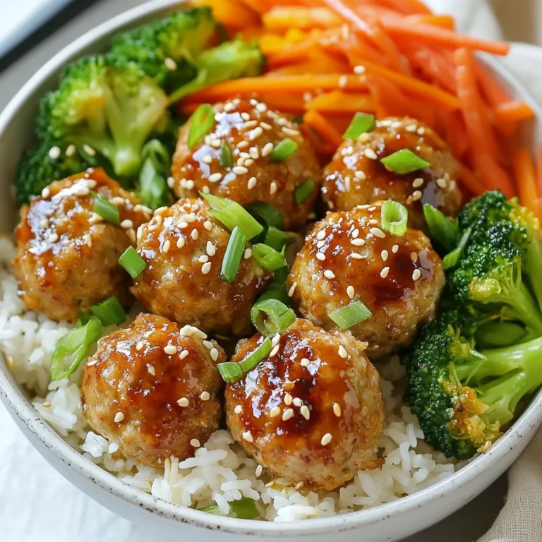 - 1 lb ground chicken or turkey - 1/2 cup breadcrumbs - 1/4 cup green onions, finely chopped - 2 cloves garlic, minced - 1 teaspoon ginger, grated - 1 tablespoon sesame oil - 1/4 cup teriyaki sauce (plus extra for serving) - Salt and pepper to taste - 2 cups cooked jasmine rice - 1 cup broccoli florets - 1 red bell pepper, sliced - 1 carrot, julienned For these teriyaki meatball rice bowls, I love using ground chicken or turkey. They keep the meatballs light and tasty. Breadcrumbs help bind the meatballs and add a great texture. Chopped green onions, garlic, and ginger pack in flavor, making each bite a delight. Sesame oil adds a nutty note that ties everything together. The star of this dish, teriyaki sauce, gives the meatballs their sweet and savory taste. Jasmine rice is perfect as a base. It’s soft and fragrant, making every bowl feel special. For veggies, I like using broccoli, bell pepper, and carrot. They add color, crunch, and nutrition to the meal. - Sesame seeds - Additional green onions I often finish my bowls with sesame seeds and more green onions. These garnishes add a nice crunch and extra flavor. - Alternative meats: You can use ground beef or pork if you prefer. - Gluten-free options: Use gluten-free breadcrumbs and tamari instead of teriyaki sauce. Feel free to swap out the meat for your favorite type. Making these bowls gluten-free is simple too. Just choose the right ingredients, and you’ll enjoy the same great taste! {{ingredient_image_1}} 1. Preheating the oven: Start by preheating your oven to 400°F (200°C). This step is key. The right heat makes all the difference in cooking. 2. Mixing the meatball ingredients: In a large bowl, combine these ingredients: - 1 lb ground chicken or turkey - 1/2 cup breadcrumbs - 1/4 cup green onions, finely chopped - 2 cloves garlic, minced - 1 teaspoon ginger, grated - 1 tablespoon sesame oil - 1/4 cup teriyaki sauce - Salt and pepper to taste Mix everything well. This step ensures that every meatball is packed with flavor. 1. Shaping and baking the meatballs: Form the mixture into small meatballs, about one inch wide. Place them on a lined baking sheet. Bake the meatballs for 18-20 minutes. They should turn golden brown and be fully cooked. 2. Stir-frying the vegetables: While the meatballs bake, heat a tablespoon of oil in a pan. Add the following: - 1 cup broccoli florets - 1 red bell pepper, sliced - 1 carrot, julienned Stir-fry for about 5-7 minutes. The veggies should be bright and tender yet still crisp. Drizzle a tablespoon of teriyaki sauce over them and toss to coat. Remove from heat to keep them fresh. 1. Assembling the bowls: In each serving bowl, place a scoop of cooked jasmine rice. Top the rice with the stir-fried vegetables and the baked meatballs. 2. Garnishing and serving options: Drizzle extra teriyaki sauce over the meatballs and rice. For the final touch, sprinkle with sesame seeds and the remaining green onions. This makes your dish look and taste great! To keep your meatballs moist, use ground chicken or turkey. These meats have less fat but stay juicy. Mixing in breadcrumbs helps absorb moisture. Form small meatballs, about one inch wide. This size cooks evenly and stays tender. For browning, preheat your oven to 400°F (200°C). Line your baking sheet with parchment paper. This helps meatballs cook without sticking. Bake them for 18-20 minutes. Look for a golden brown color. This shows they are cooked through. To boost flavor, try adding spices like onion powder or black pepper. These add warmth without overpowering the dish. You can also add a dash of chili flakes for a hint of heat. Making homemade teriyaki sauce is easy! Combine soy sauce, honey, garlic, and ginger. Simmer these together until thick. This gives your dish a fresh taste and lets you control sweetness. You can cook your meatballs in different ways. An air fryer cooks them quickly and keeps them crispy. Set it to 375°F (190°C) for about 10-12 minutes. If you prefer the stovetop, brown the meatballs in a pan first. Then, add a bit of water and cover to steam them through. Using a slow cooker is another option. Cook on low for 4-6 hours. This method makes the meatballs very tender and allows flavors to meld. Pro Tips Use Fresh Ingredients: Fresh vegetables and herbs elevate the flavor of your teriyaki meatballs and stir-fried veggies. Opt for seasonal produce whenever possible. Adjust the Sauce: If you prefer a sweeter teriyaki flavor, add a touch of honey or brown sugar to the sauce. For a spicier kick, incorporate some red pepper flakes. Cook Rice Perfectly: Rinse jasmine rice under cold water before cooking to remove excess starch. This ensures fluffy rice that won’t clump together. Make Ahead: Prepare the meatballs in advance and store them in the refrigerator or freezer. They can be reheated and served with rice and vegetables for a quick meal. {{image_2}} You can change the protein in your meatballs. Ground beef or pork works great. For a lighter option, use ground turkey. If you want to go meatless, try using lentils or chickpeas. These options still taste amazing with teriyaki sauce. Each protein gives a unique flavor and texture. Jasmine rice is popular, but you can switch it up. Quinoa is a healthy choice and adds protein. Cauliflower rice is great if you want fewer carbs. Brown rice adds a nutty flavor and extra fiber. Each option will still pair well with your meatballs and veggies. Feel free to mix in seasonal veggies. Snap peas, zucchini, or asparagus can add crunch. Bell peppers and carrots are classic, but try spinach for a pop of color. Use what you have on hand. Fresh vegetables will brighten your bowl and add nutrients. To store your Teriyaki Meatball Rice Bowls, first let them cool. Place them in airtight containers. This keeps them fresh in the fridge. You can store the leftovers for about three to four days. If you want to keep them longer, freezing is a great option. - Refrigeration tips: Use airtight containers. Label them with the date. Store in the fridge for up to four days. - Freezing instructions: Portion the meatballs and rice. Keep veggies separate if possible. Use freezer-safe containers. These can last for up to three months. When you're ready to enjoy your leftovers, reheating is key. You want the meatballs warm and the rice fluffy. - Best ways to reheat rice bowls: Use a microwave for quick reheating. Warm in a covered bowl for about 2-3 minutes. Stir halfway through. For best results, use a skillet on medium heat. Add a splash of water to help steam the rice. - Avoiding sogginess in meatballs: Reheat meatballs in the oven at 350°F for about 10 minutes. This keeps them from getting soggy. You can also use the skillet method. Just be sure to keep the heat low. How long can you keep these delicious rice bowls? - How long can you keep the dish? In the fridge, enjoy them within four days. If frozen, use them within three months for best taste. Always check for any signs of spoilage before eating. You can use soy sauce as a base. Add honey for sweetness. Mix in garlic and ginger for flavor. Another option is to create a quick homemade teriyaki sauce. Combine soy sauce, honey, rice vinegar, and cornstarch. This mix gives a nice balance of sweet and salty. Yes, you can prepare Teriyaki Meatball Rice Bowls ahead of time. Make the meatballs and cook the rice. Store them in separate containers in the fridge. You can also stir-fry the vegetables ahead. Assemble your bowls just before serving for the best taste. To ensure tender meatballs, do not overmix the meat. Use breadcrumbs to add moisture. Adding grated ginger helps too. Baking at the right temperature keeps them juicy. Avoid cooking them too long, as it can dry them out. This blog post guides you through making Teriyaki Meatball Rice Bowls. We covered main ingredients like ground turkey, ginger, and sesame oil, plus some optional garnishes. You learned how to prep, cook, and assemble the dish, while also exploring tips for perfecting meatballs and trying variations. Remember, feel free to customize with different proteins or veggies. Enjoy your cooking and make this flavorful meal your own!
