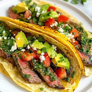 - 1 lb flank steak - Salt and pepper to taste - 1 tablespoon olive oil - 8 corn tortillas - 1 cup fresh cilantro, chopped - 1/2 cup fresh parsley, chopped - 3 cloves garlic, minced - 1 teaspoon red pepper flakes - 1/4 cup red wine vinegar - 1/2 cup olive oil - 1 lime, juiced - 1 avocado, sliced - 1/2 cup diced tomatoes - 1/4 cup crumbled queso fresco To make Chimichurri steak tacos, you need fresh, quality ingredients. Flank steak gives a rich flavor. It cooks quickly and stays juicy. Corn tortillas add a nice texture. They hold all the tasty fillings well. Fresh herbs like cilantro and parsley brighten the dish. Garlic adds a punch of flavor. Red pepper flakes bring a hint of heat. Red wine vinegar adds tanginess, balancing the steak's richness. The main seasonings include salt, pepper, and red wine vinegar. These enhance the steak's natural taste. Olive oil helps the ingredients blend well. The chimichurri sauce is the star. You can add toppings like avocado for creaminess. Diced tomatoes add freshness. Queso fresco gives a salty bite. Each topping adds flavor and texture. Flank steak is my top choice for these tacos. It has great flavor and cooks quickly. Other cuts you can use include skirt steak or sirloin. Skirt steak gives a similar taste and texture. Sirloin is leaner but still tasty. Choose a cut that you enjoy. Each one will work well in this recipe. {{ingredient_image_1}} To make chimichurri sauce, gather your fresh herbs and garlic. Chop 1 cup of cilantro and 1/2 cup of parsley. Add 3 minced garlic cloves. Combine these in a bowl. Next, add 1 teaspoon of red pepper flakes for a bit of heat. Pour in 1/4 cup of red wine vinegar and 1/2 cup of olive oil. Finally, squeeze in the juice of 1 lime. Mix everything well and let it sit for at least 15 minutes. This wait lets the flavors blend and makes the sauce tasty. Start by prepping your flank steak. Rub it with 1 tablespoon of olive oil. Generously season both sides with salt and pepper. This step adds flavor. Preheat your grill to medium-high heat. When it’s hot, place the steak on the grill. Cook for about 4-6 minutes on each side. Use a meat thermometer to check the temperature. For medium-rare, aim for 130-135°F. Once done, take it off the grill and let it rest for 5 minutes. This keeps the juices inside. After resting, slice the steak against the grain into thin strips. Now it’s time for the tortillas. Heat a dry skillet over medium heat. Warm each corn tortilla for about 30 seconds on each side. This softens them and makes them easier to fold. Once warmed, it's time to assemble. Take a tortilla and add a few slices of steak in the center. Spoon on some chimichurri sauce. Top with sliced avocado, diced tomatoes, and crumbled queso fresco. Repeat with the remaining tortillas. If you like, garnish with extra cilantro for a fresh touch. Enjoy your tasty tacos right away! To cook the best steak, start with a good cut. Flank steak is perfect for tacos. It cooks fast and stays juicy. Rub it with olive oil, salt, and pepper. Preheat your grill or pan to medium-high heat. Cook the steak for 4-6 minutes on each side. Check for doneness with a meat thermometer. Aim for 130-135°F for medium-rare. Let the steak rest for five minutes after cooking. This keeps it tender and juicy when you slice it. Chimichurri is all about fresh herbs. Use lots of cilantro and parsley. Mince the garlic finely to spread its flavor. Red wine vinegar adds a tangy taste. For extra heat, toss in red pepper flakes. Let the chimichurri sit for at least 15 minutes. This waiting time lets the flavors mix well. You can also add a pinch of salt to taste. If you want more zing, squeeze in extra lime juice. For soft, warm tortillas, heat a dry skillet over medium heat. Place the corn tortillas in the pan for about 30 seconds on each side. Keep them warm in a clean kitchen towel. This keeps them soft and easy to fold. When serving, layer the steak and chimichurri on the tortilla. Top with sliced avocado and diced tomatoes. Finish with crumbled queso fresco for a creamy touch. Enjoy your delicious tacos right away! Pro Tips Rest the Meat: Always allow your steak to rest after cooking. This helps the juices redistribute throughout the meat, making it more tender and flavorful. Customize the Chimichurri: Feel free to adjust the herbs and spices in your chimichurri sauce. Adding oregano or switching to apple cider vinegar can give it a unique twist. Use Fresh Ingredients: Fresh herbs and ripe tomatoes will elevate the flavor of your tacos. Make sure to choose the best quality ingredients available. Warm Tortillas Properly: Warming your tortillas in a dry skillet enhances their flavor and makes them more pliable, preventing tearing when you fill them. {{image_2}} You can switch the flank steak for other proteins. Grilled chicken is a tasty choice. Shrimp also makes a great option for a lighter meal. For a plant-based version, use marinated tofu or mushrooms. Each option pairs well with chimichurri sauce. This adds flavor and keeps it fresh. Toppings can make your tacos even better. Try adding sliced jalapeños for heat. Fresh corn adds sweetness, while pickled onions offer a tangy crunch. You can also use black beans for extra protein. Don't forget the lime wedges for a fresh squeeze on top. These simple add-ins can elevate your meal. You can serve chimichurri tacos in fun ways. Try making a taco bowl with rice or quinoa. Just layer ingredients in a bowl for a filling meal. Lettuce wraps work well for a low-carb option. Use large lettuce leaves to hold all the tasty fillings. Both methods keep the flavors while changing the experience. To keep leftover chimichurri steak fresh, place it in an airtight container. Let the steak cool down first. Store it in the fridge for up to three days. If you want to keep it longer, consider freezing it. Just make sure to wrap it tightly in plastic wrap before placing it in a freezer bag. Tacos are best when fresh, but you can store some parts. Keep the tortillas and fillings separate. Store tortillas in a sealed bag to prevent them from drying out. Wrap the fillings, like steak and toppings, in separate containers. This way, the tortillas stay soft, and the flavors stay fresh. You can assemble the tacos when you're ready to enjoy them. You can freeze the steak and chimichurri sauce. Slice the steak before freezing to make it easy to use later. Place the slices in a freezer bag, removing as much air as possible. For the chimichurri, store it in a small container. It can last up to three months in the freezer. Thaw them in the fridge overnight before using. You can use several cuts for tacos. Skirt steak is a great choice. It cooks fast and is very tasty. Sirloin steak is also good. It is tender and has nice flavor. For a leaner option, try chicken breast. Just remember to season well. Yes, you can use store-bought chimichurri. It saves time and is easy to find. However, I love making my own. Homemade chimichurri tastes fresher and you control the flavor. You can adjust the herbs and spice to your liking. To adjust the spiciness, change the red pepper flakes. For less heat, use less or skip them. If you want more spice, add more flakes. You can also use fresh jalapeño in the mix for a kick. Just remember to taste as you go! You learned how to make tasty chimichurri steak tacos. We covered the main ingredients, key seasonings, and best steak cuts. I shared step-by-step instructions to prepare the sauce and cook the steak. We discussed tips for perfect results and explored tasty variations. Finally, I offered storage tips for leftovers. Enjoy making these tacos! They are easy, fun, and packed with flavor. You can also customize them to fit your taste. Happy cooking!