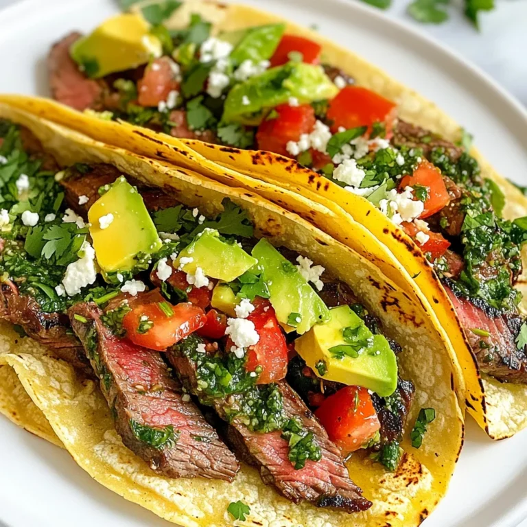 - 1 lb flank steak - Salt and pepper to taste - 1 tablespoon olive oil - 8 corn tortillas - 1 cup fresh cilantro, chopped - 1/2 cup fresh parsley, chopped - 3 cloves garlic, minced - 1 teaspoon red pepper flakes - 1/4 cup red wine vinegar - 1/2 cup olive oil - 1 lime, juiced - 1 avocado, sliced - 1/2 cup diced tomatoes - 1/4 cup crumbled queso fresco To make Chimichurri steak tacos, you need fresh, quality ingredients. Flank steak gives a rich flavor. It cooks quickly and stays juicy. Corn tortillas add a nice texture. They hold all the tasty fillings well. Fresh herbs like cilantro and parsley brighten the dish. Garlic adds a punch of flavor. Red pepper flakes bring a hint of heat. Red wine vinegar adds tanginess, balancing the steak's richness. The main seasonings include salt, pepper, and red wine vinegar. These enhance the steak's natural taste. Olive oil helps the ingredients blend well. The chimichurri sauce is the star. You can add toppings like avocado for creaminess. Diced tomatoes add freshness. Queso fresco gives a salty bite. Each topping adds flavor and texture. Flank steak is my top choice for these tacos. It has great flavor and cooks quickly. Other cuts you can use include skirt steak or sirloin. Skirt steak gives a similar taste and texture. Sirloin is leaner but still tasty. Choose a cut that you enjoy. Each one will work well in this recipe. {{ingredient_image_1}} To make chimichurri sauce, gather your fresh herbs and garlic. Chop 1 cup of cilantro and 1/2 cup of parsley. Add 3 minced garlic cloves. Combine these in a bowl. Next, add 1 teaspoon of red pepper flakes for a bit of heat. Pour in 1/4 cup of red wine vinegar and 1/2 cup of olive oil. Finally, squeeze in the juice of 1 lime. Mix everything well and let it sit for at least 15 minutes. This wait lets the flavors blend and makes the sauce tasty. Start by prepping your flank steak. Rub it with 1 tablespoon of olive oil. Generously season both sides with salt and pepper. This step adds flavor. Preheat your grill to medium-high heat. When it’s hot, place the steak on the grill. Cook for about 4-6 minutes on each side. Use a meat thermometer to check the temperature. For medium-rare, aim for 130-135°F. Once done, take it off the grill and let it rest for 5 minutes. This keeps the juices inside. After resting, slice the steak against the grain into thin strips. Now it’s time for the tortillas. Heat a dry skillet over medium heat. Warm each corn tortilla for about 30 seconds on each side. This softens them and makes them easier to fold. Once warmed, it's time to assemble. Take a tortilla and add a few slices of steak in the center. Spoon on some chimichurri sauce. Top with sliced avocado, diced tomatoes, and crumbled queso fresco. Repeat with the remaining tortillas. If you like, garnish with extra cilantro for a fresh touch. Enjoy your tasty tacos right away! To cook the best steak, start with a good cut. Flank steak is perfect for tacos. It cooks fast and stays juicy. Rub it with olive oil, salt, and pepper. Preheat your grill or pan to medium-high heat. Cook the steak for 4-6 minutes on each side. Check for doneness with a meat thermometer. Aim for 130-135°F for medium-rare. Let the steak rest for five minutes after cooking. This keeps it tender and juicy when you slice it. Chimichurri is all about fresh herbs. Use lots of cilantro and parsley. Mince the garlic finely to spread its flavor. Red wine vinegar adds a tangy taste. For extra heat, toss in red pepper flakes. Let the chimichurri sit for at least 15 minutes. This waiting time lets the flavors mix well. You can also add a pinch of salt to taste. If you want more zing, squeeze in extra lime juice. For soft, warm tortillas, heat a dry skillet over medium heat. Place the corn tortillas in the pan for about 30 seconds on each side. Keep them warm in a clean kitchen towel. This keeps them soft and easy to fold. When serving, layer the steak and chimichurri on the tortilla. Top with sliced avocado and diced tomatoes. Finish with crumbled queso fresco for a creamy touch. Enjoy your delicious tacos right away! Pro Tips Rest the Meat: Always allow your steak to rest after cooking. This helps the juices redistribute throughout the meat, making it more tender and flavorful. Customize the Chimichurri: Feel free to adjust the herbs and spices in your chimichurri sauce. Adding oregano or switching to apple cider vinegar can give it a unique twist. Use Fresh Ingredients: Fresh herbs and ripe tomatoes will elevate the flavor of your tacos. Make sure to choose the best quality ingredients available. Warm Tortillas Properly: Warming your tortillas in a dry skillet enhances their flavor and makes them more pliable, preventing tearing when you fill them. {{image_2}} You can switch the flank steak for other proteins. Grilled chicken is a tasty choice. Shrimp also makes a great option for a lighter meal. For a plant-based version, use marinated tofu or mushrooms. Each option pairs well with chimichurri sauce. This adds flavor and keeps it fresh. Toppings can make your tacos even better. Try adding sliced jalapeños for heat. Fresh corn adds sweetness, while pickled onions offer a tangy crunch. You can also use black beans for extra protein. Don't forget the lime wedges for a fresh squeeze on top. These simple add-ins can elevate your meal. You can serve chimichurri tacos in fun ways. Try making a taco bowl with rice or quinoa. Just layer ingredients in a bowl for a filling meal. Lettuce wraps work well for a low-carb option. Use large lettuce leaves to hold all the tasty fillings. Both methods keep the flavors while changing the experience. To keep leftover chimichurri steak fresh, place it in an airtight container. Let the steak cool down first. Store it in the fridge for up to three days. If you want to keep it longer, consider freezing it. Just make sure to wrap it tightly in plastic wrap before placing it in a freezer bag. Tacos are best when fresh, but you can store some parts. Keep the tortillas and fillings separate. Store tortillas in a sealed bag to prevent them from drying out. Wrap the fillings, like steak and toppings, in separate containers. This way, the tortillas stay soft, and the flavors stay fresh. You can assemble the tacos when you're ready to enjoy them. You can freeze the steak and chimichurri sauce. Slice the steak before freezing to make it easy to use later. Place the slices in a freezer bag, removing as much air as possible. For the chimichurri, store it in a small container. It can last up to three months in the freezer. Thaw them in the fridge overnight before using. You can use several cuts for tacos. Skirt steak is a great choice. It cooks fast and is very tasty. Sirloin steak is also good. It is tender and has nice flavor. For a leaner option, try chicken breast. Just remember to season well. Yes, you can use store-bought chimichurri. It saves time and is easy to find. However, I love making my own. Homemade chimichurri tastes fresher and you control the flavor. You can adjust the herbs and spice to your liking. To adjust the spiciness, change the red pepper flakes. For less heat, use less or skip them. If you want more spice, add more flakes. You can also use fresh jalapeño in the mix for a kick. Just remember to taste as you go! You learned how to make tasty chimichurri steak tacos. We covered the main ingredients, key seasonings, and best steak cuts. I shared step-by-step instructions to prepare the sauce and cook the steak. We discussed tips for perfect results and explored tasty variations. Finally, I offered storage tips for leftovers. Enjoy making these tacos! They are easy, fun, and packed with flavor. You can also customize them to fit your taste. Happy cooking!