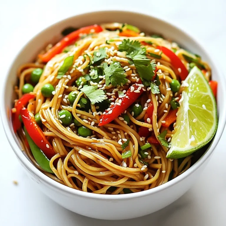 - 8 oz soba noodles - 2 tablespoons sesame oil - 1 tablespoon multi-colored sesame seeds (black and white) - 1 red bell pepper, thinly sliced - 1 cup snap peas, trimmed - 2 green onions, chopped - 2 cloves garlic, minced - 1 tablespoon grated ginger - 2 tablespoons soy sauce (or tamari for gluten-free) - 1 tablespoon sriracha (adjust to taste) - 1 tablespoon rice vinegar - Fresh cilantro, for garnish - Lime wedges, for serving To make Spicy Sesame Soba Noodles, gather these fresh ingredients. First, you need 8 oz of soba noodles. These noodles are made from buckwheat and have a unique flavor. They cook quickly and are great for this dish. Next, get 2 tablespoons of sesame oil. This oil adds rich taste and a lovely aroma. You will also need 1 tablespoon of multi-colored sesame seeds for texture and crunch. Fresh vegetables bring color and nutrients. Use 1 red bell pepper, sliced thin. Add 1 cup of snap peas trimmed for crispness. You also need 2 green onions, chopped for a fresh bite. For the sauce, gather 2 cloves of garlic, minced, and 1 tablespoon of grated ginger. These ingredients give the dish a warm, spicy kick. Combine them with 2 tablespoons of soy sauce and 1 tablespoon of sriracha to add heat. Don't forget 1 tablespoon of rice vinegar for a tangy balance. Finally, garnish your dish with fresh cilantro and serve with lime wedges for a zesty finish. Each ingredient plays a role in making this dish flavorful and fun to eat. {{ingredient_image_1}} To start, boil water in a large pot. Add 8 oz of soba noodles. Cook them according to the package instructions until they are al dente. This usually takes about 4 to 6 minutes. Once done, drain the noodles. Rinse them under cold water to stop cooking. This helps keep them firm. Set the noodles aside while you prepare the other ingredients. Next, grab your fresh veggies. You need 1 red bell pepper, snap peas, green onions, garlic, and ginger. Thinly slice the red bell pepper. Trim the snap peas and chop the green onions. Mince 2 cloves of garlic and grate 1 tablespoon of ginger. This mix will add bright flavors to your dish. In a small bowl, whisk together the sauce. Combine 2 tablespoons of soy sauce, 1 tablespoon of sriracha, and 1 tablespoon of rice vinegar. Adjust the sriracha to match your spice level. This sauce packs a punch and ties everything together. Heat 2 tablespoons of sesame oil in a large skillet over medium heat. Add the minced garlic and grated ginger. Sauté them for about a minute until fragrant. Then, mix in the sliced bell pepper and snap peas. Cook for 3 to 4 minutes until they are tender but still crisp. Pour in your sauce and stir well. Finally, add the cooked soba noodles. Toss everything together until the noodles are well-coated in the sauce. Once combined, stir in the chopped green onions and sesame seeds. Reserve a little sesame seeds for garnish. Remove the skillet from heat. Serve warm, topped with fresh cilantro. Add lime wedges on the side for a zesty touch. Enjoy your spicy sesame soba noodles, a quick and tasty meal! To get your soba noodles just right, follow these steps. First, use plenty of water to cook them. This keeps the noodles from sticking. Cook them until they are al dente. This means they will have a slight bite. Drain them right away and rinse under cold water. This stops the cooking and keeps them firm. To boost the flavor, consider these tips. Add more garlic or ginger for a stronger taste. You can also mix in other veggies like carrots or mushrooms. If you love heat, add more sriracha or chili oil. Fresh herbs like basil or mint can add a nice touch too. For a nutty flavor, use toasted sesame oil instead of regular sesame oil. Avoid overcooking the soba noodles. This can make them mushy. Also, don't skip rinsing them after cooking. If you forget this step, the noodles may stick together. Be careful with the sauce. Too much soy sauce may make the dish salty. Start with less and adjust to your taste. Lastly, remember to mix everything well in the skillet. This ensures that every bite is flavorful. Pro Tips Cook Noodles Al Dente: For the best texture, cook the soba noodles until they are al dente. This ensures they hold up well when tossed with the sauce and vegetables. Adjust Spice Level: Feel free to adjust the amount of sriracha based on your spice tolerance. Start with less and add more to suit your taste. Use Fresh Ingredients: Fresh vegetables not only enhance flavor but also provide a vibrant color contrast on your plate. Opt for seasonal produce when possible. Garnish for Flavor: Don’t skip the fresh cilantro and lime wedges! They add a burst of freshness that elevates the dish to the next level. {{image_2}} You can easily add protein to your Spicy Sesame Soba Noodles. Chicken, shrimp, or tofu work great. For chicken, use cooked, shredded meat for quick prep. For shrimp, sauté them with garlic and ginger until pink. If you prefer tofu, pan-fry it until golden. These proteins add flavor and make the meal filling. This dish is perfect for vegetarians and vegans. Replace any meat with veggies or tofu. You can add mushrooms, carrots, or zucchini for more texture. Use tamari instead of soy sauce to keep it vegan. This way, you enjoy the same spicy taste while sticking to your diet. To make this dish gluten-free, use rice noodles instead of soba. Rice noodles have a similar texture and absorb flavors well. Always check the soy sauce label to ensure it’s gluten-free. Tamari is a great option here. These small changes help everyone enjoy this tasty meal without worry. To keep your Spicy Sesame Soba Noodles fresh, place them in an airtight container. Store the noodles in the fridge for up to three days. Make sure to let them cool before sealing. This helps prevent sogginess. When reheating, use a skillet for best results. Add a splash of water or sesame oil to help steam the noodles. Heat over medium for about five minutes, stirring often. This will keep the noodles from drying out. You can also use a microwave. Heat in short bursts, stirring in between. You can freeze the soba noodles if you plan ahead. Place them in a freezer-safe bag. Squeeze out as much air as possible. They can last up to two months in the freezer. When ready to eat, thaw in the fridge overnight before reheating. Note that fresh veggies may lose their crunch after freezing. You can use several types of noodles. Some great alternatives include: - Udon noodles - Rice noodles - Whole wheat spaghetti - Buckwheat noodles These options change the taste and texture a bit, but they work well. Just cook them according to their package directions. Yes, you can! This dish is great for meal prep. Just store the cooked noodles and sauce separately. Keep the vegetables in a container, too. When ready to eat, reheat everything and mix them. To change the spice level, simply adjust the sriracha. Add less for a milder dish. You can also add more for extra heat. If you want a different flavor, try a bit of chili garlic sauce. These noodles pair well with many dishes. Here are some ideas: - Grilled chicken or tofu - Steamed dumplings - A fresh salad - Stir-fried vegetables These sides balance the flavors and make it a complete meal. Soba noodles offer several health benefits: - High in protein - Rich in fiber - Low in fat - Contains essential minerals These noodles are a great choice for a healthy meal. They provide energy and nourishment, making them a smart addition to your diet. This post covered everything about making tasty Spicy Sesame Soba Noodles. We started with the key ingredients, then moved through each cooking step. I shared tips for the best flavor and common mistakes to avoid. We also looked at ways to mix it up with proteins and special diets. Lastly, I provided storage methods to keep your leftovers fresh. Enjoy making this dish, and remember, tasty cooking is just a noodle away!