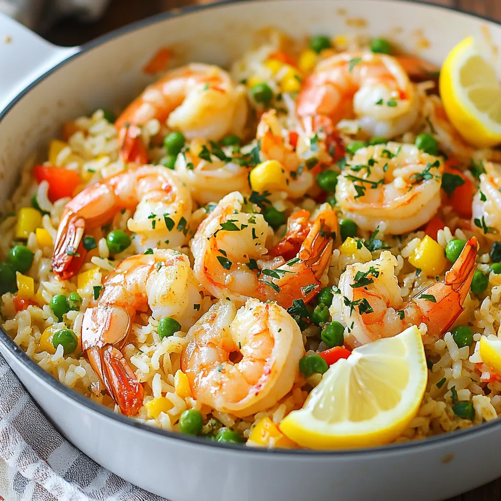 To create a delicious Garlic Butter Shrimp Rice Skillet, you need the following ingredients: - 1 pound large shrimp, peeled and deveined - 1 cup jasmine rice - 2 tablespoons unsalted butter - 4 cloves garlic, minced - 1 small onion, finely chopped - 1 bell pepper (red or yellow), diced - 2 cups low-sodium chicken broth - 1 cup frozen peas - 1 teaspoon paprika - 1 teaspoon dried thyme - Salt and pepper to taste - Fresh parsley, chopped (for garnish) - Lemon wedges (for serving) These ingredients come together to create a tasty and quick dinner. The shrimp adds protein, while jasmine rice makes the dish hearty. The garlic and onion bring great flavor, and the bell pepper adds color. The butter keeps everything rich and smooth. Don’t forget the lemon! It brightens the dish when served. You can easily find these items at your local grocery store. This recipe is simple, so you can whip it up on a busy weeknight. {{ingredient_image_1}} Rinsing jasmine rice is key for great texture. It removes extra starch, making the rice fluffy. To rinse, place the rice in a bowl and cover it with cold water. Swirl it around, then drain the water. Repeat this a few times until the water runs clear. This simple step sets up your dish for success. Start by melting 1 tablespoon of butter in a large skillet over medium heat. Add the finely chopped onion and diced bell pepper. Sauté these for about 3-4 minutes. You want the onions to become translucent. This adds a sweet flavor to your dish. Now, add the minced garlic. Cook it for just 1 minute. You will know it's ready when it smells amazing. Next, stir in the rinsed rice, paprika, and dried thyme. Mix everything well so the rice absorbs all the flavors. Pour in 2 cups of chicken broth, and season with salt and pepper. Bring this mix to a boil. Once it's boiling, lower the heat. Cover the skillet and let it simmer for about 15 minutes. The rice should soak up the broth. While the rice cooks, season 1 pound of shrimp with salt and pepper. In another pan, melt the remaining 1 tablespoon of butter over medium-high heat. Cook the shrimp for about 2-3 minutes on each side. You want them to turn pink and opaque. This quick cooking keeps the shrimp juicy. Once your rice is cooked, fold in the shrimp and 1 cup of frozen peas. Cover the skillet again and let it sit for 5 more minutes. This will warm the peas. Finally, fluff the rice with a fork. Taste and adjust the seasoning as needed. Serve this dish garnished with fresh parsley and lemon wedges. Enjoy your meal! To avoid mushy rice, rinse jasmine rice well. Rinse it under cold water until the water runs clear. This removes extra starch. Extra starch can make rice sticky. For heat adjustments, start on medium-high. Once boiling, lower to low heat. Cover the skillet to keep steam in while it cooks. To add a richer flavor, consider extra spices. Try a pinch of cayenne for heat or a dash of lemon zest for brightness. Fresh herbs like basil or cilantro can also boost taste. For garnishes, I recommend using fresh parsley. Chopped parsley adds a nice color and flavor. Lemon wedges on the side give a fresh kick. Timing is key for perfect shrimp. Cook them for about 2-3 minutes on each side. They should turn pink and opaque when done. If you overcook them, they can get tough. If you don’t have shrimp, use chicken or tofu as alternatives. Just be sure to adjust the cooking time based on the protein you choose. Pro Tips Rinse the Rice: Rinsing jasmine rice under cold water removes excess starch, resulting in fluffier rice. Perfectly Cooked Shrimp: Cook shrimp just until they turn pink and opaque; overcooking can make them tough. Seasoning Adjustment: Always taste the dish before serving and adjust seasoning as needed for the best flavor. Garnish for Flavor: Fresh parsley and lemon wedges not only enhance presentation but also add a burst of freshness when served. {{image_2}} If you want to swap shrimp, chicken works well. Simply cut it into small pieces. Cook it for about 5-7 minutes until it’s fully done. For a vegetarian option, use tofu. Press the tofu to remove moisture, then cube it. Sauté it until golden and crispy, about 5-6 minutes. You can use brown rice instead of jasmine rice. Brown rice takes longer to cook, about 40-45 minutes. You’ll need to adjust the liquid to about 2.5 cups of broth. Quinoa is another great choice. It cooks faster, around 15 minutes, and requires about 1.5 cups of broth. Adding seasonal vegetables can boost flavor and nutrition. Think about bell peppers, zucchini, or asparagus. Chop them into bite-sized pieces and add them when you sauté the onions. Use about 1-2 cups of veggies. Cook them until they’re tender, about 3-5 minutes. To keep your Garlic Butter Shrimp Rice Skillet fresh, store leftovers in the fridge. Use an airtight container. This helps keep it from drying out. Make sure it cools first before sealing. It will stay good for up to three days. When you reheat, use low heat to keep it moist. The best way is to use a skillet. Add a splash of water or broth to help. Heat for about 5-7 minutes, stirring often. You can also use a microwave. Heat in short bursts, about 1-2 minutes, checking in between. If you want to freeze it, let it cool completely first. Place it in a freezer-safe container. It can last up to three months in the freezer. When you want to eat it, thaw it overnight in the fridge. Reheat it as mentioned above for the best results. Making Garlic Butter Shrimp Rice Skillet takes about 30 minutes. You spend 10 minutes prepping. Then, the cooking takes around 20 minutes. This quick time makes it perfect for a busy weeknight meal. Yes, you can! If you don't have chicken broth, use vegetable broth. You can also use water, though it may not be as flavorful. For a richer taste, add a splash of white wine. If you want a different protein, consider using chicken or tofu. Chicken should be cut into small pieces and cooked until no longer pink. Tofu should be firm and cubed. Both options work well with this recipe. Yes, this dish can be made ahead. Cook it and let it cool. Then, store it in an airtight container in the fridge. It stays fresh for about three days. When ready to eat, reheat it on the stove or in the microwave. This blog post explored a delicious Garlic Butter Shrimp Rice Skillet. We walked through essential ingredients, including shrimp, jasmine rice, and spices. I shared step-by-step instructions to cook fluffy rice and perfectly tender shrimp. You also learned tips for flavor and variations, plus how to store leftovers. In the end, this dish is versatile and easy to make. With simple ingredients, you can whip up a tasty meal any night. Enjoy your cooking!