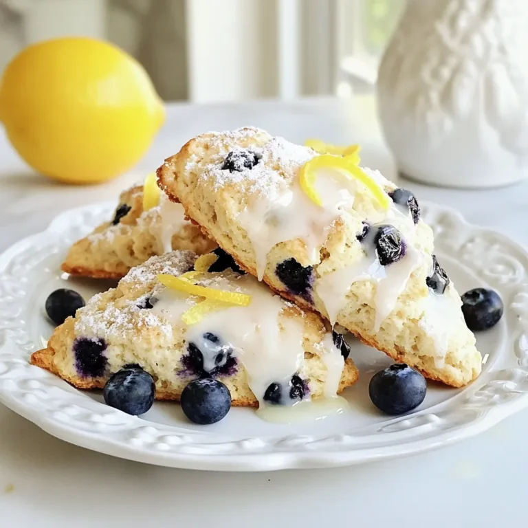 - 2 cups all-purpose flour - 1/3 cup granulated sugar - 1 tablespoon baking powder - 1/2 teaspoon salt - 1/2 cup cold unsalted butter, cubed - 1 cup fresh blueberries (or frozen, if out of season) - Zest of 1 lemon - 1/4 cup heavy cream - 1 large egg - 1 teaspoon vanilla extract - 1 tablespoon lemon juice - Extra sugar for sprinkling on top These ingredients bring bright flavor and texture to the scones. The all-purpose flour provides a sturdy base, while the sugar adds sweetness. Baking powder helps them rise, and salt boosts flavor. Cold butter creates a flaky texture when mixed in. Fresh blueberries offer juicy bursts, and lemon zest gives a zesty kick. Cream, egg, and vanilla bind the dough and add richness. Lastly, lemon juice brightens the flavor. You can use several substitutes if you lack an ingredient. For flour, consider whole wheat flour for a nuttier taste. Coconut sugar can replace granulated sugar for a hint of caramel flavor. Baking soda can work instead of baking powder, just add an acid like vinegar too. If you don’t have unsalted butter, any butter can work, but reduce added salt. Frozen blueberries are fine, but fresh ones shine best. You can swap heavy cream with milk or a plant-based option for a lighter scone. Each scone serves as a delightful treat. They contain about 220 calories, with 9 grams of fat and 30 grams of carbs. Each scone also has around 1 gram of fiber and 3 grams of protein. This makes them a tasty snack, but enjoy in moderation. If you want to make them healthier, use less sugar or substitute some butter with applesauce. {{ingredient_image_1}} Making lemon blueberry scones is simple and fun. You will need just a few ingredients and about 40 minutes. Gather everything before you start. Preheat your oven to 375°F (190°C). Line a baking sheet with parchment paper. This keeps the scones from sticking. 1. In a big bowl, whisk together: - 2 cups all-purpose flour - 1/3 cup granulated sugar - 1 tablespoon baking powder - 1/2 teaspoon salt 2. Next, add 1/2 cup cold, cubed unsalted butter. Use your fingers or a pastry cutter to mix until it looks like coarse crumbs. 3. Gently fold in 1 cup fresh blueberries and the zest of 1 lemon. Be careful not to squish the berries. 4. In another bowl, mix: - 1/4 cup heavy cream - 1 large egg - 1 teaspoon vanilla extract - 1 tablespoon lemon juice 5. Pour the wet mix into the dry mix. Stir gently until just combined. It’s okay if the dough is a little sticky. 6. Turn the dough onto a floured surface. Knead it a couple of times, then shape it into a circle about 1-inch thick. 7. Cut the dough into wedges like a pizza. Place them on the baking sheet. 8. Brush the tops with a bit of cream and sprinkle extra sugar on top for a crunchy finish. 9. Bake for 20-25 minutes until golden brown. 10. Let the scones cool on the sheet for a few minutes. Then, move them to a wire rack. - Use cold butter. This helps create flaky scones. - Don’t overmix the dough. A few lumps are okay. - If using frozen blueberries, do not thaw them. This keeps the dough from turning blue. - For a fun twist, serve warm with a drizzle of lemon glaze made from powdered sugar and lemon juice. These tips will help you make tasty lemon blueberry scones every time! To bake perfect lemon blueberry scones, follow these key steps: - Use cold butter: Cold butter makes the scones flaky. Cube it and keep it cold until mixing. - Do not overmix: Mix just until combined to keep the scones light and airy. - Chill the dough: If you have time, chill the dough for 30 minutes. This helps the flavors blend. You can elevate your scones with these flavor tips: - Add herbs: Try adding fresh rosemary or thyme for a savory twist. - Use lemon glaze: Drizzle a lemon glaze for extra sweetness and zing. Mix powdered sugar with lemon juice for this. - Mix in nuts: Chopped pecans or almonds add crunch and depth to the flavor. Watch out for these common errors: - Using stale ingredients: Always check the freshness of baking powder and flour. Old ingredients can ruin your scones. - Skipping the sugar on top: Sprinkling sugar on top gives a nice crunch. Don’t forget this step! - Not checking the oven temperature: An oven thermometer helps ensure accurate baking. A too-hot oven can burn the scones. By keeping these tips in mind, you can create delightful lemon blueberry scones that everyone will love! Pro Tips Use Cold Butter: Ensure your butter is very cold to create flaky scones. You can even freeze it for a few minutes before using. Don't Overmix: Mix the dough just until combined. Overmixing can lead to tough scones, so it's okay if some dry flour remains. Chill the Dough: For extra fluffy scones, chill the shaped dough in the fridge for 15-30 minutes before baking. Experiment with Add-ins: Feel free to add other ingredients like nuts, different berries, or even a touch of almond extract for variety. {{image_2}} You can make lemon blueberry scones even more exciting. Try adding chopped nuts, like pecans or walnuts, for a crunchy texture. If you love chocolate, fold in some dark chocolate chips. For more flavor, add a pinch of cinnamon or nutmeg. You can also replace blueberries with raspberries or strawberries for a fruity twist. Each change adds a unique taste to your scones. If you need a gluten-free choice, use a gluten-free flour blend. Make sure it has a binding agent, like xanthan gum, to help your scones hold together. You can also add a bit more baking powder to give them a nice rise. The taste will still be yummy, and you won't miss the gluten. Seasonal flavors can change the whole vibe of your scones. In spring, try adding fresh strawberries and mint for a refreshing taste. In fall, use pumpkin spice and cranberries for a cozy feel. For winter, mix in orange zest and dried fruits for a warm, festive treat. These variations keep your scones fun and fitting for any time of year! After enjoying your lemon blueberry scones, store any leftovers in an airtight container. Keep them at room temperature for up to two days. If you want to keep them fresh longer, you should place them in the fridge. They can last up to a week that way. Just remember to let them cool completely before sealing them in the container. To enjoy your leftover scones warm, preheat your oven to 350°F (175°C). Place the scones on a baking sheet. Heat them for about 5 to 10 minutes. This method makes them warm and fresh again. You can also use a microwave. Place a scone on a microwave-safe plate. Heat it for 10 to 15 seconds. This works well but may make them a bit soft. If you want to save your scones for later, freezing is a great option. First, let the scones cool fully. Then, wrap each scone in plastic wrap. Place the wrapped scones in a freezer bag or container. They can stay fresh in the freezer for up to three months. When you want one, just take it out and reheat it directly from the freezer. You can tell scones are done by their color and texture. They should be golden brown on top. When you tap the bottom, it should sound hollow. The edges will feel firm to the touch. If they are soft and pale, they need more time. Typically, they bake for 20 to 25 minutes. Keep an eye on them to avoid overbaking. Yes, you can use frozen blueberries! They work well in this recipe. Just be sure to add them straight from the freezer. Do not thaw them first. This helps keep the scones from turning blue. Frozen blueberries can add a nice burst of flavor too. They make this recipe easy any time of year. Serve lemon blueberry scones warm for the best taste. Drizzle a lemon glaze on top for extra sweetness. To make the glaze, mix powdered sugar with lemon juice. You can also add a slice of lemon on the side. This adds zest and looks great on the plate. Enjoy them with tea or coffee for a delightful treat! In this post, I shared a complete guide to making scones. We explored key ingredients and helpful substitutions. You learned the steps to prepare, bake, and perfect your scones. We covered tips to enhance flavor and avoid common mistakes. Plus, I provided variations for every season and storage tips for leftovers. Embrace these tips, and enjoy baking delicious scones your friends and family will love. Happy baking!