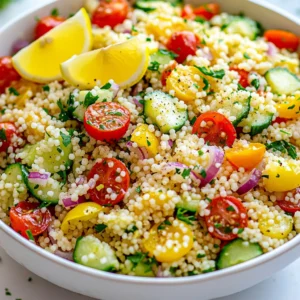 For this zesty salad, gather these fresh ingredients: - 1 cup couscous - 1 ½ cups vegetable broth - 2 tablespoons olive oil - 2 cloves garlic, minced - 1 lemon (zest and juice) - 1 cup cherry tomatoes, halved - 1 cucumber, diced - ½ red onion, finely chopped - ¼ cup parsley, chopped - Salt and pepper to taste - 1 teaspoon cumin (optional) If you can’t find couscous, use quinoa or rice. For a gluten-free option, quinoa works well. You can swap vegetable broth with water for a lighter taste. Instead of cherry tomatoes, use diced bell peppers or even roasted veggies. If you don’t have fresh garlic, garlic powder can work too. Fresh herbs like basil or mint can replace parsley for a different flavor. One serving of Lemon Garlic Couscous Salad has about: - Calories: 180 - Protein: 4g - Fat: 7g - Carbohydrates: 28g - Fiber: 3g - Sugars: 2g This salad is a tasty and healthy choice. It provides a good balance of carbs and healthy fats. Plus, it offers vitamins from the veggies and herbs. Enjoy this dish as a light meal or side! {{ingredient_image_1}} To start, bring 1 ½ cups of vegetable broth to a boil in a saucepan. Once it boils, take it off the heat. Stir in 1 cup of couscous and cover the pot. Let it sit for about 5 minutes. This will let the couscous soak up all the broth. After 5 minutes, fluff it with a fork and move it to a large bowl. It should cool to room temperature before you mix in the other ingredients. Next, grab a small skillet and heat 2 tablespoons of olive oil over medium heat. Add 2 cloves of minced garlic to the pan. Sauté the garlic for about 1 minute until it smells nice. Be careful not to let it brown, as burnt garlic can taste bitter. Once fragrant, take it off the heat and pour it into the bowl with the cooled couscous. Now, add the zest and juice of 1 lemon to the bowl. Mix everything well. Then, fold in 1 cup of halved cherry tomatoes, 1 diced cucumber, ½ finely chopped red onion, and ¼ cup of chopped parsley. If you like, you can add 1 teaspoon of cumin for extra flavor. When mixing, be gentle. You want to keep the couscous fluffy. After mixing, taste the salad. Add salt and pepper to your liking. If the salad needs more zing, add a bit more lemon juice. Chill it in the fridge for at least 30 minutes. This wait lets the flavors blend together, making your salad even more delicious. To make fluffy couscous, use the right liquid ratio. I recommend 1 cup of couscous to 1.5 cups of broth. Bring the broth to a boil, then remove it from heat. Stir in the couscous and cover it. Let it sit for about 5 minutes. This allows the couscous to absorb all the liquid. After it sits, fluff it with a fork. This step is key for a light texture. Brighten the salad with fresh lemon juice and zest. I love adding lemon for a zesty kick. Minced garlic adds depth, so sauté it gently. A hint of cumin can bring warmth and earthiness. Don't forget to season with salt and pepper. Taste as you go. Adjust the flavors to suit your palate. Fresh herbs like parsley add color and freshness. Avoid overcooking the garlic. It should be fragrant but not brown. Overcooked garlic can taste bitter. Make sure the couscous cools completely before mixing. If it’s warm, it can wilt the fresh veggies. Lastly, don’t skimp on seasoning. Taste is everything, so season well. Pro Tips Use Fresh Ingredients: Fresh tomatoes, cucumbers, and herbs will elevate the flavor of your salad. Opt for organic produce when possible for the best taste. Chill for Flavor: Allowing the salad to chill in the refrigerator for at least 30 minutes enhances the flavors, making it more refreshing and delicious. Customize Your Greens: Feel free to add other vegetables like bell peppers or spinach for extra color and nutrients. This salad is versatile! Adjust Acidity: If you prefer a tangier salad, add more lemon juice to taste. Adjusting acidity can brighten the dish and make it even more enjoyable. {{image_2}} You can easily make this salad vegetarian or vegan. The base of couscous and veggies is already plant-based. To ensure a hearty meal, add more vegetables. Consider using bell peppers or shredded carrots. You can also mix in some avocado for creaminess. For extra protein, chickpeas are a great choice. They add a nice texture and flavor. Simply rinse and drain a can of chickpeas, then fold them into the salad. If you prefer meat, grilled chicken works well too. Cut it into bite-sized pieces and mix it in. Seasonal swaps keep the salad fresh and exciting. In spring, try adding peas or asparagus. In summer, zucchini or corn can brighten the dish. Fall offers great options like roasted butternut squash. Winter can bring in hearty greens like kale or spinach. Mix and match based on what’s fresh! To keep your Lemon Garlic Couscous Salad fresh, store it in an airtight container. Make sure to cool it to room temperature before sealing. This helps to prevent condensation, which can make the salad soggy. Use a glass or plastic container that closes tightly. If you want to keep flavors bright, try to eat the salad within a couple of days. When stored correctly, this salad lasts about 3 to 5 days in the fridge. After that, the freshness and taste may decline. Always check for signs of spoilage, like an off smell or visible mold, before eating. If you notice any changes, it’s best to toss it. Freezing is not the best option for this salad. The couscous and fresh veggies do not freeze well. If you want to save it, consider freezing the couscous separately. Cooked couscous can last in the freezer for about a month. Just thaw it in the fridge overnight before using it in another dish. Yes, you can make this salad ahead of time. It tastes even better after resting. I suggest making it a few hours before serving. Just chill it in the fridge. The flavors mix well when they sit together. This salad goes well with many dishes. You can serve it with grilled chicken or fish. It also pairs nicely with roasted veggies or a light soup. Try it alongside a fresh pita or hummus for a complete meal. To reduce acidity, add a pinch of sugar or honey. You can also use less lemon juice. Another way is to add more vegetables. Try adding diced avocado or extra cucumber for a milder taste. No, this salad is not gluten-free. Couscous is made from wheat. If you need a gluten-free option, use quinoa or rice instead. Both will give you a similar texture and taste. Lemon Garlic Couscous Salad is easy to make and tasty. We covered ingredients, how to cook couscous, and tips for perfecting the dish. You can swap ingredients for fun variations, add protein, or try seasonal flavors. Remember to store leftovers properly for the best taste. This salad is flexible and suits many diets. Enjoy creating your version of this bright dish. Take these ideas and make a meal you love!