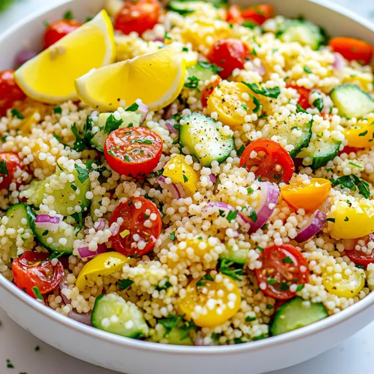 For this zesty salad, gather these fresh ingredients: - 1 cup couscous - 1 ½ cups vegetable broth - 2 tablespoons olive oil - 2 cloves garlic, minced - 1 lemon (zest and juice) - 1 cup cherry tomatoes, halved - 1 cucumber, diced - ½ red onion, finely chopped - ¼ cup parsley, chopped - Salt and pepper to taste - 1 teaspoon cumin (optional) If you can’t find couscous, use quinoa or rice. For a gluten-free option, quinoa works well. You can swap vegetable broth with water for a lighter taste. Instead of cherry tomatoes, use diced bell peppers or even roasted veggies. If you don’t have fresh garlic, garlic powder can work too. Fresh herbs like basil or mint can replace parsley for a different flavor. One serving of Lemon Garlic Couscous Salad has about: - Calories: 180 - Protein: 4g - Fat: 7g - Carbohydrates: 28g - Fiber: 3g - Sugars: 2g This salad is a tasty and healthy choice. It provides a good balance of carbs and healthy fats. Plus, it offers vitamins from the veggies and herbs. Enjoy this dish as a light meal or side! {{ingredient_image_1}} To start, bring 1 ½ cups of vegetable broth to a boil in a saucepan. Once it boils, take it off the heat. Stir in 1 cup of couscous and cover the pot. Let it sit for about 5 minutes. This will let the couscous soak up all the broth. After 5 minutes, fluff it with a fork and move it to a large bowl. It should cool to room temperature before you mix in the other ingredients. Next, grab a small skillet and heat 2 tablespoons of olive oil over medium heat. Add 2 cloves of minced garlic to the pan. Sauté the garlic for about 1 minute until it smells nice. Be careful not to let it brown, as burnt garlic can taste bitter. Once fragrant, take it off the heat and pour it into the bowl with the cooled couscous. Now, add the zest and juice of 1 lemon to the bowl. Mix everything well. Then, fold in 1 cup of halved cherry tomatoes, 1 diced cucumber, ½ finely chopped red onion, and ¼ cup of chopped parsley. If you like, you can add 1 teaspoon of cumin for extra flavor. When mixing, be gentle. You want to keep the couscous fluffy. After mixing, taste the salad. Add salt and pepper to your liking. If the salad needs more zing, add a bit more lemon juice. Chill it in the fridge for at least 30 minutes. This wait lets the flavors blend together, making your salad even more delicious. To make fluffy couscous, use the right liquid ratio. I recommend 1 cup of couscous to 1.5 cups of broth. Bring the broth to a boil, then remove it from heat. Stir in the couscous and cover it. Let it sit for about 5 minutes. This allows the couscous to absorb all the liquid. After it sits, fluff it with a fork. This step is key for a light texture. Brighten the salad with fresh lemon juice and zest. I love adding lemon for a zesty kick. Minced garlic adds depth, so sauté it gently. A hint of cumin can bring warmth and earthiness. Don't forget to season with salt and pepper. Taste as you go. Adjust the flavors to suit your palate. Fresh herbs like parsley add color and freshness. Avoid overcooking the garlic. It should be fragrant but not brown. Overcooked garlic can taste bitter. Make sure the couscous cools completely before mixing. If it’s warm, it can wilt the fresh veggies. Lastly, don’t skimp on seasoning. Taste is everything, so season well. Pro Tips Use Fresh Ingredients: Fresh tomatoes, cucumbers, and herbs will elevate the flavor of your salad. Opt for organic produce when possible for the best taste. Chill for Flavor: Allowing the salad to chill in the refrigerator for at least 30 minutes enhances the flavors, making it more refreshing and delicious. Customize Your Greens: Feel free to add other vegetables like bell peppers or spinach for extra color and nutrients. This salad is versatile! Adjust Acidity: If you prefer a tangier salad, add more lemon juice to taste. Adjusting acidity can brighten the dish and make it even more enjoyable. {{image_2}} You can easily make this salad vegetarian or vegan. The base of couscous and veggies is already plant-based. To ensure a hearty meal, add more vegetables. Consider using bell peppers or shredded carrots. You can also mix in some avocado for creaminess. For extra protein, chickpeas are a great choice. They add a nice texture and flavor. Simply rinse and drain a can of chickpeas, then fold them into the salad. If you prefer meat, grilled chicken works well too. Cut it into bite-sized pieces and mix it in. Seasonal swaps keep the salad fresh and exciting. In spring, try adding peas or asparagus. In summer, zucchini or corn can brighten the dish. Fall offers great options like roasted butternut squash. Winter can bring in hearty greens like kale or spinach. Mix and match based on what’s fresh! To keep your Lemon Garlic Couscous Salad fresh, store it in an airtight container. Make sure to cool it to room temperature before sealing. This helps to prevent condensation, which can make the salad soggy. Use a glass or plastic container that closes tightly. If you want to keep flavors bright, try to eat the salad within a couple of days. When stored correctly, this salad lasts about 3 to 5 days in the fridge. After that, the freshness and taste may decline. Always check for signs of spoilage, like an off smell or visible mold, before eating. If you notice any changes, it’s best to toss it. Freezing is not the best option for this salad. The couscous and fresh veggies do not freeze well. If you want to save it, consider freezing the couscous separately. Cooked couscous can last in the freezer for about a month. Just thaw it in the fridge overnight before using it in another dish. Yes, you can make this salad ahead of time. It tastes even better after resting. I suggest making it a few hours before serving. Just chill it in the fridge. The flavors mix well when they sit together. This salad goes well with many dishes. You can serve it with grilled chicken or fish. It also pairs nicely with roasted veggies or a light soup. Try it alongside a fresh pita or hummus for a complete meal. To reduce acidity, add a pinch of sugar or honey. You can also use less lemon juice. Another way is to add more vegetables. Try adding diced avocado or extra cucumber for a milder taste. No, this salad is not gluten-free. Couscous is made from wheat. If you need a gluten-free option, use quinoa or rice instead. Both will give you a similar texture and taste. Lemon Garlic Couscous Salad is easy to make and tasty. We covered ingredients, how to cook couscous, and tips for perfecting the dish. You can swap ingredients for fun variations, add protein, or try seasonal flavors. Remember to store leftovers properly for the best taste. This salad is flexible and suits many diets. Enjoy creating your version of this bright dish. Take these ideas and make a meal you love!