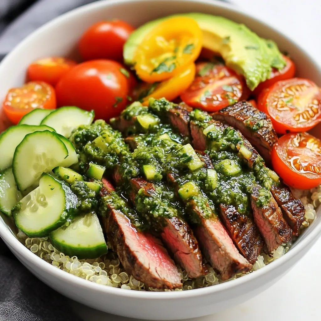 - 1 lb flank steak, trimmed - 1 cup cooked quinoa (or rice) - 1 cup cherry tomatoes, halved - 1 cup cucumber, diced - 1 avocado, sliced - 2 tablespoons olive oil - 1 teaspoon salt - 1 teaspoon black pepper - 2 garlic cloves, minced - 1/2 teaspoon red pepper flakes - 1/4 cup red wine vinegar (use apple cider vinegar) - 1/4 cup chopped fresh cilantro - 1/4 cup chopped fresh parsley - 2 garlic cloves, minced - 1/2 teaspoon red pepper flakes - Salt and pepper to taste - 1/4 cup red wine vinegar (substitute with apple cider vinegar) In this dish, the flank steak is the star. The marinade gives it a bold flavor. You coat the steak with olive oil, salt, pepper, garlic, red pepper flakes, and vinegar. Let it sit for at least 30 minutes. This helps the flavors soak in. Next, the chimichurri sauce brings freshness. It mixes cilantro, parsley, garlic, red pepper flakes, salt, and vinegar. This sauce adds a bright taste. You drizzle it over the bowl right before serving. The bowl itself is colorful and healthy. It uses cooked quinoa or rice as a base. Then, you add juicy cherry tomatoes, crunchy cucumber, and creamy avocado. Together, these ingredients create a delightful meal. These fresh flavors and simple steps make Chimichurri Steak Bowls a must-try. Enjoy crafting this dish! {{ingredient_image_1}} To start, you need to marinate the flank steak. In a bowl, mix together 2 tablespoons of olive oil, 1 teaspoon of salt, 1 teaspoon of black pepper, and 2 minced garlic cloves. Add 1/2 teaspoon of red pepper flakes and 1/4 cup of apple cider vinegar to the mix. Coat the steak well in this marinade. Let it sit for at least 30 minutes. If you have time, letting it sit overnight gives it more flavor. While the steak marinates, you can make the chimichurri sauce. In a separate bowl, combine 1/4 cup of chopped fresh cilantro, 1/4 cup of chopped fresh parsley, 2 minced garlic cloves, and 1/2 teaspoon of red pepper flakes. Add 1/4 cup of apple cider vinegar and a pinch of salt and pepper to taste. Mix well, and set this aside. This sauce packs a lot of flavor. Next, it’s time to cook the steak. Heat a grill pan over medium-high heat. Remove the steak from the marinade, allowing any excess to drip off. Cook the steak for about 5-7 minutes on each side for medium-rare. Adjust the time based on how you like your steak. After cooking, let it rest for 5 minutes. This helps keep it juicy. Cut the steak against the grain into thin slices. Now, you can build your bowl. Start with 1 cup of cooked quinoa or rice as the base. Add the sliced steak on top. Then, layer in 1 cup of halved cherry tomatoes, 1 cup of diced cucumber, and 1 sliced avocado. This creates a colorful and fresh look. To finish, drizzle the chimichurri sauce generously over the bowl. Squeeze fresh lime juice on top for a zesty kick. This adds brightness to the dish. Enjoy your Chimichurri Steak Bowl while it is still warm! Each bite combines the flavors perfectly. To cook your steak just right, start with a good marinade. I mix olive oil, salt, pepper, garlic, and red pepper flakes to add depth. Let it marinate for at least 30 minutes. For best results, let it sit overnight. This allows the flavors to soak in. When cooking, use a grill pan over medium-high heat. Make sure to let the steak rest after cooking. This helps keep it juicy. Slice the steak against the grain for tender bites. Chimichurri sauce is so versatile! You can adjust the herbs to fit your taste. If you prefer a stronger flavor, add more garlic or red pepper flakes. Like it fresh? Toss in more cilantro or parsley. Don’t forget the vinegar! This adds a nice tang. If you want a fruitier flavor, try using lime juice instead of vinegar. Experiment and find your perfect mix! Meal prepping with Chimichurri Steak Bowls is easy. Cook a large batch of quinoa or rice at the start of your week. Store it in the fridge. You can marinate the steak ahead of time too. Just keep it sealed tight in the fridge. When you’re ready to eat, cook the steak fresh. This keeps your meal flavorful. Chop your veggies early. Store them in airtight containers. This saves time when you’re hungry. Enjoy your bowls fresh and vibrant each day! Pro Tips Rest the Steak: Allowing the steak to rest after cooking helps retain its juices, making it more tender and flavorful when sliced. Customize the Chimichurri: Feel free to add other herbs like oregano or mint for a unique twist on the classic chimichurri sauce. Quinoa Cooking Tip: Rinse quinoa before cooking to remove any bitterness and enhance its nutty flavor. Perfect Avocado: To pick a ripe avocado, gently squeeze it; it should yield slightly to pressure. Avoid avocados with dark spots or mushy texture. {{image_2}} If you want to change the base of your bowl, you have many options. You can use cauliflower rice for a low-carb choice. Brown rice is a hearty substitute that adds fiber. Couscous can work too, giving a light texture. Each option brings a unique taste and can change the meal's feel. Try them out to find your favorite! Adding more veggies can boost flavor and nutrition. Try bell peppers for a sweet crunch. Zucchini adds moisture and a mild taste. Roasted corn brings a nice sweetness and color. You can also use shredded carrots for a bit of crunch. Mix and match to create your ideal bowl! Not everyone loves flank steak, and that’s okay! Chicken breast is a great swap if you want a lighter protein. Grilled shrimp works well too, adding a seafood twist. For a plant-based option, try chickpeas or grilled tofu. Each protein brings a new flavor and texture to your bowl. Store your Chimichurri Steak Bowls in an airtight container. Keep them in the fridge. They stay fresh for up to three days. If you want to keep it longer, separate the components. Store the steak, veggies, and sauce in different containers. This way, they stay fresh longer. To reheat your steak bowl, use the microwave. Heat it on medium power for one to two minutes. Stir the bowl halfway to make sure it warms evenly. You can also reheat on the stove. Just add a little oil to a pan and warm it over low heat. This keeps the steak juicy and the veggies crisp. You can freeze chimichurri sauce for up to three months. Pour the sauce into ice cube trays. Once frozen, pop them out and store in a freezer bag. When you need chimichurri, just grab a cube. Let it thaw in the fridge or use it straight from the freezer in your dish. Chimichurri sauce is a fresh sauce from Argentina. It is made with herbs, garlic, vinegar, and oil. You can use it on grilled meats, especially steak. The bright green color comes from parsley and cilantro. This sauce adds a zesty flavor to dishes, making them taste vibrant and fresh. Yes, you can use other cuts of steak. Sirloin, ribeye, or skirt steak work well. Choose a cut that is tender. Each cut will give a different flavor and texture. Adjust cooking time based on the thickness of the steak. Just remember to marinate it well for the best taste. To change the spice level, add or reduce red pepper flakes. For a milder taste, use less or none at all. If you like it hot, add more. You can also try adding chopped jalapeños for heat. Taste as you go to find your perfect balance. Chimichurri Steak Bowls go well with many sides. Here are some great options: - Grilled vegetables like zucchini or bell peppers - A fresh green salad with light dressing - Roasted potatoes or sweet potatoes - Garlic bread for a tasty touch These sides enhance the meal and bring out the flavors of the chimichurri sauce. You learned how to make delicious Chimichurri Steak Bowls. We covered all the key ingredients. You saw how to marinate the steak and prepare the sauce. Cooking tips help you get the perfect steak. I shared ways to customize your bowl and store leftovers. Enjoy creating your own tasty meals. This recipe brings great flavors to your table. Try it and share your results!