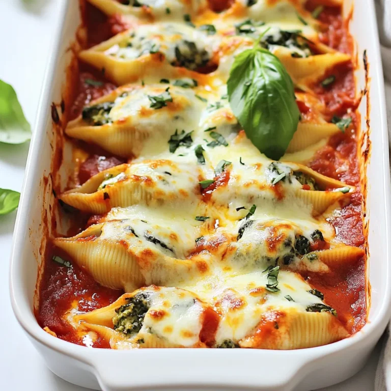 Here is everything you need for the spinach ricotta stuffed shells: - 20-24 jumbo pasta shells - 2 cups ricotta cheese - 1 cup fresh spinach, chopped - 1 cup mozzarella cheese, shredded (plus extra for topping) - 1/2 cup grated Parmesan cheese - 1 large egg - 1 teaspoon garlic powder - 1 teaspoon onion powder - 1 teaspoon Italian seasoning - Salt and pepper to taste - 3 cups marinara sauce - Fresh basil leaves for garnish Each ingredient plays a key role in flavor and texture. Jumbo pasta shells are perfect for holding the filling. Ricotta cheese gives creaminess. Fresh spinach adds color and nutrients. Mozzarella and Parmesan provide a rich, cheesy taste. The egg helps bind the filling. Garlic powder and onion powder bring depth. Italian seasoning adds warmth. Salt and pepper enhance all the flavors. Marinara sauce ties everything together, while basil adds a fresh touch. With these ingredients, you'll create a dish that feels both comforting and gourmet. {{ingredient_image_1}} First, fill a large pot with water. Add salt to the water. Bring it to a boil. Once boiling, add the jumbo pasta shells. Cook them until they are al dente, following the package's time. This is usually around 8-10 minutes. After cooking, drain the shells in a colander. Let them cool for a few minutes. In a big bowl, mix the ricotta cheese with fresh spinach. Add shredded mozzarella cheese and grated Parmesan cheese. Then, crack in one large egg. Next, add garlic powder, onion powder, Italian seasoning, salt, and pepper. Stir everything until it is well combined. The mixture should be creamy and a bit thick. Spread one cup of marinara sauce evenly in a 9x13 inch baking dish. Take each cooled pasta shell and fill it with a generous tablespoon of the ricotta-spinach mixture. Place the filled shells in the baking dish. Once all shells are filled, pour the rest of the marinara sauce over them. Sprinkle extra mozzarella cheese on top. Cover the dish with aluminum foil and bake at 375°F for 25 minutes. After that, remove the foil and bake for an extra 15 minutes. The cheese should be bubbly and golden. Let it cool for a few minutes before serving, and add fresh basil leaves for a nice touch. To cook pasta shells well, boil water with salt. Add the shells and stir. Cook them until they are al dente, which means firm but not hard. This usually takes about 9 to 11 minutes. Drain the shells gently in a colander and cool them under cold water. This step stops the cooking. Make sure they don’t stick together. You can change the filling to suit your taste. For a meaty version, add cooked ground beef or sausage. If you like more veggies, try mushrooms or zucchini. For a spicy kick, add red pepper flakes or some diced jalapeños. You can also swap out ricotta for cottage cheese for a lighter option. Marinara sauce can make or break your dish. You can use store-bought sauce for ease. Look for one with no added sugars. If you want to make it at home, use crushed tomatoes, garlic, and herbs. A fresh basil or oregano sprig will add great flavor. For a twist, try a vodka sauce or a creamy Alfredo instead. Pro Tips Use Fresh Spinach: For the best flavor and texture, opt for fresh spinach instead of frozen. Fresh spinach will give your filling a vibrant taste and color. Prevent Shells from Sticking: After boiling, toss the pasta shells lightly in olive oil. This prevents them from sticking together while you fill them. Experiment with Cheese: Feel free to mix in different cheeses like feta or goat cheese for a unique twist on the classic ricotta filling. Let it Rest: After baking, allow the dish to rest for about 5-10 minutes before serving. This helps the filling set and makes it easier to serve. {{image_2}} You can boost the flavor of your spinach ricotta stuffed shells by adding protein. Cooked chicken, sausage, or even ground turkey work well. Simply shred or chop your protein of choice and mix it into the cheese and spinach filling. This adds heartiness and makes the dish more filling. For chicken, use cooked, shredded rotisserie chicken. For sausage, remove the casing and brown it in a pan before adding. If you want to keep the dish vegetarian, there are many options. You can replace meat with mushrooms or zucchini. Chop them finely and sauté them before adding them to the filling. Artichoke hearts and sun-dried tomatoes are also great choices. They add unique flavors to the dish and keep it exciting. Mix any of these ingredients into your cheese blend for added taste and texture. For a gluten-free version, use gluten-free jumbo pasta shells. Many brands now offer these, and they cook just like regular shells. Always check the package for cooking times. You can also use zucchini or eggplant slices as a low-carb alternative. Slice them thinly and roast them briefly before filling. This gives you a delicious and healthy option while keeping the flavors intact. To store your leftover spinach ricotta stuffed shells, first let them cool. Then, place them in an airtight container. You can keep them in the fridge for up to three days. If you want them to last longer, freezing is a great option. When you're ready to enjoy your leftovers, take them out of the fridge. Preheat your oven to 350°F (175°C). Place the stuffed shells in an oven-safe dish. Add a little marinara sauce on top to keep them moist. Cover the dish with foil and heat for about 20 minutes. Remove the foil and let them bake for another 5–10 minutes. To freeze your stuffed shells, follow these steps. First, let them cool completely. Then, arrange them in a single layer on a baking sheet. Freeze them for about one hour. Once frozen, transfer the shells to a freezer-safe bag or container. They can last in the freezer for up to three months. When you want to eat them, thaw in the fridge overnight before reheating. Yes, you can make these stuffed shells ahead of time. Prepare the shells and assemble them in the baking dish. Cover the dish tightly with foil and store it in the fridge. You can bake them the next day. Just add a few extra minutes to the baking time if they are cold. If you cannot find ricotta cheese, you have a few options. You can use cottage cheese as a substitute. Just blend it to make it smooth. Cream cheese also works well for a rich flavor. For a dairy-free version, try tofu blended with nutritional yeast and a bit of lemon juice. To check if the shells are fully cooked, look for a few signs. The shells should be tender and slightly firm when you bite them. If they feel hard or chewy, they need more time. Always follow the package instructions while cooking to get the best results. Yes, you can freeze these stuffed shells. After assembling them, cover them well with foil or plastic wrap. Store them in a freezer-safe dish. They can last for up to three months. When you're ready, thaw them overnight in the fridge before baking. For stuffed shells, a thick marinara sauce works best. It clings to the shells and adds flavor. You can use store-bought or homemade sauce. For extra taste, consider adding herbs like basil or oregano to your sauce before baking. If you want to add some heat, you can mix crushed red pepper flakes into the ricotta mixture. You can also use a spicy marinara sauce or add diced jalapeños. Just remember to balance the spice with the other flavors. Yes! You can add cooked ground beef, sausage, or chicken to the filling. Just make sure the meat is well-seasoned. Mix it into the ricotta and spinach mixture for a hearty version of the dish. For the topping, mozzarella is the classic choice. However, you can mix in provolone or fontina for a different flavor. A sprinkle of grated Parmesan on top adds a nice finish, too. This blog covered how to make delicious spinach ricotta stuffed shells. You learned about the ingredients, step-by-step prep, and baking instructions. I also shared tips for perfect pasta and filling variations. You can store leftovers easily and even freeze them for later. Remember, these stuffed shells are simple to make and tasty for any meal. Try them your way, and enjoy a comforting dish!