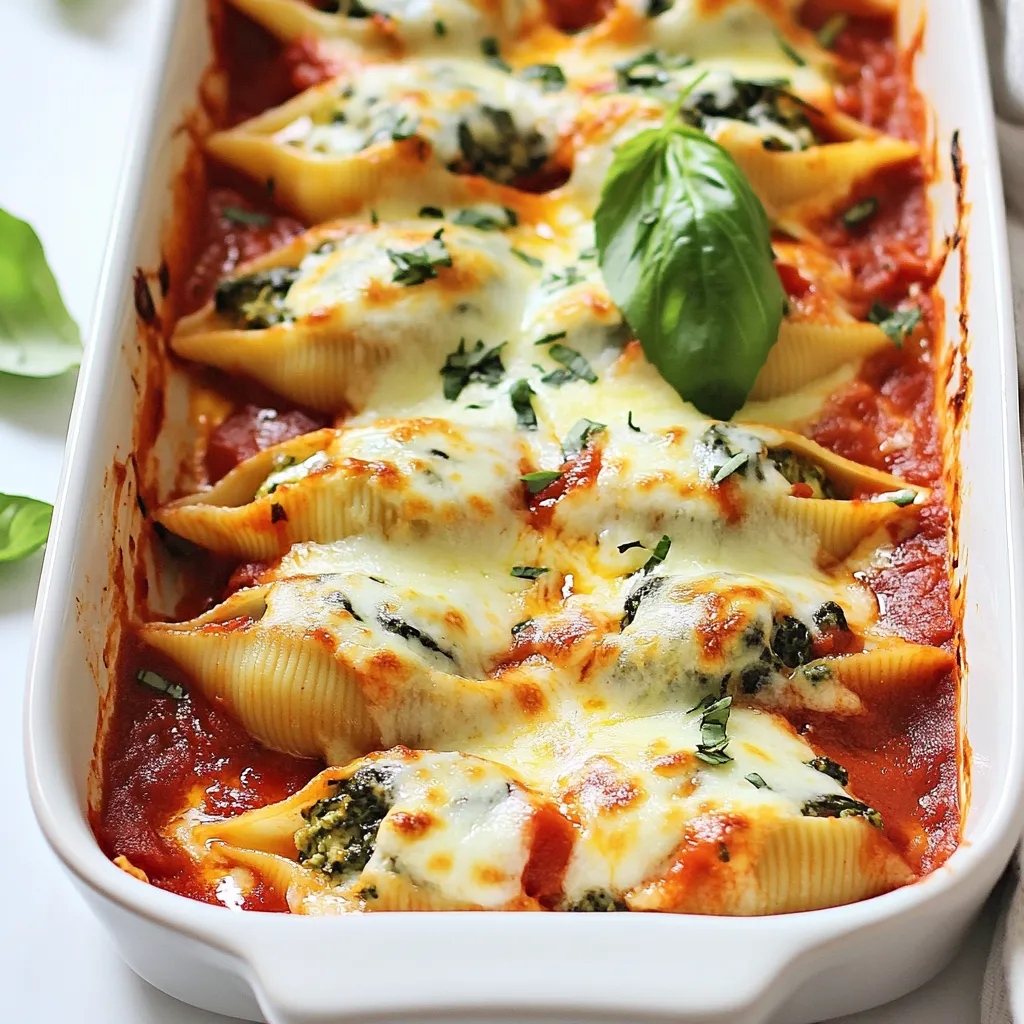 Here is everything you need for the spinach ricotta stuffed shells: - 20-24 jumbo pasta shells - 2 cups ricotta cheese - 1 cup fresh spinach, chopped - 1 cup mozzarella cheese, shredded (plus extra for topping) - 1/2 cup grated Parmesan cheese - 1 large egg - 1 teaspoon garlic powder - 1 teaspoon onion powder - 1 teaspoon Italian seasoning - Salt and pepper to taste - 3 cups marinara sauce - Fresh basil leaves for garnish Each ingredient plays a key role in flavor and texture. Jumbo pasta shells are perfect for holding the filling. Ricotta cheese gives creaminess. Fresh spinach adds color and nutrients. Mozzarella and Parmesan provide a rich, cheesy taste. The egg helps bind the filling. Garlic powder and onion powder bring depth. Italian seasoning adds warmth. Salt and pepper enhance all the flavors. Marinara sauce ties everything together, while basil adds a fresh touch. With these ingredients, you'll create a dish that feels both comforting and gourmet. {{ingredient_image_1}} First, fill a large pot with water. Add salt to the water. Bring it to a boil. Once boiling, add the jumbo pasta shells. Cook them until they are al dente, following the package's time. This is usually around 8-10 minutes. After cooking, drain the shells in a colander. Let them cool for a few minutes. In a big bowl, mix the ricotta cheese with fresh spinach. Add shredded mozzarella cheese and grated Parmesan cheese. Then, crack in one large egg. Next, add garlic powder, onion powder, Italian seasoning, salt, and pepper. Stir everything until it is well combined. The mixture should be creamy and a bit thick. Spread one cup of marinara sauce evenly in a 9x13 inch baking dish. Take each cooled pasta shell and fill it with a generous tablespoon of the ricotta-spinach mixture. Place the filled shells in the baking dish. Once all shells are filled, pour the rest of the marinara sauce over them. Sprinkle extra mozzarella cheese on top. Cover the dish with aluminum foil and bake at 375°F for 25 minutes. After that, remove the foil and bake for an extra 15 minutes. The cheese should be bubbly and golden. Let it cool for a few minutes before serving, and add fresh basil leaves for a nice touch. To cook pasta shells well, boil water with salt. Add the shells and stir. Cook them until they are al dente, which means firm but not hard. This usually takes about 9 to 11 minutes. Drain the shells gently in a colander and cool them under cold water. This step stops the cooking. Make sure they don’t stick together. You can change the filling to suit your taste. For a meaty version, add cooked ground beef or sausage. If you like more veggies, try mushrooms or zucchini. For a spicy kick, add red pepper flakes or some diced jalapeños. You can also swap out ricotta for cottage cheese for a lighter option. Marinara sauce can make or break your dish. You can use store-bought sauce for ease. Look for one with no added sugars. If you want to make it at home, use crushed tomatoes, garlic, and herbs. A fresh basil or oregano sprig will add great flavor. For a twist, try a vodka sauce or a creamy Alfredo instead. Pro Tips Use Fresh Spinach: For the best flavor and texture, opt for fresh spinach instead of frozen. Fresh spinach will give your filling a vibrant taste and color. Prevent Shells from Sticking: After boiling, toss the pasta shells lightly in olive oil. This prevents them from sticking together while you fill them. Experiment with Cheese: Feel free to mix in different cheeses like feta or goat cheese for a unique twist on the classic ricotta filling. Let it Rest: After baking, allow the dish to rest for about 5-10 minutes before serving. This helps the filling set and makes it easier to serve. {{image_2}} You can boost the flavor of your spinach ricotta stuffed shells by adding protein. Cooked chicken, sausage, or even ground turkey work well. Simply shred or chop your protein of choice and mix it into the cheese and spinach filling. This adds heartiness and makes the dish more filling. For chicken, use cooked, shredded rotisserie chicken. For sausage, remove the casing and brown it in a pan before adding. If you want to keep the dish vegetarian, there are many options. You can replace meat with mushrooms or zucchini. Chop them finely and sauté them before adding them to the filling. Artichoke hearts and sun-dried tomatoes are also great choices. They add unique flavors to the dish and keep it exciting. Mix any of these ingredients into your cheese blend for added taste and texture. For a gluten-free version, use gluten-free jumbo pasta shells. Many brands now offer these, and they cook just like regular shells. Always check the package for cooking times. You can also use zucchini or eggplant slices as a low-carb alternative. Slice them thinly and roast them briefly before filling. This gives you a delicious and healthy option while keeping the flavors intact. To store your leftover spinach ricotta stuffed shells, first let them cool. Then, place them in an airtight container. You can keep them in the fridge for up to three days. If you want them to last longer, freezing is a great option. When you're ready to enjoy your leftovers, take them out of the fridge. Preheat your oven to 350°F (175°C). Place the stuffed shells in an oven-safe dish. Add a little marinara sauce on top to keep them moist. Cover the dish with foil and heat for about 20 minutes. Remove the foil and let them bake for another 5–10 minutes. To freeze your stuffed shells, follow these steps. First, let them cool completely. Then, arrange them in a single layer on a baking sheet. Freeze them for about one hour. Once frozen, transfer the shells to a freezer-safe bag or container. They can last in the freezer for up to three months. When you want to eat them, thaw in the fridge overnight before reheating. Yes, you can make these stuffed shells ahead of time. Prepare the shells and assemble them in the baking dish. Cover the dish tightly with foil and store it in the fridge. You can bake them the next day. Just add a few extra minutes to the baking time if they are cold. If you cannot find ricotta cheese, you have a few options. You can use cottage cheese as a substitute. Just blend it to make it smooth. Cream cheese also works well for a rich flavor. For a dairy-free version, try tofu blended with nutritional yeast and a bit of lemon juice. To check if the shells are fully cooked, look for a few signs. The shells should be tender and slightly firm when you bite them. If they feel hard or chewy, they need more time. Always follow the package instructions while cooking to get the best results. Yes, you can freeze these stuffed shells. After assembling them, cover them well with foil or plastic wrap. Store them in a freezer-safe dish. They can last for up to three months. When you're ready, thaw them overnight in the fridge before baking. For stuffed shells, a thick marinara sauce works best. It clings to the shells and adds flavor. You can use store-bought or homemade sauce. For extra taste, consider adding herbs like basil or oregano to your sauce before baking. If you want to add some heat, you can mix crushed red pepper flakes into the ricotta mixture. You can also use a spicy marinara sauce or add diced jalapeños. Just remember to balance the spice with the other flavors. Yes! You can add cooked ground beef, sausage, or chicken to the filling. Just make sure the meat is well-seasoned. Mix it into the ricotta and spinach mixture for a hearty version of the dish. For the topping, mozzarella is the classic choice. However, you can mix in provolone or fontina for a different flavor. A sprinkle of grated Parmesan on top adds a nice finish, too. This blog covered how to make delicious spinach ricotta stuffed shells. You learned about the ingredients, step-by-step prep, and baking instructions. I also shared tips for perfect pasta and filling variations. You can store leftovers easily and even freeze them for later. Remember, these stuffed shells are simple to make and tasty for any meal. Try them your way, and enjoy a comforting dish!