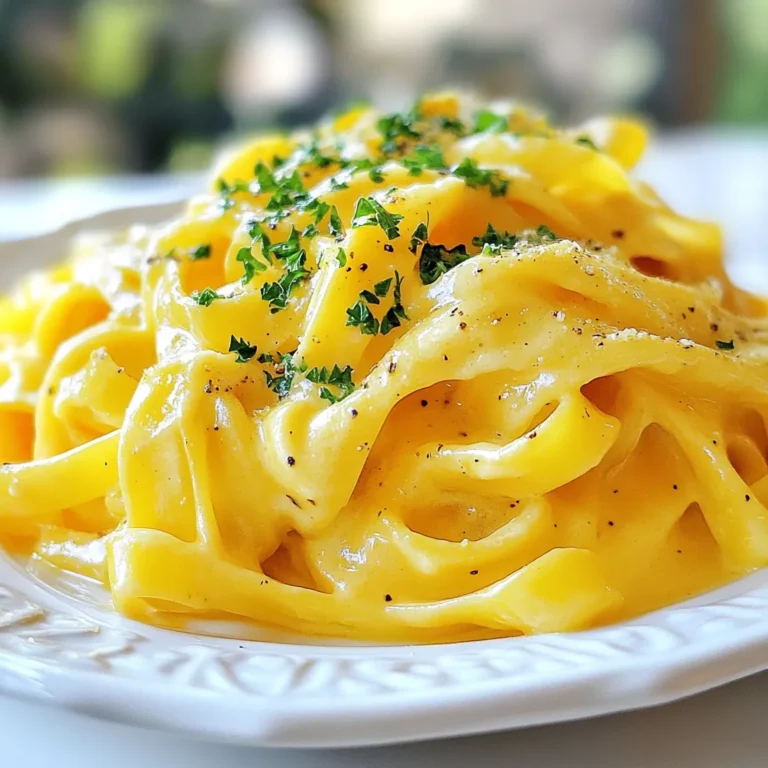 To make a creamy and comforting Pumpkin Alfredo Pasta, you need a few simple items. Here’s what you will need: - 8 oz fettuccine pasta - 1 cup pumpkin puree - 1 cup heavy cream - 1/2 cup grated Parmesan cheese - 2 tablespoons unsalted butter - 2 cloves garlic, minced - 1 teaspoon dried sage - 1/2 teaspoon nutmeg - Salt and pepper to taste - Fresh parsley, chopped (for garnish) Each of these ingredients plays an important role. The fettuccine offers a great base, while pumpkin puree gives the dish its signature flavor. Heavy cream adds richness, and Parmesan cheese brings in a savory note. Butter and garlic create a tasty aroma, while sage and nutmeg add warmth. Salt and pepper enhance all the flavors, and parsley provides a fresh touch for garnish. I love using pumpkin puree, whether homemade or from a can. It’s smooth and adds a lovely color. The heavy cream makes the dish rich, but you can adjust the amount if you want a lighter sauce. Don't skip the Parmesan; it’s key to a creamy texture. Gather these ingredients, and you are ready to create a beautiful meal. Cooking with these fresh and simple ingredients makes the experience fun and rewarding. {{ingredient_image_1}} Start by boiling water in a large pot. Add salt to the water for flavor. Once it boils, add 8 oz of fettuccine pasta. Cook it until it is al dente, which takes about 8 to 10 minutes. Stir the pasta occasionally. When done, save 1/2 cup of the pasta water. Drain the rest and set the pasta aside. In a large skillet, heat 2 tablespoons of unsalted butter over medium heat. When the butter melts, add 2 cloves of minced garlic. Sauté it for about 1 minute until it smells good. Be careful not to burn the garlic. Next, stir in 1 cup of pumpkin puree and 1 cup of heavy cream. Mix well until everything is blended. Add 1/2 cup of grated Parmesan cheese, 1 teaspoon of dried sage, and 1/2 teaspoon of nutmeg. Season with salt and pepper to taste. Keep stirring until the cheese melts and the sauce is smooth. If it is too thick, add some of the reserved pasta water. Now it’s time to mix the pasta and sauce. Add the cooked fettuccine to the skillet. Toss the pasta gently until it is well coated with the pumpkin Alfredo sauce. Cook it for another 2 to 3 minutes to heat everything through. This step helps the pasta soak up the sauce's flavors. Finally, serve the dish hot, topping it with freshly chopped parsley for a pop of color and taste. To get the right sauce for your Pumpkin Alfredo, keep a watchful eye. Start with the heavy cream and pumpkin puree. Mix them well in the skillet. As the sauce warms up, it should be smooth. If it feels too thick, add a bit of the reserved pasta water. Do this slowly. A little goes a long way. Stir until it reaches your desired creaminess. The sauce should coat the pasta nicely without being runny. When choosing pumpkin puree, you have options. Canned pumpkin is quick and easy. Look for pure pumpkin, not filling. I prefer organic brands for a richer taste. If you want to use fresh pumpkin, roast it first. Bake it until soft, then blend until smooth. This gives a fresh, vibrant flavor that works wonders in your dish. Regardless of the type, make sure the puree is thick and free of lumps. To boost the flavor of your Pumpkin Alfredo, think about extras. A pinch of cayenne pepper can add a gentle kick. Fresh herbs, like thyme or basil, bring brightness. If you love cheese, try adding more Parmesan or a bit of goat cheese for tang. You can also sprinkle some toasted nuts on top for crunch. These simple tweaks can elevate the dish and impress your guests. Enjoy experimenting and creating your own twist! Pro Tips Use Fresh Pumpkin: For a more vibrant flavor, consider using fresh pumpkin instead of canned. Roast or steam it, then puree for the best results. Adjust the Creaminess: If you prefer a lighter sauce, substitute half of the heavy cream with vegetable or chicken broth to reduce calories without sacrificing flavor. Herb Variations: Experiment with different herbs like thyme or rosemary for a unique twist on the traditional sage flavor. Perfect Pasta Cooking: Always cook the pasta just until al dente for the best texture. It will continue cooking slightly when mixed with the hot sauce. {{image_2}} You can make this dish vegetarian by skipping any meat. The creamy sauce tastes great as is. You can add more veggies to your pasta. Spinach or broccoli works well. These veggies add color and nutrition. They also give a nice crunch. Toss them in the skillet with the sauce. If you're vegan, don't worry! You can still enjoy this dish. Use coconut cream instead of heavy cream. It gives a rich flavor. For cheese, try nutritional yeast. It adds a cheesy taste without dairy. You can also use cashew cream for a creamier texture. Just soak cashews and blend them until smooth. Want to boost your meal? Add some protein! Cooked chicken or sausage makes this dish heartier. For chicken, grill or pan-fry it first. Slice it and mix it into the pasta. If you prefer sausage, choose Italian sausage for flavor. Cook it in the skillet before adding the sauce. This adds depth to your meal. After enjoying your Pumpkin Alfredo Pasta, store any leftovers in the fridge. Use an airtight container to keep it fresh. It will last for about 3 to 4 days. If you want to keep it longer, consider freezing it. To reheat, place the pasta in a skillet over medium heat. Add a splash of milk or cream for moisture. Stir often until heated through. You can also use the microwave. Heat it in short bursts, stirring in between to avoid hot spots. If you choose to freeze it, make sure it cools first. Place the pasta in a freezer-safe container. It can last up to 2 months in the freezer. To enjoy, thaw it overnight in the fridge. Then, reheat as mentioned above. Enjoy your creamy comfort dish anytime! Yes, you can use fresh pumpkin. Start by peeling and chopping the pumpkin. Then, steam or roast it until soft. After cooking, mash or puree it until smooth. This fresh puree gives a different taste and texture. It may also be thicker, so you might need to add more cream or water to reach the right consistency for your sauce. To add spice, use red pepper flakes. Start with a pinch and adjust to taste. You can also add a dash of cayenne pepper for heat. If you like fresh herbs, add chopped fresh chili or jalapeño for a fresh kick. Just remember to balance the spice with the creamy sauce. Pumpkin Alfredo Pasta pairs well with many sides. Here are some ideas: - A simple green salad with a light vinaigrette - Garlic bread or breadsticks for dipping - Roasted vegetables like Brussels sprouts or carrots - A warm, crusty baguette to soak up the sauce These sides complement the creamy and rich flavors of the pasta. This blog post shared ingredients and steps to make delicious Pumpkin Alfredo Pasta. You learned how to cook fettuccine, make a rich sauce, and combine them perfectly. I also offered tips for the best flavor and texture. Remember, you can adjust this dish to fit your taste. Try vegetarian, vegan, or added protein options. Store leftovers properly to enjoy later. Enjoy your cooking adventure and tasty meals!