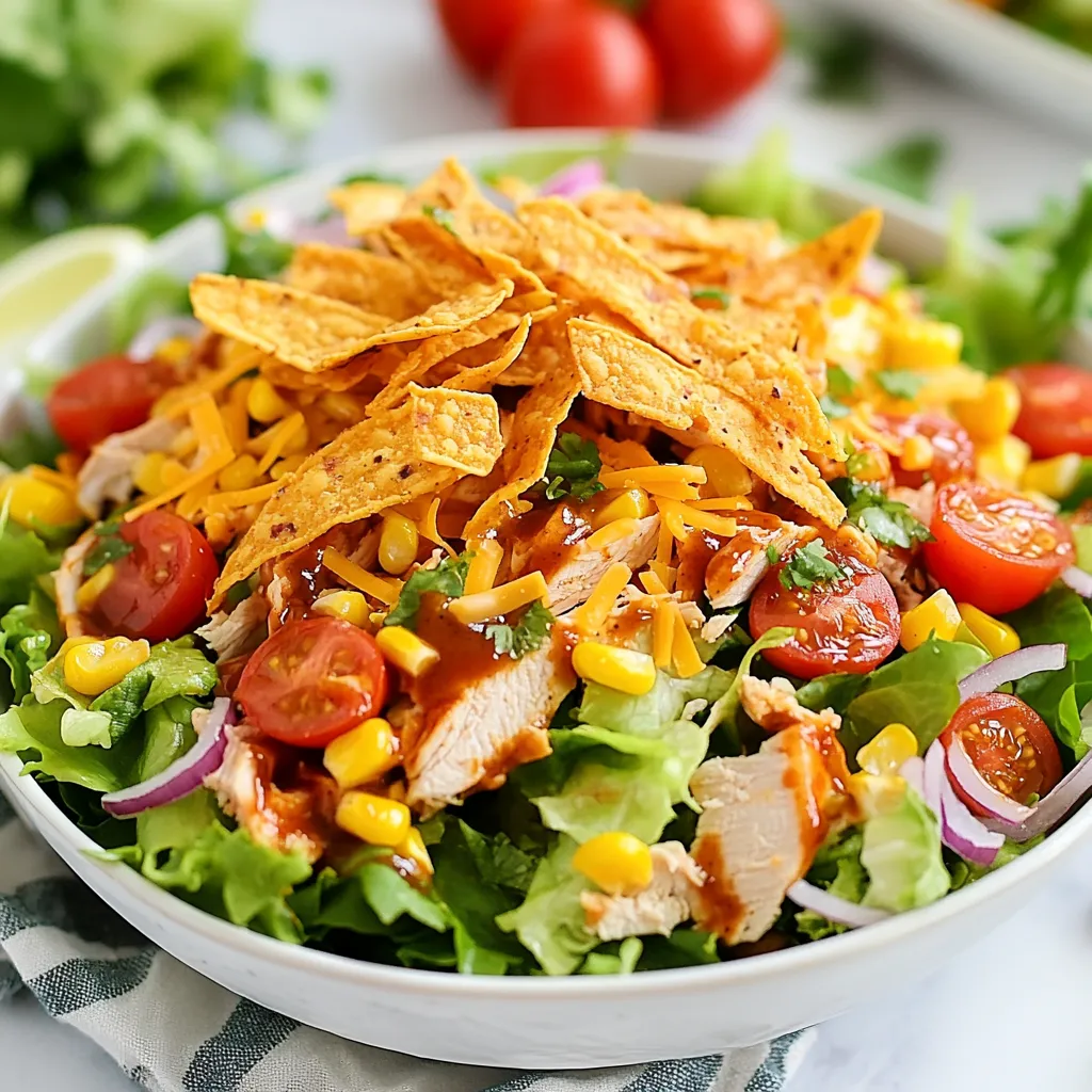 - 2 cups cooked chicken breast, shredded - 2 cups mixed greens (lettuce, spinach, arugula) - 1 cup cherry tomatoes, halved - 1 cup corn kernels (fresh or frozen) - 1/2 red onion, thinly sliced - 1/2 cup shredded cheddar cheese - 1/4 cup crispy tortilla strips (for garnish) - 1/2 cup BBQ sauce - 1/4 cup ranch dressing - Salt and pepper to taste For this BBQ Ranch Chicken Salad, I focus on fresh and simple ingredients. The chicken adds protein, while the greens provide crunch and nutrition. Cherry tomatoes and corn bring sweetness, and the onion adds a nice bite. The cheese adds creaminess, while the BBQ sauce and ranch dressing tie all the flavors together. You can make this salad your own with extra toppings. Consider adding: - Avocado slices for creaminess - Black beans for more protein - Jalapeños for a kick - Bell peppers for added color and crunch - Sliced olives for a briny touch These add-ins can elevate your salad, making it even more delicious and satisfying. Each serving of this salad packs a punch! It has around 400 calories, depending on your add-ins. Key nutrients include: - Protein from chicken and cheese - Fiber from greens and veggies - Healthy fats if you add avocado This salad is not just tasty; it's a balanced meal option for any day. Enjoying it will keep you energized! {{ingredient_image_1}} To coat the chicken with BBQ sauce, start with your shredded chicken. Place it in a medium bowl. Pour in about 1/3 cup of BBQ sauce. Mix well until every piece is covered. This adds great flavor to your chicken. Set it aside so the flavors can blend. Now it’s time to layer the salad for a great look. Take a large salad bowl and put in the mixed greens first. Spread them evenly across the bottom. Next, add halved cherry tomatoes on top. Then, sprinkle the corn kernels and sliced red onion. Finish with the shredded cheddar cheese. This colorful layer adds more than just taste; it makes the salad pretty too. Finally, spoon the BBQ chicken mixture right over the top. For tossing and seasoning, drizzle ranch dressing over the salad. You can add more or less, depending on your taste. Gently toss the salad to mix it without breaking the chicken too much. This keeps the chunks nice and big. Season with salt and pepper to your liking. For a crunch, top with crispy tortilla strips. You can also drizzle a bit of extra BBQ sauce if you want. This makes it even more delicious! To make the best BBQ ranch chicken salad, avoid some common mistakes. First, do not rush the chicken coating. Make sure each piece gets enough BBQ sauce. This adds flavor and keeps the chicken moist. Second, do not overdo the ranch dressing. Too much can make the salad soggy. Use just enough to enhance the taste. Finally, be gentle when tossing the salad. You want to mix it, but not break up the chicken. You can elevate your BBQ ranch chicken salad with extra seasonings. Try adding a pinch of smoked paprika for a nice kick. You can also mix in some garlic powder or onion powder for depth. If you enjoy heat, consider a dash of cayenne pepper or some diced jalapeños. These flavors bring complexity to your dish. You may also swap ranch dressing with a zesty cilantro dressing for a fresh twist. Making your salad look great is easy. Start with a colorful base of mixed greens. Layer the salad ingredients in a pretty way. Arrange the cherry tomatoes and corn in a circle for a pop of color. Sprinkle the cheese on top for a nice finish. For added crunch, top it with crispy tortilla strips. Drizzle extra BBQ sauce over the salad for a finishing touch. This not only looks good but also adds flavor. Pro Tips Use Rotisserie Chicken: For a quicker meal, you can use store-bought rotisserie chicken instead of cooking your own. Just shred it and mix it with the BBQ sauce. Customize Your Greens: Feel free to use any combination of greens you prefer. Kale, romaine, or even coleslaw mix can add a different flavor and texture. Add Avocado: For a creamier texture, consider adding sliced avocado to your salad. It pairs beautifully with both BBQ sauce and ranch dressing. Make It Ahead: If preparing in advance, keep the chicken and dressing separate until serving to prevent the greens from wilting. {{image_2}} You can switch up the ingredients in BBQ Ranch Chicken Salad. If you want a different protein, try grilled shrimp or smoked tofu. Both options add flavor and change the texture. For greens, use kale or romaine instead of mixed greens. Both give a crunchy bite. If you like a sweet twist, add diced mango or apple to the mix. This adds color and brightens the dish. While ranch dressing is tasty, you can try other dressings. A honey mustard dressing adds a sweet kick. A vinaigrette made with olive oil and vinegar can lighten the salad. You could also use a spicy sriracha mayo for a kick. Each dressing gives a unique flavor and keeps the salad fresh. To round out your meal, serve the salad with garlic bread or a side of quinoa. Both options make the meal filling. You can also add fresh fruit like watermelon or berries for a refreshing contrast. If you want a crunchy side, try homemade potato chips. These ideas make your BBQ Ranch Chicken Salad even more enjoyable. To keep your leftover BBQ Ranch Chicken Salad fresh, use airtight containers. Glass or plastic containers both work well. Make sure to divide the salad into servings. This way, you can grab just what you need. Avoid letting the salad sit in the open air. This keeps it from getting soggy or losing flavor. If you have leftover BBQ chicken, you can reheat it. The best way is to use the microwave. Place the chicken in a microwave-safe dish. Heat it for about 30 seconds. Stir and check if it’s warm enough. If not, heat for another 30 seconds. Avoid reheating the salad greens. They can wilt and lose their crunch. Your BBQ Ranch Chicken Salad stays fresh for about three days in the fridge. After that, the flavors may fade. The greens may also become soggy. Always check for any off smells or changes in texture before eating. If it looks or smells bad, it's best to toss it out. Yes, you can prep this salad early. Start by making the BBQ chicken. Store it in the fridge. You can also chop the veggies ahead. Keep them in separate containers. Mix everything just before serving. This keeps your greens fresh and crisp. If you don’t have chicken, use canned beans. Black beans or chickpeas work well. For a vegan option, try tofu or tempeh. Shredded rotisserie chicken is also a quick fix. You can even use leftover turkey if you have some. This salad has a nice balance of nutrients. It includes protein from chicken and fiber from veggies. The mixed greens add vitamins. However, watch the BBQ sauce and ranch dressing. They can add sugar and fat. You can use low-fat versions to make it lighter. This BBQ Ranch Chicken Salad is easy to make and delicious. We covered all the key ingredients and measurements, plus optional add-ins to spice things up. I shared simple steps for preparing the chicken and assembling the salad for the best look. You learned tips to enhance flavor and avoid common mistakes. Try swaps for different ingredients or toppings to fit your taste. Store leftovers properly to keep them fresh. Remember, this salad can be made ahead to save time. Enjoy this tasty, healthy dish as a meal or side. Get creative and have fun!