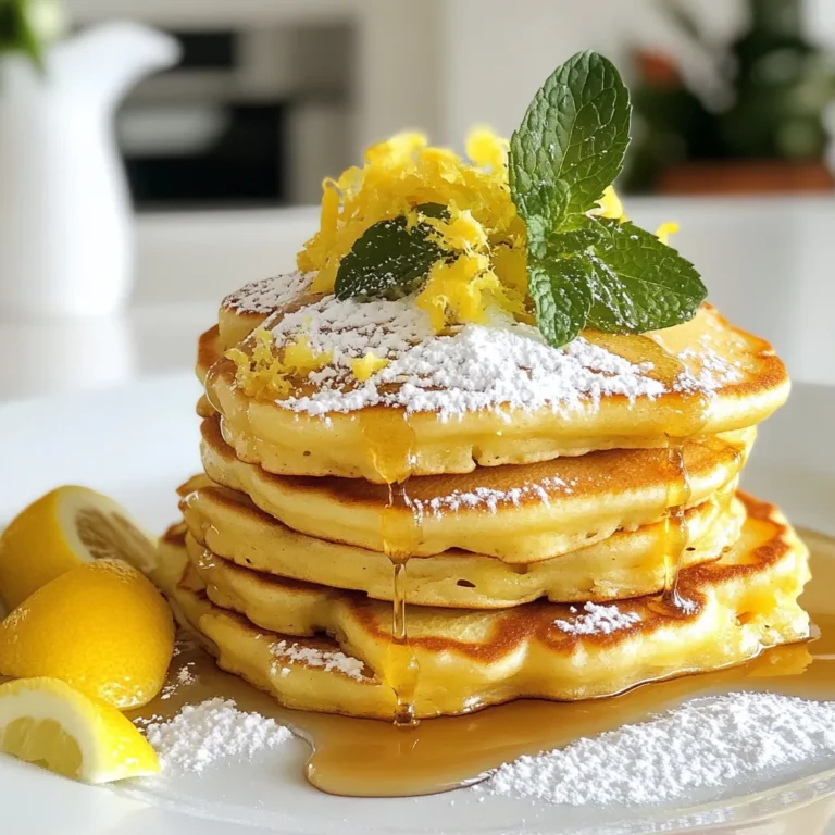 To make lemon ricotta pancakes, gather these fresh ingredients: - 1 cup ricotta cheese - 1 cup all-purpose flour - 2 tablespoons sugar - 1 tablespoon baking powder - ½ teaspoon salt - 1 cup milk - 2 large eggs - Zest of 1 lemon - 2 tablespoons fresh lemon juice - 1 teaspoon vanilla extract - Butter or oil for cooking Using fresh ingredients makes a big difference. Fresh ricotta adds creaminess and flavor. Fresh lemon zest and juice give bright notes. They wake up your taste buds. When you use fresh ingredients, your pancakes taste better and feel lighter. You want your breakfast to be delightful and energizing. If you don't have some ingredients, don't worry! You can swap them out. For example, if you lack ricotta, try cottage cheese. It gives a similar texture. You can also use whole wheat flour instead of all-purpose flour for a healthier option. If you want a dairy-free version, use almond milk and a dairy-free ricotta. Just remember, these changes can alter the taste and texture a bit. Enjoy experimenting! {{ingredient_image_1}} Start with the ricotta cheese. Place one cup in a large bowl. Then add one cup of milk, two large eggs, the zest of one lemon, two tablespoons of fresh lemon juice, and one teaspoon of vanilla extract. Whisk everything until it is smooth. In another bowl, mix together one cup of all-purpose flour, two tablespoons of sugar, one tablespoon of baking powder, and half a teaspoon of salt. Combine these dry ingredients slowly with the wet mixture. Stir gently until just mixed. It’s okay if the batter has some lumps. Heat a non-stick skillet over medium heat. Add a small amount of butter or oil to coat the pan. For each pancake, pour a 1/4 cup of batter onto the skillet. Cook for about 3 to 4 minutes. Look for bubbles forming on top and the edges looking set. Once you see these signs, flip the pancake. Cook for another 2 to 3 minutes until the pancake is golden brown. Repeat this process for the rest of the batter, adding more butter or oil as needed. Serve the pancakes warm. Drizzle them with maple syrup for sweetness. You can also top them with fresh berries for a fruity touch. A dusting of powdered sugar adds a nice finish. For a fun twist, stack the pancakes high and garnish with more lemon zest and a dollop of whipped cream. Add a few mint leaves for a pop of color and flavor. Enjoy your delicious breakfast! To make your lemon ricotta pancakes light and fluffy, use fresh ricotta cheese. The creaminess adds moisture and richness. When mixing the batter, don’t overmix. A few lumps are okay. This helps keep the pancakes airy. Let the batter rest for a few minutes before cooking. This small step can make a big difference. Heat your non-stick skillet to medium. If it’s too hot, the pancakes will burn. If it’s too low, they won’t cook through. You can test the heat by sprinkling a drop of water on the skillet. If it sizzles and dances, it’s ready. Add a bit of butter or oil to keep the pancakes from sticking. Store leftover pancakes in an airtight container in the fridge. They will stay fresh for up to three days. To reheat, place them in the toaster or microwave. For the toaster, aim for medium heat. For the microwave, heat in 30-second bursts. You want them warm, not hot. Enjoy your pancakes again with a fresh drizzle of syrup! Pro Tips Use Room Temperature Ingredients: Bring your eggs and ricotta to room temperature before mixing for a smoother batter and fluffier pancakes. Don’t Overmix: Mixing too much can lead to dense pancakes. Stir until just combined to keep them light and airy. Perfect Cooking Temperature: Ensure your skillet is at medium heat; too hot can burn the pancakes while leaving the inside uncooked. Flavor Variations: Experiment with adding blueberries or chocolate chips to the batter for a delicious twist on the classic lemon ricotta pancake. {{image_2}} You can make lemon ricotta pancakes even better with fun flavors. Try adding blueberries for a fruity twist. They burst with juice and taste great. Chocolate chips are another fun option. They melt and add sweetness. You can also mix in nuts like walnuts or pecans. They give a nice crunch and flavor. Experiment with different flavors to find your favorite! Toppings can change your pancake game. Greek yogurt adds creaminess and tang. It pairs well with the lemon flavor. Fresh fruit is also a great choice. Strawberries, raspberries, or bananas work well. You can make a fruit compote by cooking down fruit with a little sugar. This creates a sweet sauce to drizzle on top. Maple syrup is a classic, but consider honey or agave for a different touch. If you need gluten-free pancakes, it's easy to adapt this recipe. Swap the all-purpose flour with a gluten-free flour blend. Make sure the blend has a good texture for baking. You may need to add a bit more liquid to the batter. Use almond milk or coconut milk if you want a dairy-free option. These changes keep your pancakes fluffy and delicious! To keep your lemon ricotta pancakes fresh, store them in the fridge. Place the pancakes in an airtight container. You can also use plastic wrap. Make sure they cool down before sealing. This way, they won’t get soggy. For longer storage, freeze your pancakes. Let them cool completely first. Then, stack them with parchment paper in between each one. Place the stack in a freezer bag or bowl. Make sure to remove as much air as possible. This helps keep them fresh and prevents freezer burn. In the fridge, these pancakes last about 3 to 4 days. If you freeze them, they can last for up to 2 months. Just reheat in a microwave or toaster oven when you are ready to enjoy them again. This way, you can have a tasty breakfast anytime! Lemon ricotta pancakes are fluffy pancakes made with ricotta cheese and lemon. They have a light, airy texture and a bright lemon flavor. The ricotta adds creaminess, while the lemon zest and juice give them a fresh taste. These pancakes are perfect for breakfast or brunch. You can enjoy them with maple syrup, berries, or whipped cream. Yes, you can make the batter ahead of time. Mix the ingredients together and store it in the fridge. It stays fresh for up to 24 hours. Just remember to stir it gently before using. If the batter seems too thick, add a little milk to loosen it. This way, you can enjoy quick pancakes on busy mornings. Pair lemon ricotta pancakes with drinks that enhance their flavor. Freshly squeezed orange juice is a great choice. Its sweetness balances the tartness of the lemon. Coffee or tea also works well. For a fun twist, try a sparkling lemonade. It adds a refreshing touch that complements the pancakes nicely. Enjoy a delightful breakfast with these tasty drinks! In this article, I covered how to make delicious Lemon Ricotta Pancakes. Fresh ingredients are key for great taste, and I shared smart substitutions. You learned step-by-step how to prepare, cook, and serve these pancakes. I shared tips to make them fluffy and how to properly store leftovers. Don’t forget the fun variations to make each batch unique. Enjoy exploring different flavors and toppings. Pancakes are versatile and can bring joy to any meal.