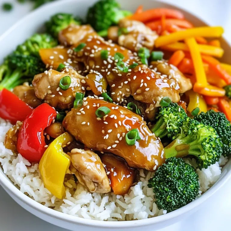 - 1 lb boneless, skinless chicken thighs, cut into bite-sized pieces - 2 tablespoons honey - 3 cloves garlic, minced - 1 tablespoon soy sauce - 1 cup bell peppers (red, yellow, green), sliced - 1 cup broccoli florets - 1 carrot, julienned - 1 tablespoon sesame oil - 1 tablespoon vegetable oil For this Honey Garlic Chicken Stir Fry, I love using chicken thighs. They are juicy and full of flavor. The honey adds sweetness, while garlic gives a nice punch. Soy sauce ties it all together with a salty depth. Now let's talk about vegetables. I always choose bright bell peppers for color. They add a crisp texture and sweetness. Broccoli brings a healthy crunch, and carrots add a lovely color. Don't forget the oils! Sesame oil gives a nutty flavor, while vegetable oil helps cook everything evenly. This combo makes your stir fry taste amazing and keeps it light. Gather these ingredients, and you're ready to create a dish that is quick to make but packed with taste! To start, you need to mix the honey, minced garlic, and soy sauce. Take a bowl and add two tablespoons of honey. Then, add three cloves of minced garlic and one tablespoon of soy sauce. Stir well until it blends nicely. This mix gives the chicken its sweet and savory flavor. Now, it's time to marinate the chicken. Cut one pound of boneless, skinless chicken thighs into bite-sized pieces. Place the chicken in the bowl with the marinade. Coat it well, so every piece is covered. Let it sit for about five minutes. This step helps the chicken soak up all that yummy flavor. Next, heat the oil in your skillet. Pour one tablespoon of vegetable oil into a large skillet over medium-high heat. Wait for the oil to shimmer, which means it’s hot enough for cooking. Add the marinated chicken to the skillet. Cook it for about five to six minutes. Stir occasionally to ensure even cooking. You want the chicken to be golden brown and fully cooked. It should look delicious and smell amazing at this point. Once the chicken is cooked, it’s time for the veggies. Push the chicken to one side of the skillet. Add one cup of sliced bell peppers, one cup of broccoli florets, and one julienned carrot to the other side. Drizzle a tablespoon of sesame oil over the veggies. Stir-fry the vegetables for about two to three minutes. You want them to be tender but still crunchy. This keeps the flavors fresh and bright. Now, mix everything together in the skillet. Combine the chicken and vegetables for about a minute. This step helps all the flavors blend nicely. If you want, adjust the seasoning with more salt, pepper, or honey. Finally, remove the skillet from heat. Garnish the dish with sesame seeds and chopped green onions. This adds a nice crunch and color to your Honey Garlic Chicken Stir Fry. Enjoy your quick and tasty meal! How do you check for doneness? Always cut into the thickest piece. The inside should be white, not pink. You can also use a meat thermometer. The chicken should reach 165°F (75°C). What are tips for golden brown chicken? Start with a hot skillet. Don’t crowd the pan. This helps the chicken sear well. Let it sit for a minute before flipping. This gives it a nice crust. How do you achieve a tender-crisp texture? Stir-fry vegetables quickly over high heat. This helps keep their crunch. Don't overcook them; they should be bright in color. What are recommended vegetable combinations? Bell peppers, broccoli, and carrots work great together. You can also add snap peas or zucchini for more color and crunch. What are the best toppings for visual appeal? Sesame seeds and chopped green onions add a nice touch. They also give a little crunch and freshness. What are alternative garnishes for flavor enhancement? Try crushed peanuts or cilantro. Both add a new layer of taste and texture to your dish. {{image_2}} You can swap chicken for tofu or shrimp in this stir fry. - Tofu: Use firm tofu. Cut it into bite-sized pieces. Cook it until golden, about 6-8 minutes. - Shrimp: Cook shrimp for 3-4 minutes. They turn pink when done. Keep an eye on the cooking times. Adjust them based on what you use. Want a kick? Add Sriracha or chili flakes to the sauce. - Spicy Twist: Start with a teaspoon. Taste and add more if you like heat. - Sweet Swaps: Try maple syrup instead of honey for a new flavor. These small changes can really amp up your dish. Feel free to use seasonal veggies. They can change the taste and color. - Summer: Try zucchini or corn for a fresh taste. - Fall: Use squash or kale for earthy notes. Each type of vegetable can bring unique flavors. Adjust your spices to match them. To keep your Honey Garlic Chicken Stir Fry fresh, store it in the fridge. Use an airtight container to avoid moisture loss. Make sure to cool the dish before sealing it. This helps keep the flavors intact. It will stay good for up to three days. For long-term storage, you can freeze the stir fry. Place it in a freezer-safe container or a heavy-duty freezer bag. Remove as much air as possible to prevent freezer burn. Label the bag with the date. It can last up to three months in the freezer. When you’re ready to eat, reheating is easy! Use the stovetop for the best results. Heat a pan on medium heat, then add the stir fry. Stir it often to heat evenly. This keeps the flavors fresh. You can also use the microwave. Place the stir fry in a microwave-safe bowl. Cover it with a damp paper towel to keep moisture. Heat in short bursts, stirring in between. For portion sizes, consider dividing the stir fry into single servings before storing. This makes reheating quick and easy. Meal prep can save you time during busy weeks. To prepare in advance, you can marinate the chicken a day ahead. Store the marinated chicken in the fridge. For easy meals, portion out the stir fry into containers after cooking. Use glass or BPA-free plastic containers for safe storage. These containers are microwave-safe and easy to clean. You can also pack rice or quinoa in separate containers. This way, you have a complete meal ready to go! Making this dish is quick and easy. The total time is just 15 minutes. Here’s how it breaks down: - Prep Time: 5 minutes for marinating the chicken and slicing veggies. - Cook Time: 10 minutes for cooking the chicken and stir-frying the vegetables. Yes, you can! To make this dish gluten-free, substitute soy sauce with tamari. Tamari tastes similar but is made without wheat. This keeps the flavor intact while making it safe for those with gluten sensitivities. This stir fry is tasty on its own, but you can level it up! Here are some ideas for side dishes: - Steamed rice or quinoa for a filling base. - Noodles for a different texture. - A simple green salad for freshness. - Cauliflower rice for a low-carb option. If you like heat, you can add spice easily. Here are a few tips for more kick: - Add Sriracha or chili flakes to the marinade. - Toss in sliced fresh chili peppers while cooking. - Drizzle hot sauce over the finished dish for an extra kick. This blog post shared a simple recipe for Honey Garlic Chicken Stir Fry. We explored key ingredients, from chicken thighs to fresh veggies. I detailed step-by-step cooking methods and offered tips for perfect results. You learned how to customize the dish with different proteins and sauces. Always store leftovers properly for later use. Remember, cooking is about fun and creativity. Experiment with flavors and enjoy your dish!