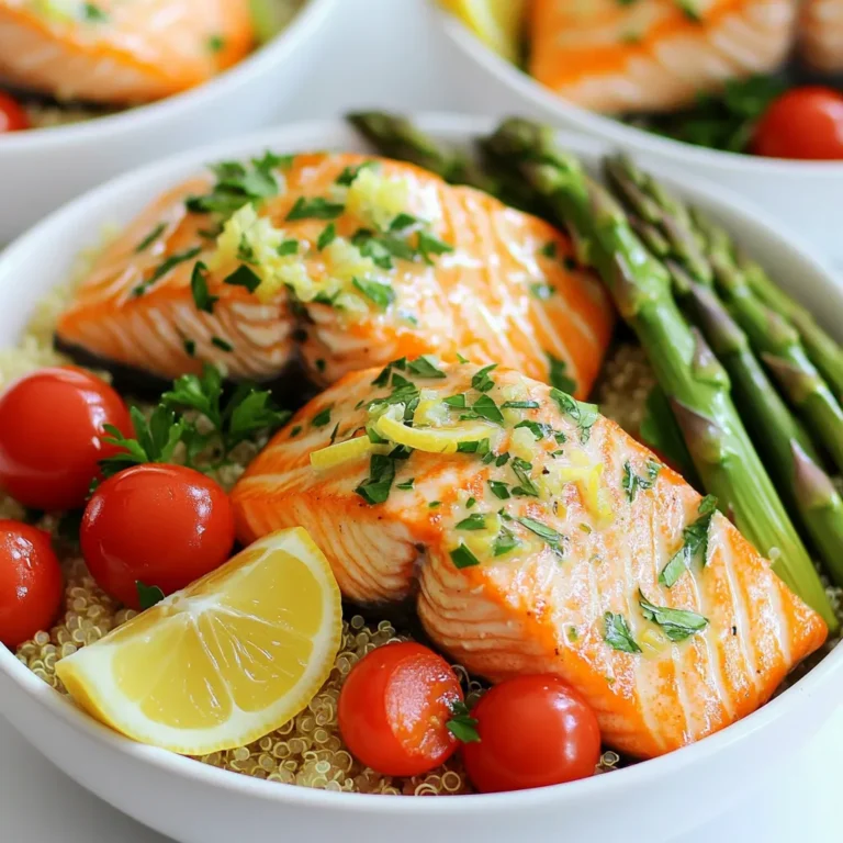 - 4 salmon fillets (6 oz each) - 2 tablespoons olive oil - 2 lemons (1 zested and juiced, 1 sliced) - 3 cloves garlic, minced - 1 teaspoon dried oregano - 1 teaspoon dried thyme - 1 teaspoon paprika - Salt and pepper to taste - 1 cup cherry tomatoes, halved - 1 cup asparagus, trimmed and cut into 2-inch pieces The star of this dish is the salmon. It is rich in omega-3 fatty acids and has a lovely flavor. I like to use good quality salmon fillets. The olive oil adds healthy fat and helps the seasonings stick. The lemon zest and juice bring bright, fresh flavor. Garlic gives a nice depth, while the oregano and thyme add warmth. Paprika gives a subtle smokiness. You can easily adjust the salt and pepper to fit your taste. The vegetables add color and nutrition. I use cherry tomatoes and asparagus here. They roast well and add a burst of flavor. You can swap these for any veggies you like, such as bell peppers or zucchini. For this recipe, I recommend using white or red quinoa. Both types cook well and have a nice texture. Quinoa is a great source of protein and fiber. You can cook quinoa in water, but I prefer using vegetable broth. It adds extra flavor to the dish. You can also use chicken broth for a richer taste. - Fresh parsley, chopped (for garnish) - Lemon slices Garnishes make your dish pop. Fresh parsley adds a bright note and color. It makes the meal look fresh and inviting. Lemon slices add visual appeal and extra zing. You can squeeze them over the salmon for more flavor. Adding these simple touches elevates your meal. First, preheat your oven to 400°F (200°C). This step is key for even cooking. While the oven heats, grab a large sheet pan. Line it with parchment paper. This helps with easy cleanup and prevents sticking. In a mixing bowl, combine these ingredients: - 2 tablespoons olive oil - Zest of 1 lemon - Juice of 1 lemon - 3 minced garlic cloves - 1 teaspoon dried oregano - 1 teaspoon dried thyme - 1 teaspoon paprika - Salt and pepper to taste Mix well to create a flavorful marinade. Marinating adds depth and makes the salmon tender. Let it sit while you prepare the rest. Now, take the salmon fillets and coat them with the marinade. Save a tablespoon for later. Place the fillets skin-side down on the prepared sheet pan. Next, take the cherry tomatoes and asparagus. Toss them in the reserved marinade and spread them around the salmon. Don’t forget to add lemon slices on top for extra flavor. Bake everything in the oven for 15-20 minutes. The salmon should be cooked through and flake easily with a fork. Keep an eye on it to avoid overcooking. While the salmon bakes, rinse 2 cups of quinoa under cold water. This removes bitterness. In a medium saucepan, combine the rinsed quinoa and 4 cups of vegetable broth. Bring it to a boil, then reduce to a simmer. Cover and cook until the quinoa is fluffy and all liquid is absorbed, about 15 minutes. Once the salmon and veggies are ready, it’s time to assemble your bowls. Start with a base of quinoa. Top it with the salmon fillets and roasted vegetables. Add fresh parsley for a pop of color. Drizzle any leftover marinade on top for added flavor. Enjoy your meal! To make a great marinade, you can adjust flavors to fit your taste. If you want more zing, add extra lemon juice or zest. For a richer flavor, try adding more olive oil. You can also play with herbs. Fresh herbs will add a bright taste. Marination time is key. I suggest marinating the salmon for at least 30 minutes. This gives the fish a chance to soak up all the flavors. If you have time, marinate it for up to two hours in the fridge. This helps the flavors really stick. While sheet pan cooking is easy, you can try other methods too. Grilling the salmon gives it a smoky flavor. You can also bake it in a dish with a lid to keep it moist. If you need a quick meal, pan-searing is fast and tasty. To get flaky salmon, don’t overcook it. The fish should be pink in the center when done. A good rule is to cook it for 4-6 minutes per half inch of thickness. Use a fork to test if it flakes easily. If it does, it’s ready! When serving your bowls, think about pairings. A side salad with lemon vinaigrette adds crunch and fresh taste. You might also enjoy some crusty bread to soak up extra juices. For portion control, aim for balanced bowls. Start with a base of quinoa, then add equal parts salmon and veggies. Keep an eye on your serving sizes. This way, you won’t feel too full and can enjoy every bite! {{image_2}} You can easily swap out the salmon. Try using cod, trout, or halibut. Each fish brings its unique flavor. If you want to go plant-based, use tofu or tempeh instead. These options are great for a vegan twist. For vegetables, you can switch asparagus and tomatoes. Broccoli, zucchini, or bell peppers work well too. Choose what you like best. Mix and match to create your ideal bowl. Herbs and spices can change the flavor of your dish. Try fresh dill or basil instead of dried herbs. They add freshness and brightness. You can also explore spices like cumin or coriander for a different taste. If you want some heat, sprinkle chili flakes over the salmon. This adds a nice kick without overpowering the dish. You can adjust the amount to suit your taste. For gluten-free options, make sure to use gluten-free quinoa. Quinoa is naturally gluten-free and a great base for this dish. Check that your broth is also gluten-free to keep everything safe. If you’re looking for vegan variations, replace the salmon with plant-based protein. Tofu or chickpeas are fantastic choices. You can also skip the chicken broth and use water or vegetable broth instead. This way, everyone can enjoy a delicious meal. To keep leftover salmon bowls fresh, use airtight containers. Place the bowls in the fridge right away. This helps to keep the flavors intact. Enjoy your leftovers within 2-3 days. If you see any signs of spoilage, like an off smell or discoloration, it’s best to toss it. When you reheat salmon bowls, you want to keep the salmon juicy. The best method is to use the oven. Preheat it to 350°F (175°C) and bake for about 10 minutes. You can also use the microwave for a quick option. Heat in short bursts, about 30 seconds at a time, to avoid overcooking. To freeze your salmon bowls, let everything cool completely first. Use freezer-safe containers. This way, the flavors stay good for up to 3 months. When you’re ready to eat, take them out to thaw in the fridge overnight. Freezing may change the texture of the salmon, but it will still taste great. You can serve many tasty sides with these salmon bowls. Here are some ideas: - Steamed broccoli for a green crunch - A fresh garden salad for added veggies - Roasted sweet potatoes for a sweet touch - A light yogurt sauce for creaminess These sides will complement the flavors of the salmon well. To check if the salmon is done, use a fork. Gently press down on the thickest part of the fillet. If it flakes easily, it is ready. The internal temperature should reach 145°F. If you don’t have a thermometer, look for a pink, opaque color. Yes, you can use fresh herbs! They add a bright taste. Here are some good swaps: - Use 1 tablespoon of fresh oregano instead of 1 teaspoon dried - Use 1 tablespoon of fresh thyme instead of 1 teaspoon dried Just remember, fresh herbs have a stronger taste, so adjust to your liking. You can store leftovers in the fridge for up to 3 days. Make sure to place them in an airtight container. Keep an eye out for any off smells or changes in texture to ensure they are still good to eat. Yes, you can prepare some parts ahead of time. Marinate the salmon a few hours before cooking, or the night before. You can also cook the quinoa in advance and store it in the fridge. Just reheat everything when you are ready to serve. This guide covers making delicious Sheet Pan Lemon Herb Salmon Bowls. You start with fresh salmon, veggies, and flavorful quinoa. The marinade is key to great taste, so don't skip it. You learned tips for cooking, serving, and storing. Feel free to swap ingredients for your taste. Try this recipe for a healthy meal that is quick to prepare. You'll enjoy the flavors and the ease of cooking. Make it your own and share with friends!