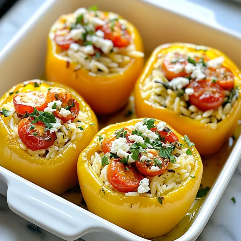 - 4 large bell peppers (red, yellow, or orange) - 1 cup orzo pasta - 2 cups vegetable broth - 1 cup cherry tomatoes, halved - 1 cup spinach, chopped - ½ cup feta cheese, crumbled - 1/4 cup Kalamata olives, sliced - 2 tablespoons olive oil - 1 tablespoon lemon juice - 1 teaspoon dried oregano - 1 teaspoon garlic powder - Salt and pepper to taste - Fresh parsley, for garnish These main ingredients create a colorful and tasty dish. The bell peppers serve as a tasty bowl for the filling. Orzo pasta gives it a nice texture. Fresh spinach and cherry tomatoes add vibrant flavors. Feta cheese and olives bring in a salty, rich taste. You can add other ingredients to enhance the flavor. Try adding some red onion for a sweet crunch. Zucchini can also blend well with the other veggies. For a kick, consider adding red pepper flakes. When it comes to seasoning, feel free to adjust. Use fresh herbs like basil or thyme for a brighter taste. If you love garlic, add an extra clove or two. If you're looking for gluten-free options, swap orzo for rice or quinoa. Those who prefer dairy-free can use vegan cheese or skip the cheese altogether. For a protein boost, add beans or chickpeas to the filling. No matter your dietary needs, this dish can cater to you. With simple swaps, you can enjoy Mediterranean Orzo Stuffed Peppers your way. {{ingredient_image_1}} First, you need to prepare the bell peppers. Choose four large ones. You can pick red, yellow, or orange for great color. Cut the tops off and take out the seeds. This keeps the peppers clean and ready for stuffing. Brush the outside with olive oil for flavor and shine. Place them upright in a baking dish. This helps them hold their shape while baking. Next, it's time to cook the orzo. In a medium pot, bring two cups of vegetable broth to a boil. Add one cup of orzo pasta. Cook it for about eight to ten minutes until it's al dente. Once done, drain the orzo and set it aside. Now, let's mix the filling. In a large bowl, combine the cooked orzo with one cup of halved cherry tomatoes, one cup of chopped spinach, and half a cup of crumbled feta cheese. Add a quarter cup of sliced Kalamata olives, two tablespoons of olive oil, and one tablespoon of lemon juice. Season this mix with one teaspoon of dried oregano, one teaspoon of garlic powder, salt, and pepper. Stir well until everything is blended. Now, it's time to stuff the peppers. Carefully spoon the orzo mixture into each bell pepper. Pack it down gently to ensure they are full. Cover the baking dish with aluminum foil. Bake at 375°F (190°C) for about 25 minutes. After that, remove the foil and bake for another 10 to 15 minutes. The peppers should be tender and the tops lightly golden. Once cooked, take the peppers out and let them cool for a few minutes. Garnish with fresh parsley for a nice touch before serving. Enjoy your delicious Mediterranean Orzo Stuffed Peppers! To cook orzo well, use a large pot. Always boil enough water so the pasta has room. Add salt to the water for flavor. Cook the orzo for 8 to 10 minutes until it is al dente. Drain the pasta right after cooking to stop it from getting mushy. Rinse it briefly under cold water to keep it firm. For tender peppers, pick large ones with smooth skin. Cut the tops off and remove the seeds. Brush them with olive oil for flavor. Bake them covered for the first 25 minutes. This keeps moisture inside. Remove the foil for the last 10-15 minutes. This allows the tops to get golden and the peppers to soften. Make your dish pop with fresh parsley on top. Sprinkle some extra feta cheese for a creamy touch. You can add a slice of lemon on the side for extra flair. Consider serving the stuffed peppers on a colorful plate. This will make them more appealing. Enjoy sharing your beautiful meal with friends or family! Pro Tips Choose Colorful Peppers: Using a mix of colorful bell peppers not only makes your dish visually appealing but also adds various nutrients. Cook Orzo Al Dente: Ensure that you cook the orzo just until al dente; it will continue to cook during baking, preventing it from becoming mushy. Enhance Flavor with Fresh Herbs: Consider adding fresh herbs like basil or dill to your filling for an extra burst of flavor. Experiment with Cheese: Feel free to substitute feta cheese with other cheeses like goat cheese or mozzarella for different flavor profiles. {{image_2}} To make this dish vegetarian, simply skip the feta cheese. You can add more veggies like zucchini or mushrooms. For a vegan twist, use a plant-based cheese. This keeps the meal fresh and full of flavor. If you want extra protein, add cooked chicken or ground turkey. You can also use chickpeas or lentils for a hearty vegetarian option. These additions make the dish filling and satisfying. Change up the flavor by using fresh herbs like basil or mint. Try adding a pinch of cumin or smoked paprika for warmth. These spices bring new life to the dish and keep it interesting. Experimenting with different herbs and spices keeps each meal unique. After enjoying your Mediterranean orzo stuffed peppers, let them cool down. Place any leftovers in an airtight container. This keeps them fresh. Store them in the fridge. They will stay good for up to three days. Make sure to label the container with the date. This way, you will know when to eat them. To reheat your stuffed peppers, preheat your oven to 350°F (175°C). Place the peppers in a baking dish. Cover them with foil to keep them moist. Bake for about 15-20 minutes. You want them heated through, but not dried out. If you prefer the microwave, heat them on a microwave-safe plate for 2-3 minutes. Check to ensure they are hot inside. If you want to save your stuffed peppers for later, freezing is a great option. Wrap each pepper in plastic wrap. Then, place them in a freezer-safe bag. Squeeze out as much air as possible. This helps prevent freezer burn. You can freeze them for up to three months. When ready to eat, thaw them in the fridge overnight. Then, reheat them as noted above for a tasty meal. Orzo is a type of pasta. It looks like rice but is not. Orzo is made from wheat. It cooks quickly and has a soft texture. Rice is a grain and comes in many types. Both can be used in dishes, but they taste different. Orzo adds a nice chew to meals, while rice is fluffy. You can use orzo in salads, soups, or as a side. Yes, you can prepare these stuffed peppers in advance. You can make the filling a day before. Just cook the orzo and mix it with the other ingredients. Store it in the fridge. You can also stuff the peppers ahead of time. Keep them in the fridge until ready to bake. This saves time when you want to eat. You will know the peppers are done when they are soft. They should also look slightly golden on top. Baking them for 25 minutes covered and 10-15 minutes uncovered helps. A fork can help test the softness. If it goes in easily, they are ready. Let them cool a bit before serving. Enjoy the great flavors! Mediterranean Orzo Stuffed Peppers offer a tasty and healthy meal. We covered the key ingredients, cooking steps, and tips for perfect results. You learned how to customize the recipe for your diet. Storing leftovers and reheating will keep your meal fresh. Explore variations to keep meals fun and exciting. Try this simple dish today for a nutritious dinner. Enjoying cooking starts with the right ingredients and a bit of creativity. Make these stuffed peppers your own and share them with loved ones.