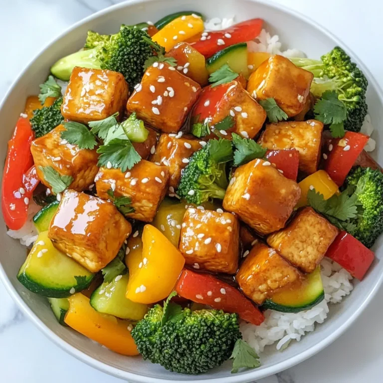 To make a tasty Honey Garlic Tofu Stir Fry, you need the following ingredients: - 1 block (14 oz) firm tofu, drained and pressed - 2 tablespoons cornstarch - 2 tablespoons vegetable oil - 1 bell pepper (any color), sliced - 1 medium zucchini, sliced - 1 cup broccoli florets - 3 cloves garlic, minced - 1/4 cup honey - 3 tablespoons soy sauce (or tamari for gluten-free) - 1 tablespoon rice vinegar - 1 teaspoon sesame oil - Sesame seeds for garnish - Fresh cilantro, chopped for garnish Each ingredient plays a key role in building flavor and texture. Firm tofu holds its shape well and absorbs the honey garlic sauce perfectly. Cornstarch makes the tofu crispy, while the fresh veggies add color and crunch. Garlic and honey create a sweet and savory sauce, making this dish a delight. Gather these ingredients, and you’re set for a simple yet flavorful meal! {{ingredient_image_1}} First, cut the pressed tofu into bite-sized cubes. You want them small so they cook well. Next, coat the tofu cubes in cornstarch. This helps make them crispy when you cook them. Heat the vegetable oil in a large skillet or wok over medium-high heat. Once the oil is hot, add the tofu. Cook the tofu for about 8-10 minutes. Turn the tofu occasionally. You want it golden brown and crispy on all sides. Once done, remove it and set it aside. In the same skillet, add in the sliced bell pepper, zucchini, and broccoli. Stir-fry these for about 4-5 minutes. You want them to be tender-crisp. Then, add the minced garlic to the vegetables. Stir-fry for another minute until the garlic smells great. In a small bowl, whisk together honey, soy sauce, rice vinegar, and sesame oil. Pour this sauce over the stir-fried vegetables. Next, return the crispy tofu to the skillet. Gently toss everything together for about 2 minutes. You want the tofu and veggies well coated and heated through. To get the best crispiness, start with firm tofu. This type holds its shape well. Press the tofu to remove extra moisture. I like to wrap it in a clean towel, then place a heavy object on top for about 15 minutes. Next, cut the tofu into bite-sized cubes. Coat each piece in cornstarch. This creates a crunchy outer layer. Heat vegetable oil in your skillet until it's hot. Fry the tofu until golden brown on all sides. This usually takes about 8 to 10 minutes. If you want a softer texture, try silken tofu. It cooks quickly and absorbs flavors well. However, it won't be crispy. To boost flavor, add spices and herbs. Ginger and chili flakes can add warmth. Fresh basil or cilantro can brighten the dish. If you love garlic, add more cloves for a stronger taste. Adjust the sweetness by adding more honey or using a different sweetener. If you find it too sweet, balance it with extra soy sauce. Taste as you go to find the perfect mix of flavors. For side dishes, serve this stir fry with rice or quinoa. They soak up the sauce nicely. You can also pair it with a fresh salad for crunch. For a beautiful presentation, use a large bowl. Arrange the stir fry in the center. Sprinkle sesame seeds and fresh cilantro on top. This adds color and makes it look gourmet! Pro Tips Press Tofu Thoroughly: Make sure to press the tofu well to remove excess moisture, allowing it to absorb flavors and achieve a crispy texture when cooked. Customize Vegetables: Feel free to swap out the vegetables based on your preference or seasonal availability. Carrots, snap peas, or mushrooms work great in this stir fry! Adjust Sweetness: If you prefer a less sweet stir fry, reduce the amount of honey or substitute with a sugar-free alternative to suit your taste. Serve with Rice: For a complete meal, serve your honey garlic tofu stir fry over steamed rice or quinoa to soak up the delicious sauce. {{image_2}} You can change the veggies in this stir fry. Try carrots, snap peas, or mushrooms. They all add different flavors and colors. If you want a vegan dish, use maple syrup instead of honey. You can also swap soy sauce for tamari to keep it gluten-free. This way, everyone can enjoy it. Want some heat? Add chili paste or sauce to the mix. This will spice it up! If you prefer sweet, you can use agave syrup or maple syrup. Both give a nice sweetness that pairs well with the tofu. Don't be afraid to experiment with these flavors. If you want to switch up the protein, try tempeh or seitan. Both options are tasty and packed with protein. You can also use chickpeas or lentils for more plant-based choices. These additions will make your meal filling and nutritious. To store leftover honey garlic tofu stir fry, place it in an airtight container. Make sure to cool it down first. This helps avoid sogginess. Store it in the fridge for up to 3 days. For best results, keep the tofu and veggies together. This way, they keep their flavor and texture. When you reheat the stir fry, you want it hot and tasty. The stovetop method works best. Just add a splash of water and heat on low. Stir it gently to keep it moist. If you use a microwave, heat it in short bursts. Stop and stir every 30 seconds for even heating. To freeze honey garlic tofu stir fry, let it cool completely first. Use a freezer-safe container or bag. Remove as much air as you can to prevent freezer burn. It can last up to 3 months in the freezer. When you are ready to eat, thaw it in the fridge overnight. Reheat on the stovetop for the best taste and texture. Honey garlic tofu stir fry can last about 3 to 4 days in the fridge. To keep it fresh, store it in an airtight container. This helps to maintain the flavor and texture of the tofu and veggies. Yes, you can make this dish ahead of time. Cook the tofu and veggies, then store them separately. When you are ready to eat, just reheat and combine. This method helps keep everything fresh and tasty. This stir fry pairs well with rice or noodles. You could also serve it with a side salad. For extra crunch, try some toasted nuts or seeds. These options add balance and flavor to your meal. Definitely! To add spice, include red pepper flakes or chili paste in the sauce. You can also add sliced jalapeños to the stir fry. Adjust the spice level based on how much heat you like. Yes, you can use other sweeteners like maple syrup or agave nectar. These alternatives will still deliver sweetness. Just keep in mind that the flavor may change slightly, but it will still be delicious. This blog covered making honey garlic tofu stir fry from start to finish. We discussed key ingredients, step-by-step cooking methods, and handy tips to improve texture and flavor. You learned ways to modify the recipe to fit your needs, whether for taste or dietary choices. Storing and reheating leftovers ensures no food goes to waste, providing easy meals later. Try additional flavors or protein options to keep it exciting. Enjoy this healthy dish, and let your creativity shine!