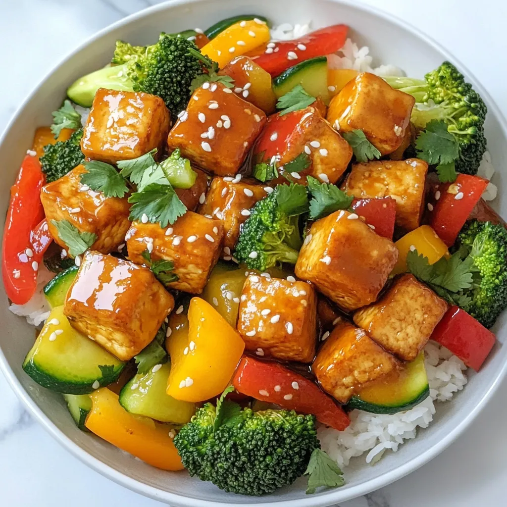 To make a tasty Honey Garlic Tofu Stir Fry, you need the following ingredients: - 1 block (14 oz) firm tofu, drained and pressed - 2 tablespoons cornstarch - 2 tablespoons vegetable oil - 1 bell pepper (any color), sliced - 1 medium zucchini, sliced - 1 cup broccoli florets - 3 cloves garlic, minced - 1/4 cup honey - 3 tablespoons soy sauce (or tamari for gluten-free) - 1 tablespoon rice vinegar - 1 teaspoon sesame oil - Sesame seeds for garnish - Fresh cilantro, chopped for garnish Each ingredient plays a key role in building flavor and texture. Firm tofu holds its shape well and absorbs the honey garlic sauce perfectly. Cornstarch makes the tofu crispy, while the fresh veggies add color and crunch. Garlic and honey create a sweet and savory sauce, making this dish a delight. Gather these ingredients, and you’re set for a simple yet flavorful meal! {{ingredient_image_1}} First, cut the pressed tofu into bite-sized cubes. You want them small so they cook well. Next, coat the tofu cubes in cornstarch. This helps make them crispy when you cook them. Heat the vegetable oil in a large skillet or wok over medium-high heat. Once the oil is hot, add the tofu. Cook the tofu for about 8-10 minutes. Turn the tofu occasionally. You want it golden brown and crispy on all sides. Once done, remove it and set it aside. In the same skillet, add in the sliced bell pepper, zucchini, and broccoli. Stir-fry these for about 4-5 minutes. You want them to be tender-crisp. Then, add the minced garlic to the vegetables. Stir-fry for another minute until the garlic smells great. In a small bowl, whisk together honey, soy sauce, rice vinegar, and sesame oil. Pour this sauce over the stir-fried vegetables. Next, return the crispy tofu to the skillet. Gently toss everything together for about 2 minutes. You want the tofu and veggies well coated and heated through. To get the best crispiness, start with firm tofu. This type holds its shape well. Press the tofu to remove extra moisture. I like to wrap it in a clean towel, then place a heavy object on top for about 15 minutes. Next, cut the tofu into bite-sized cubes. Coat each piece in cornstarch. This creates a crunchy outer layer. Heat vegetable oil in your skillet until it's hot. Fry the tofu until golden brown on all sides. This usually takes about 8 to 10 minutes. If you want a softer texture, try silken tofu. It cooks quickly and absorbs flavors well. However, it won't be crispy. To boost flavor, add spices and herbs. Ginger and chili flakes can add warmth. Fresh basil or cilantro can brighten the dish. If you love garlic, add more cloves for a stronger taste. Adjust the sweetness by adding more honey or using a different sweetener. If you find it too sweet, balance it with extra soy sauce. Taste as you go to find the perfect mix of flavors. For side dishes, serve this stir fry with rice or quinoa. They soak up the sauce nicely. You can also pair it with a fresh salad for crunch. For a beautiful presentation, use a large bowl. Arrange the stir fry in the center. Sprinkle sesame seeds and fresh cilantro on top. This adds color and makes it look gourmet! Pro Tips Press Tofu Thoroughly: Make sure to press the tofu well to remove excess moisture, allowing it to absorb flavors and achieve a crispy texture when cooked. Customize Vegetables: Feel free to swap out the vegetables based on your preference or seasonal availability. Carrots, snap peas, or mushrooms work great in this stir fry! Adjust Sweetness: If you prefer a less sweet stir fry, reduce the amount of honey or substitute with a sugar-free alternative to suit your taste. Serve with Rice: For a complete meal, serve your honey garlic tofu stir fry over steamed rice or quinoa to soak up the delicious sauce. {{image_2}} You can change the veggies in this stir fry. Try carrots, snap peas, or mushrooms. They all add different flavors and colors. If you want a vegan dish, use maple syrup instead of honey. You can also swap soy sauce for tamari to keep it gluten-free. This way, everyone can enjoy it. Want some heat? Add chili paste or sauce to the mix. This will spice it up! If you prefer sweet, you can use agave syrup or maple syrup. Both give a nice sweetness that pairs well with the tofu. Don't be afraid to experiment with these flavors. If you want to switch up the protein, try tempeh or seitan. Both options are tasty and packed with protein. You can also use chickpeas or lentils for more plant-based choices. These additions will make your meal filling and nutritious. To store leftover honey garlic tofu stir fry, place it in an airtight container. Make sure to cool it down first. This helps avoid sogginess. Store it in the fridge for up to 3 days. For best results, keep the tofu and veggies together. This way, they keep their flavor and texture. When you reheat the stir fry, you want it hot and tasty. The stovetop method works best. Just add a splash of water and heat on low. Stir it gently to keep it moist. If you use a microwave, heat it in short bursts. Stop and stir every 30 seconds for even heating. To freeze honey garlic tofu stir fry, let it cool completely first. Use a freezer-safe container or bag. Remove as much air as you can to prevent freezer burn. It can last up to 3 months in the freezer. When you are ready to eat, thaw it in the fridge overnight. Reheat on the stovetop for the best taste and texture. Honey garlic tofu stir fry can last about 3 to 4 days in the fridge. To keep it fresh, store it in an airtight container. This helps to maintain the flavor and texture of the tofu and veggies. Yes, you can make this dish ahead of time. Cook the tofu and veggies, then store them separately. When you are ready to eat, just reheat and combine. This method helps keep everything fresh and tasty. This stir fry pairs well with rice or noodles. You could also serve it with a side salad. For extra crunch, try some toasted nuts or seeds. These options add balance and flavor to your meal. Definitely! To add spice, include red pepper flakes or chili paste in the sauce. You can also add sliced jalapeños to the stir fry. Adjust the spice level based on how much heat you like. Yes, you can use other sweeteners like maple syrup or agave nectar. These alternatives will still deliver sweetness. Just keep in mind that the flavor may change slightly, but it will still be delicious. This blog covered making honey garlic tofu stir fry from start to finish. We discussed key ingredients, step-by-step cooking methods, and handy tips to improve texture and flavor. You learned ways to modify the recipe to fit your needs, whether for taste or dietary choices. Storing and reheating leftovers ensures no food goes to waste, providing easy meals later. Try additional flavors or protein options to keep it exciting. Enjoy this healthy dish, and let your creativity shine!