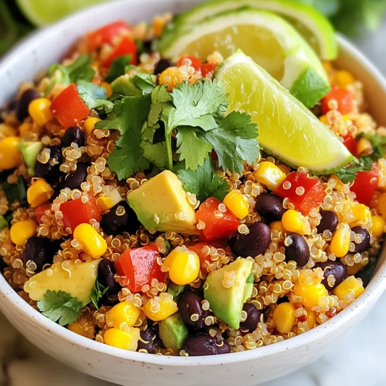 - 1 cup quinoa, rinsed - 1 can black beans, drained and rinsed - 1 cup corn, fresh or frozen - 1 red bell pepper, diced - 1 avocado, diced - 1/4 cup red onion, finely chopped - 1 lime, juiced - 3 tablespoons olive oil - 1 teaspoon cumin - 1/2 teaspoon smoked paprika - Salt and pepper to taste Quinoa is the star of this salad. It's light and fluffy. It cooks well in vegetable broth for added flavor. Black beans add protein and a nice texture. Corn brings sweetness and a pop of color. For the fresh ingredients, I love using a red bell pepper. It adds crunch and a sweet taste. An avocado adds creaminess that balances the other flavors. Red onion gives a nice bite and a hint of sharpness. The dressing is simple yet vibrant. Fresh lime juice brightens the salad. Olive oil gives it a smooth texture. Cumin and smoked paprika add warmth and depth. Season with salt and pepper to taste. Together, these ingredients create a tasty and colorful dish. {{ingredient_image_1}} 1. Boiling and simmering Start by rinsing 1 cup of quinoa under cold water. This helps remove any bitter taste. In a medium saucepan, combine the rinsed quinoa and 2 cups of vegetable broth. Bring it to a boil over high heat. Once boiling, reduce the heat to low, cover the pot, and let it simmer for about 15 minutes. You want the quinoa to absorb all the liquid and become fluffy. 2. Fluffing and cooling After the quinoa is done cooking, remove the pot from heat. Let it sit for a few minutes with the lid on. Then, use a fork to fluff the quinoa gently. This makes it light and airy. Spread the quinoa on a plate to cool down quickly. 1. Dicing and chopping tips While the quinoa cools, it’s time to prepare the vegetables. Start with the red bell pepper. Cut it in half, remove the seeds, and dice it into small pieces. Next, chop 1/4 cup of red onion finely. For the avocado, slice it in half, remove the pit, and scoop it out. Dice the avocado into small cubes. Lastly, rinse 1 can of black beans and 1 cup of corn. 2. Combining ingredients in a bowl In a large mixing bowl, combine the black beans, corn, diced red bell pepper, avocado, chopped red onion, and 1/4 cup of fresh cilantro. Mix these ingredients gently to keep the avocado intact. 1. Whisking methods To make the dressing, grab a small bowl. Add the juice of 1 lime, 3 tablespoons of olive oil, 1 teaspoon of cumin, and 1/2 teaspoon of smoked paprika. Season with salt and pepper. Use a whisk to mix everything together until it’s well combined. 2. Adjusting flavor profiles Taste the dressing. If you want more tang, add more lime juice. For extra flavor, feel free to add a pinch of salt or more spices. Once it tastes just right, pour it over the salad mixture. Now, mix everything gently. Make sure all the ingredients are coated evenly with the dressing. Let the salad sit for about 15 to 20 minutes before serving. This helps the flavors blend together beautifully. To ensure your quinoa is fluffy, rinse it well before cooking. This removes the bitter coating called saponin. Use two cups of vegetable broth for one cup of quinoa. This adds flavor and moisture. After cooking, let it sit for a few minutes. Fluff it gently with a fork to keep it light and airy. Balancing flavors in the salad is key. The sweet corn and creamy avocado pair well with the savory beans. Lime juice adds a nice zing, while cumin and smoked paprika give depth. Taste as you go. Adjust the seasoning to fit your preference. For presentation, serve the salad in a large bowl. Garnish with extra cilantro and lime wedges. This adds a bright touch and makes it look fresh. You can also portion the salad into mason jars. This makes it easy to grab for lunch or a picnic. Pair this salad with grilled chicken or shrimp for extra protein. It also works well with tortilla chips or as a side dish to tacos. This salad is versatile and can complement many meals. The ingredients in this salad offer great nutrition. Quinoa is a complete protein, meaning it has all nine essential amino acids. Black beans add fiber, which is good for digestion. Corn provides vitamins and minerals, while avocado gives healthy fats. To enhance the salad with extra protein, try adding grilled chicken, shrimp, or tofu. You can also mix in nuts or seeds for added crunch and fiber. These additions make the salad even more filling and nutritious. Pro Tips Rinse the Quinoa: Always rinse quinoa before cooking to remove its natural coating, called saponin, which can taste bitter. Fresh Ingredients: Use fresh corn and ripe avocados for the best flavor and texture in your salad. Chill Before Serving: Let the salad chill for at least 15-20 minutes to enhance the flavors and allow them to meld together. Customize Your Dressing: Feel free to experiment with the dressing by adding ingredients like garlic or jalapeño for an extra kick! {{image_2}} You can add grilled chicken or shrimp to the salad. This boosts the protein and makes it heartier. Just grill the chicken or shrimp until cooked. Slice them and mix them in. For a plant-based option, use tofu. Cube the tofu and sauté it until golden. This adds texture and flavor. Want to spice things up? Consider adding jalapeños or other spices. They bring heat and depth. You can also try different dressings. A cilantro-lime dressing can brighten the salad. Or use a creamy avocado dressing for richness. Experiment until you find your favorite mix. Use seasonal vegetables for a fresh twist. In summer, add cherry tomatoes or cucumbers. In fall, consider roasted squash. They enhance flavor and color. You can also use fruits for a sweet touch. Diced mango or pineapple pairs well with the salad. This adds a fun contrast to the savory ingredients. To store leftovers, place the salad in an airtight container. This keeps it fresh longer. You should refrigerate the salad within two hours of making it. The salad will stay good for about three to five days in the fridge. Be sure to check for any signs of spoilage before eating. You can freeze this quinoa salad, but some ingredients may change texture. To freeze, portion the salad into freezer-safe containers. Leave some space at the top for expansion. It will last for about two months in the freezer. To thaw, move the container to the fridge overnight. Reheat gently on the stove or in the microwave. Add a splash of lime juice for freshness. This salad is great for meal prep. Divide it into four serving containers for easy lunches. You can also use mason jars for grab-and-go servings. Start with the dressing on the bottom, then add the quinoa and veggies. When you're ready to eat, just shake it up! This makes a tasty and quick meal anytime. Yes, you can make this salad ahead. It tastes great after chilling. Store it in an airtight container in the fridge. It stays fresh for up to three days. The flavors will blend together nicely. Just keep the avocado separate if you want it fresh and green. Absolutely! This salad is vegan-friendly. It has no animal products at all. Quinoa, beans, and veggies offer plenty of nutrients. It’s a great option for anyone on a plant-based diet. Enjoy it as a main dish or a side. To add heat, try these tips: - Add diced jalapeños for fresh spice. - Mix in some chili powder or cayenne pepper. - Use a spicy dressing with chipotle or hot sauce. Adjust the amount based on your taste. Enjoy your fiery version! In this blog post, we explored the tasty world of Southwest Quinoa Salad. We covered its main ingredients like quinoa, black beans, and fresh veggies. I shared easy steps to cook, prepare, and dress your salad perfectly. You learned tips for storage and meal prep, plus variations to keep it exciting. This colorful dish is not just good for your taste buds; it’s also healthy and easy to make. So grab your ingredients, and enjoy creating this delicious salad!